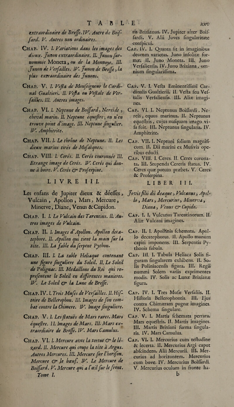 extraordinaire de Breffe.1V. Autre de Boif fard. V. Autres non ordinaires. Chap. IV. 1. Variations dans les images des dieux. Jtinon extraordinaire. II. ffunon fur- nommée Moneta, ou de la Monnoye. III. ffunon de Verfailles. IV. Junon de B-rejJ'e , la fus extraordinaire des Junons. Chap. V. I. Ve fa de Monfeigneur le Cardi¬ nal Gualtieri. U. Vefia ou Vefale de Ver- failles. 111. Autres images. Chap. VI. 1. Neptune de Boifiard, Nereïde , cheval marin. IL Neptune équeftre \ on tien trouve point d'image. 111. Neptune fingulier. IV. Amphitrite. Chap. VII. L Le throne de Neptune. IL Les dieux marins tirés de Mofaïques. Chap. VIII. 1. Cerés. II. Cerés couronnée 111. Etrange image de Cerés. IV. Cerés qui don¬ ne à boire. V. Cerés & Prof erpine. LIVRE III. Les enfans de Jupiter dieux & deefles * Vultain , Apollon* Mars, Mercure, Minerve, Diane, Venus &Cupidon. Chap. I. 1. Le Vulcain des Tarentins. II. Au¬ tres images de Vdcain. Chap. IL L Images d'Apollon. Apollon deca- tephore. 11. Apollon qui tient la main fur la tête. 111. La fable du ferpent Python. Chap. III. 1. La table Heliaque contenant une figure finguliere du Soleil. 11. Le Soleil de Polignac. 111. Médaillons du Roi qui re- prefentent le Soleil en différentes maniérés. IV. Le Soleil O* U Lune de Brejj'e. Chap. IV. 1. Trois Mufes de Verfailles. U. Hif- toire de Bellerophon. 111. Images de fon com¬ bat contre la Chimere. IV. Image finguliere. Chap. V. 1. Lesfiatués de Mars rares. Mars équeftre. II. Images de Mars. 111. Mars ex- traordiaire de Brejfe. IV. Mars Camulus. Chap. VI. 1. Mercure avec la tortue & le lé¬ zard. 11. Mercure qui coupe la tête a Argus. Autres Mercures. 111. Mercure fur l'horifon. Mercure e^* le bœuf. IV. Le Mercure de Boiffard. V. Mercure qui a l’œil fur le front. Tome I. ris BrNianus. IV. Jupiter al ter Boif fardi. V. Alii Joves fingularitate confpicui. Cap. IV. I. Quanta lit in imaginibus deorum varietas. Juno infolitæ for- mæ. II. Juno Moneta. 111. Juno Verfàlienfis. IV. Juno Brixiana , om¬ nium fingulariffima. Cap. V. I. Vefta Eminentiflimi Car- dinalis Gualtierii. II. Vefta feu Vef- talis Verfàlienfis. III* Aliæ imagi¬ nes. Cap. VI. I. Neptunus Boiflardi, Ne- reis , equus marinus. II. Neptunus equeflris , cujus nufquam imago vi- fà fuit. III. Neptunus fîngularis. IV. Amphitrite. Cap. VII. I. Neptüni folium magnifî- cum. II. Dii marini ex Mufivis ope- ribus educli. Cap. VIII. I. Ceres. II. Ceres coroiia- ta. III. Stupenda Cereris flatua. IV. Ceres quæ potum præbet* V. Ceres & Proferpina. LIBER III. ffovis filii dii deœque, Vulcanus, A pol¬ io , Mars, Mercurius, Minerva, Diana, Venus Cupido. Cap. ï. I. Vulcanus Tarentinorum. IL Aliæ Vulcani imagines. Gap. II. I. Apollinis fchemata. Apol- lo decatephorus. il. Apollo manum capiti imponens. 111. Serpentis Py- thonis fabula. Cap. III. I. Tabula Heliaca Solis fi- guram fingularem exhibens. II. So¬ lis Poliniacenfis figura. III. Regii nummi Solem variis exprimentes modis. IV. Solis ac Lunæ Brixîanæ figura. Cap. IV. I. Très Mufæ Verfaliis. II. Hiftoria Bellerophontis. III. Ejus contra Chimæram pugnæ imagines. IV. Schéma fingulare. Cap. V. I. Martis fchemata perrara; Mars equeftris. II. Martis imagines. III. Martis Brixiani forma fingula- ris. IV. Mars Camulus. Cap. VI. I. Mercurius curn teftudir.e &: lecerta. IL Mercurius Argi caput abfcindens. Alii Mercurii. IIL Mer¬ curius ad horizontem. Mercurius cum bove. IV. Mercurius Boiflardi. V. Mercurius oculum in fronte ha- b