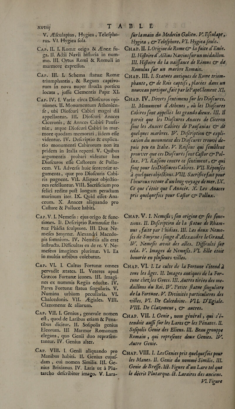 xxvii] V. Æfculapius, Hygiea, Telefpho- rus. VI. Hygiea fola. Cap. II. I. Romx origo 6c Ænex fu- ea. IJ. Acftii Navii hirtoria in num- mo. III. Ortus Remi ôc Romuli in marmore exprell'us. Cap. III. I. Schéma rtatuæ Romæ triumphantis , êc Regum captivo- rum in nova nuper ftru&a porticu locata , julTu Clementis Papæ XI. Cap. IV. I. Variæ circa Diofcuros opi- niones. II. Monumentum Athenîen- fe, u’bi Diofcuri Cabiri magni dii appellantur. III. Diofcuri Anaces Ciceronis, 6c Anaces Cabiri Paufa- niæ, atque Diofcuri Cabiri in mar¬ more quodam memorati, iidem elle videntur. IV. Defcriptio 6c explica- tio monumenri Cabirorum non ita pridem in Italia reperd. V. Quibus argumends probari videatur hos Diofcuros elle Caftorem 6c Pollu- cem. VI. Adverfa huic fententiæ ar¬ gumenta, quæ pro Diofcuris Cabi- ris pugnent. Vil. Aliquot objecdo- nes refelluntur. VIII. Sacrificium pro felici reditu port: longum pera&um marinum iter. IX. Quid effet-Ana- ceum. X. Anaces aliquando pro Caftore ôc Polluce habiti. Cap.V. I. Nemelis : ejus origo ôc func- tiones. If. Defcriptio Ramnulîæ rta- tuæ Phidia fculptore. III. Duæ Ne- mefes Smyrnæ. Alexandri Macedo- pis (omnium. IV. Nemelis alis erat inftrucla. Difficultas ea de re. V. Ne- mefeos imagines plurimæ. VI. Ea in multis urbibus colebatur. Cap. VI. I. Cultus Fortunæ omnes pervadit ætates. II. Veteres apud Græcos Fortunæ icônes. III. Imagi¬ nes ex nummis Regiis eductæ. IV. Parva Fortunæ ftatua lingularis. V. Numina urbium peculiaria. VI. Chalcedonis. VII. Ægiales. VIII. Clazomenæ 6c aliarum. Cap. VII. I. Genius, generale nomen eft, quod de Laribus etiam ÔC Pena- tibus dicitur. II. Solîpolis genius Eleorum. III. Marmor Romanum elegans, quo Genii duo repræfèn- tantur. IV. Genius alter. Cap. VIII. I. Genii aliquando pro Manibus habiti. II. Genius cujuf- dam , cui nomen Similis. III. Ge¬ nius Brixianus. IV. Laris ut à Plu- tarcho deferibitur imago. V. Lara- furlamain du Médecin Galien. V. Efiulapâ* Hygiea 3 &Telefpbore. VI. Hygiea feule. Ch a P. II. I. Origine de Rome & la fuite d’Enée. IL Hifîoire d’A cîius N avilis fur un médaillon. III. Hifîoire de la naijfance de Rémus cr dé Romulus fur un marbre Romain. Chap. III. I. Statues antiques de Rome triom¬ phante y O* de Rois captifs, placées dans urt nouveau portique fait parlePapeClement XL Chap. IV. Divers fentimens fur les Diofcures. IL Monument d’Athènes y ou les Diofcures Cabiresfont appelles les grands dieux. III. il paroit que les Diofcures Anaces de Cicéron font les Anaces Cabires de Paufanias & dè quelques marbres. IV. Defcription O* expli¬ cation du monument des Diofcures trouvé de¬ puis peU en Italie. V. Raifons qui femblent prouver que ces Diofcures f mt Cafior &Pol- lux. VI. Raifons contre ce fentiment 3 O qui font pour le sDiôfcures Cabires. VILRéponfes d quelques obje Liions. Vlll. Sacrifice fait pour P heureux retour d'un long voyage de mer. IX. Ce que çétoit que l* Anacée. X. Les Anaces pris quelquefois pour Cafior & Pollux. \ Chap. V. 1. Nemefis ; fin origine (s* fies fonc¬ tions. IL Defcription de la fiatue de Rbam- nus > faite par Phidias. 111. Les deux Neme- fis de Smyrne j fionge d*Alexandre le Grand. IV. Nemefis avait des ailes. Difficulté fur cela. V. Images de Nemefis. VI. Elle étoit honorée en plufieurs villes. Chap. VI. I. Le culte de la Fortune s'étend à tous les âges. IL Images antiques de la For¬ tune chczjles Grecs. 111. Autres tirées des mé¬ daillons du Roi. IV. Petite fiatue finguliere de la Fortune. V. Divinités particulières des villes. VI. De Calcédoine. VIL D'Egiale. VIII. De Clazpmene, & autres. Chap. VII. 1. Genie, nom général} qui s'é¬ tendait auffi fur les Lares O* les Pénates. IL Sofipolis Genie des Eliens. 111. Beau grouppe Romain , qui reprefinte deux Genies. IV. Autre Genie. Chap. VIII. I. Les Genies pris quelquefois pour les Mânes. II. Genie du nommé Similis. 111. Genie de Breffe. Ifî. Figure d'un Lare tel que le décrit Plutarque. Ci. Laraires des anciens.