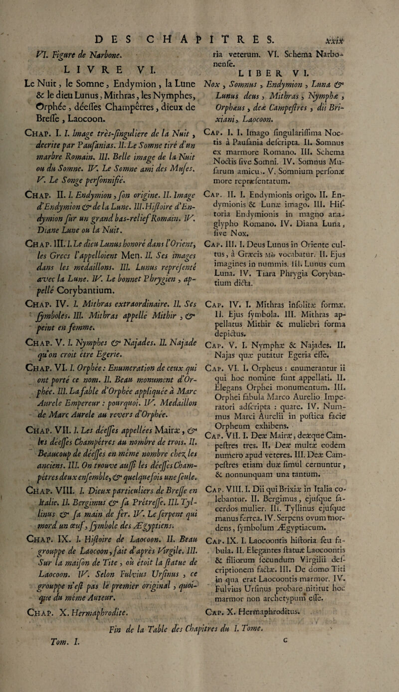 DES C H A P Vl. Figure de Narbone. LIVRE VI. Le Nuit, le Somne, Endymion , la Ltine &: le dieu Lunus , Mithras, les Nymphes, Orphée , déefles Champêtres, dieux de Breflfe, Laocoon. Chap. I. I. Image très-pnguliere de la Nuit, décrite par Paufanias. 11. Le Somne tiré d’un marbre Romain. 111. Belle image de la Nuit ou du Somne. IV. Le Somne ami des Mufes. V. Le Songe perfonnifié. Chap. IL 1. Endymion ,fon origine. IL Image d’Endymion & de la Lune. lll.Hifoire d'En¬ dymion fur un grand bas-relief Komain. IV. Diane Lune ou la Nuit. Ch AP. lll. 1. Le dieu Lunus honoré dans l’Orient, les Grecs F appelaient Men. 11. Ses images dans les médaillons. 111. Lunus reprèjenté avec la Lune. IV. Le bonnet Phrygien , ap¬ pelle Corybantium. Chap. IV. 1. Mithras extraordinaire. IL Ses Jymboles. III. Mithras appelle Mithir , O* peint en femme. Chap. V. 1. Nymphes O* Najades. U. Najade quon croit être Egerie. Chap. VI. I. Orphée: Enumération de ceux qui ont porté ce nom. 11. Beau monument d’Or¬ phée. 111. La fable d’Orphée appliquée à Marc Aurele Empereur : pourquoi. IV. Médaillon de Marc Aurele au revers d’Orphée. Chap. VII. 1. Les déejfes appellées Mairæ, & Us déejfes Champêtres au nombre de trois. IL Beaucoup de déejfes en même nombre che\ les anciens. 111. On trouve aujf les déeJJcsCham- , pêtres deux enfemble, & quelquefois unefeule. Chap. VIII. I. Dieux particuliers de BreJJe en Italie. IL Bergimus & fa Prêtrejfc. 111. Tyl- linus fa main de fer. IV. Le ferpent qui mord un œuf, fymbole des Ægyp tiens. Chap. IX. 1. Hiftoire de Laocoon. II. Beau  grouppe de Laocoon, fait d’après Virgile. 111. Sur la maifon de Tite, ou étoit la flatue de Laocoon. IV. Selon Fulvius IJrfnus , ce grouppe nef pas le premier original, quoi¬ que du même Auteur. Chap. X. Hermaphrodite. Fin de la Table des Chapi î T R Ë S. ria veterum. VI. Schéma Narbo- nenfe. LIBER VI. Nox , Somnus , Endymion , Lun a & Lunus deus , Mithras , Nymphœ , Orphœus , deœ Campefres , dii Bri- xiani, Laocoon. Cap. I. L Imago Engulariffima Noc- tis à Paufània deferipta. II. Somnus ex marmore Romano. III* Schéma Noctis iive Somni. IV. Somnus Mu- larum amicu,. V. Somnium perfonas more repræfentatum. Cap. II. I. Endymionis origo. II. En¬ dymionis de Lunæ imago. III. Hif- toria Endymionis in magno ana- glypho Romano. IV. Diana Luna t lîve Nox. Cap. III. I. Deus Lunus in Oriente cul- tus, à Graecis Mm vocabatur. II. Ejus imagines in nummis. lil. Lunus cum Luna. IV. Tiara Phrygia Coryban- tiuin di&a. Cap. IV. I. Mithras infolitæ formai II. Ejus fymbola. III. Mithras ap- pellatus Mithir 6c muliebri forma depiclus. Cap. V. I. Nymphe 6c Najades. IL Najas quæ putatur Egeria elîè. Cap. VI. I. Orpheus : enumerantur iî qui hoc nomine funt appellati. IL Elegans Orphei monumentum. IIL Orphei fabula Marco Aurelio Impe- ratori adfcripta : quare. IV. Num- mus Marci Aurelii in poftica facie Orpheum exhibens. Cap. Vil. I. Dese Mairæ, de£queCam- peftres très. II. Deæ multæ eodem numéro apud veteres. III. Deæ Cam- peftres etiam duæ fimül cernuntur , 6c nonnunquam una tantum. Cap. VIII. I. Dii quiBrixiæ in Italia co- lebantur. II. Bergimus , ejufque fa- cerdos mulier. Ili. Tyllinus ejufque manus ferrea. IV. Serpens ovum mor- dens, fymbolum Ægyptiacum. Cap. IX. I. Laocoontis hiftoria feu fa¬ bula. II. Elégantes ftatuae Laocoontb 6c filiorum fecundum Virgilii def- criptionem faclæ. 10. De domo Titi in qua erat Laocoontis marmor. IV. Fulvius Urfinus probare nititut hoc marmor non archetypum elle. Cap. X. Hermaphroditus. très du I. Tome. Tom. 1. c