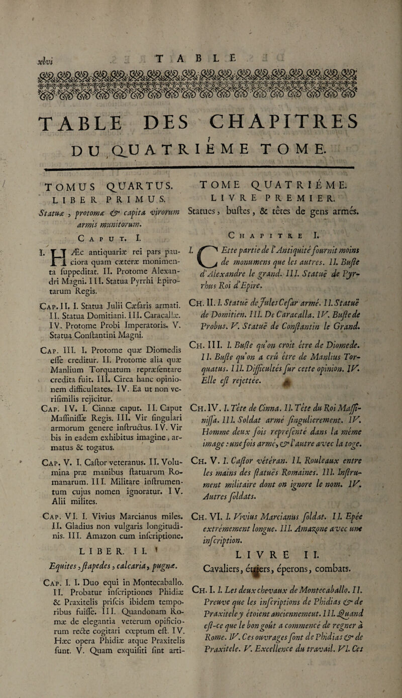 xhi . - TABLE TABLE DES CHAPITRES D U (TU ATRIEME TOME. TOMUS Q^UARTUS. LIBER PRIMUS. Statua 3 protomœ & capita virorum armis munitorum. C A P U T. I. y ï. T_J Æc antiquariæ rei pars pau- n ciora quain cæteræ monimen- ta fuppeditat. II. Protome Alexan- dri Magni. III. Statua Pyrrhi Epiro- tarum Regis. Cap. II. I. Statua Julii Cæfaris armati. II. Statua Domitiani. III. Caracaliæ. IV. Protome Probi Imperatoris. V. Statua Conftantini Magni. Cap. III. I. Protome quæ Diomedis elle creditur. II. Protome alia quæ Manlium Torquatum repræfentare crédita fuit. III. Circa hanc opinio- nem difficultates. IV. Ea ut non ve- rilimilis rejicitur. Cap. IV. I. Cinnæ caput. II. Caput Maffiniflæ Regis. III. Vir fingulari armorum çenere inftructus. IV. Vir bis in eadem exhibitus imagine , ar- matus de togatus. Cap. V. I. Caftor veteranus. II. Volu- mina præ manibus ftatuarum Ro- manarum. III. Militare inftrumen- tum cujus nomen ignoratur. IV. Alii milites. TOME (QUATRIÈME. LIVRE PREMIER. Statues 5 buftes, & têtes de gens armés. Chapitre I. 1. {f ' Ette partie de l'Antiquité fournit moins de monumens que les autres. 11. Bufle d'Alexandre le grand. 111. Statué de Pyr¬ rhus Roi d'Epire. Ch. II. I. Statué de fuies Ce far armé. ll.Statué de Domitien. 111. De Caracalla. IV. Bufede Probus. V. Statué de Conflantin le Grand» Ch. III. 1. Bufle quon croit être de Diomede. 11. Bufle quon a cru être de Manlius Tor- quatus. 111. Dijflcultés fur cette opinion. J JS. Elle efl rejettée. ^ Ch. IV. 1. Tête de Cinna. IL Tête du Roi Majfl- nifla. 111. Soldat armé flngulierement. IV. Homme deux fois reprèfenté dans la même image : une fois armé, & l'autre avec la toge. Ch. V. I. Caflor vétéran. 11. Rouleaux entre les mains des flatuës Romaines. 111. Inflru- ment militaire dont on ignore le nom. IV. Autres foldats. Cap. VI. I. Vivius Marcianus miles. II. Gladius non vulgaris longitudi- nis. III. Amazon cum inferiptione. LIBER. II. * Equités 3flapedes 3 cale aria, pugnœ. Cap. I. I. Duo equi in Montecaballo. II. Probatur inferiptiones Phidiæ &; Praxitelis prifeis ibidem tempo- ribus fuiiîe. III. Quandonam Ro- mæ de elegantia veterum opidcio- rum recte cogitari cœptum eft. IV. Hæc opéra Phidiæ atque Praxitelis funt. V. Quam exquifîti Tint arti- Ch. VI. 1. Vivius Marcianus foldat. 11. Epée extrêmement longue. 111. Amazone avec une infeription. LIVRE II. Cavaliers, éthers, éperons, combats. Ch. 1.1. Les deux chevaux de Montecaballo. II. Preuve que les inferiptions de Phidias & de Praxitèle y étoient anciennemeut. 111. Jéhtand efl-ce que le bon goût a commencé de regner à Rome. IV. Ces ouvrages font de Phidias & de