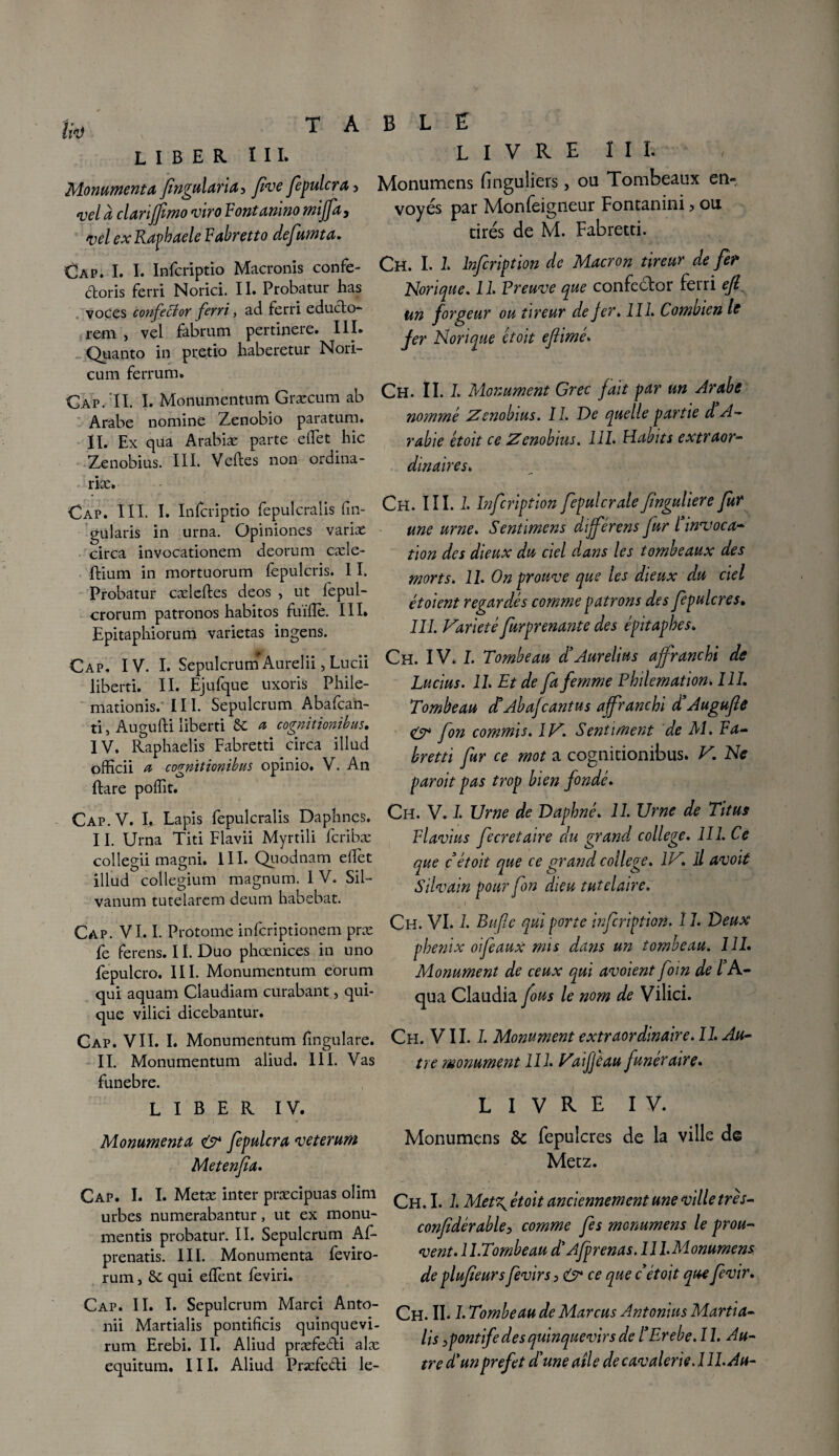 fc T A LIBER III. Monument a fingularia-> fve fepulcra5 0 clariffmo viro Fontanino miffa, vel ex Raphaële Fabretto defumta. Cap. I. I. Infcriptio Macroms confe- cftoris ferri Norici. II» Probatur bas voces confeBor ferri, ad ferri educto- rem , vel fabrum pertinere. III. Quanto in pi:etio baberetur Nori- cum ferrum. Cap. II. I. Monumentum Græcum ab Arabe nomme Zenobio paratum. II. Ex qua Arabiæ parte elfet hic Zenobius. III. Veftes non ordina- B L £ LIVRE ï I I. Monumens finguliers, ou Tombeaux en¬ voyés par Monfeigneur Fontanini ? ou cirés de M. Fabretti. Ch. I. I lnfcription de Macron tireur de fer Norique. 1I. Preuve que confector ferri ejl un forgeur ou tireur de fer. IIL Combien le fer Norique étoit eflimé. Ch. II. L Monument Grec fait par un Arabe nommé Zenobius. IL De quelle partie d A- rabie étoit ce Zenobius. IIL Habits extraor- dinairesk næ. Cap. III. I. Infcriptio fepulcralis fin- gu laris in urna. Gpiniones variæ circa invocationem deorum cæle- ftium in mortaorum fepulcris. 11. Probatur cæleftes deos , ut fepul- crorum patronos babitos fuÏÏlè. III» Epitaphiorum varietas ingens. Cap. IV. I. Sepulcrum* Aurel ii, Lucii liberti. II. Ejufque uxoris Pbile- mationis. III. Sepulcrum Abafcan- ti, Augufti liberti 8c a cognitionibus. IV. Raphaelis Fabretti circa illud offîcii u cognitionibus opinio. V. An Rare poffit. Cap. V. L Lapis fepulcralis Dapbncs. 11. Urna Titi Flavii Myrtili fcribæ collegii magni. III. Quodnam effet illud collegium magnum. IV. Sil- vanum tutelarem deum habebat. Cap. VI. I. Protome infcriptionem præ fe ferens. 11. Duo phœnices in uno fepulcro. III. Monumentum eorum qui aquam Claudiam curabant, qui- que vilici dicebantur. Cap. VII. I. Monumentum fingulare. II. Monumentum aliud. III. Vas funebre. LIBER IV. Ch. III. I. Infcription fepulcrale finguliere fur une urne. Sent mens différons fur L'invoca¬ tion des dieux du ciel dans les tombeaux des morts. IL On prouve que les dieux du ciel étoient regardés comme patrons des fepulcres. III. Variété furprenante des épitaphes» Ch. IV. L Tombeau d’Aurelius affranchi de Lucius. IL Et de fa femme Philemation. IIL Tombeau et Ab afcant us affranchi d’Augufte & fon commis. IV. Sentiment de M. P a- hretti fur ce mot a cognicionibus. V. Ne par oit pas trop bien fondé. Ch. V. 1. Urne de Daphné. II. Urne de Titus Flavius fecretaire du grand college. III. Ce que cétoit que ce grand college. IV, Il avoit Silvain pour fon dieu tut claire. Ch. VI. I. Buflc qui porte infcription. IL Deux phénix oifeaux mis dans un tombeau. IIL Monument de ceux qui avoient foin de F A- qua Claudia fous le nom de Vilici. Ch. VII. I. Monument extraordinaire. IL Au¬ tre monument IIL Vaifjèau funéraire. livre IV. Monumenta O* fepulcra veterum Metenfa. Cap. I. I. Metæ inter præcipuas olim urbes numerabantur, ut ex monu- mentis probatur. II. Sepulcrum Af- prenatis. III. Monumenta feviro- rum, & qui elfent feviri. Cap. II. I. Sepulcrum Marcî Anto- nii Martialis pontifïcis quinquevi- rum Erebi. II. Aliud præfefbi alæ equitum. III. Aliud Præfedi le- Monumens & fepulcres de la ville de Metz. Ch. 1.1. Met^g étoit anciennement une ville trés- confidérable, comme fs monumens le prou¬ vent. 11.Tombe au d’Af renas. IIl.Monumens de plufieurs fevirs > & ce que c étoit que fevir. Ch. II. L Tombeau de Marcus Antonius Martia¬ lis }pontife des quinquevirs de l’Erebe. 11. Au¬ tre d’unprefet d’une aile de cavalerie. I IL Au-