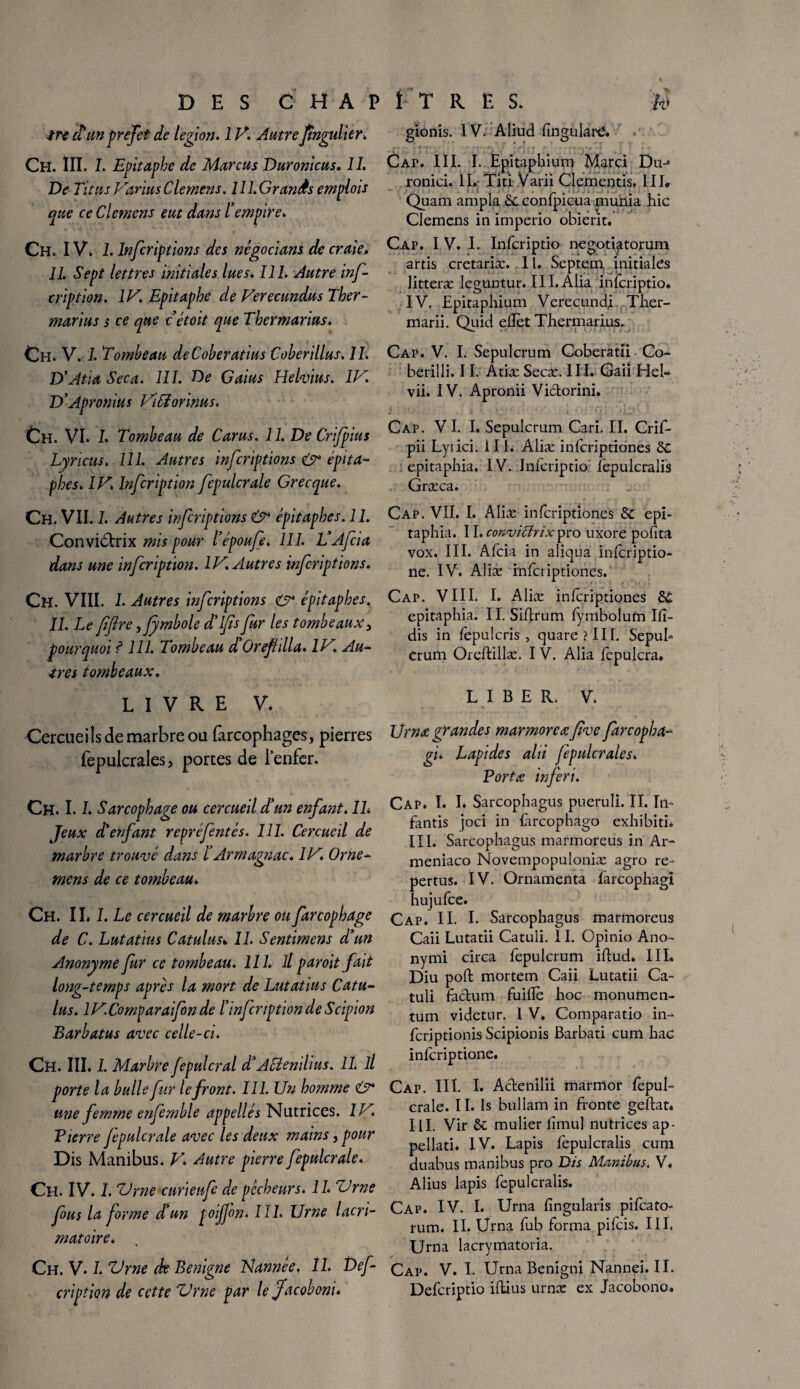 tre a un préfet de légion. 1V. Autre Jingulier. Ch. III. I. Epitaphe de Marcus Duronicus. 11. De Titus Varius Clemens. 111. Grands emplois que ce Clemens eut dans l’empire. i Ch. IV, 1. Infcriptions des négociant de craie. 11. Sept lettres initiales lues. 111. Autre inf¬ cription. IV. Epitaphe de Verecundus Ther- marius s ce que cétoit que Thermarius. Ch, V. 1. Tombeau de Coberatius Coberillus. 11. D'Atia Seca. 111. De Gains Helvius. IV. D’Apronius Vi Ci or mus. Ch. VI. 1. Tombeau de Carus. 11. De Crifpius Lyricus. 111. Autres infcriptions & épita¬ phes. IV. Infcription fepulcrale Grecque. Ch. VII. 1. Autres infcriptions & épitaphes. 11. Convich'ix mis pour l’époufe. 111. L’Afcia dans une infcription. IV. Autre s infcriptions. Ch. VIII. 1. Autres infcriptions O* épitaphes. II. Le fftre ,Jymbole d’ifs fur les tombeaux 3 pourquoi ? 111. Tombeau d’Oreflilla. IV. Au¬ tres tombeaux. gionîs. IV. Aliud fingulare. Cai*. III. I. Epitaphium Marci Du-* ronici. IL Titi Varii Clementis. III* Quam ampla &: conlpicua muhia hic Clemens in imperio obient. Cap. I V. I. Infcriptio negotiatorum artis cretariæ.. 1 U Septem, initiales litteræ legüntur. III. Alia infcriptio» IV. Epitaphium Verecundj Ther- marii. Quid eflèt Thermarius. Cap. V. I. Sepulcrum Coberatii Co- berilli. 11. Atiæ Secæ. II I. Gaii Hel- vii. IV. Apronii Victorini. Cap. VI. I. Sepulcrum Cari. II. Crif- pii Lyiici. III. Aliæ inferiptiones 5c epitaphia. IV. Infcriptio fepulcralis Græca. Cap. VII. I. Aliæ inferiptiones &: epi¬ taphia. 11. conviBrix pro uxore pofita vox. III. Afcia in aliqua inlcriptio- ne. IV. Aliæ inferiptiones. Cap. VIII. I. Aliæ inferiptiones epitaphia. II. Siftrum fymbolum Ifi- dis in lèpulcris , quare? III. Sepub Crum Oreltillæ. IV. Alia fepulcra. livre V» LIBER. V. Cercueils de marbre ou farcophages, pierres fepulcrales, portes de l’enfer. Ch. 1.1. Sarcophage ou cercueil d’un enfant. Il Jeux d'enfant repréfentés. 111. Cercueil de marbre trouvé dans l'Armagnac. IV. Orne- mens de ce tombeau. Ch. 11* 1. Le cercueil de marbre ou farcophage de C. Lutatius Catulus» Il Sentiment d’un Anonyme fur ce tombeau. 111. Il par oit fait long-temps apres la mort de Lutatius Catu¬ lus. IVComparaifon de l’infcription de Scipion Barbatus avec celle-ci. Ch. III. 1. Marbre fepulcral d’AClenilius. IL il porte la bulle fur le front. 111. Un homme & une femme enfemble appelles Nutrices. IV P terre fepulcrale avec les deux mains, pour Dis Manibus. V. Autre pierre fepulcrale. Ch. IV. L Urne curienfi de pécheurs. 11. Urne fous la forme d’un poijjôn. II l Urne lacri- matoire. Cu.V.I.Urnede Benigne Vannée, Il Def cripùon de cette Urne par le Jacoboni* Urnæ grandes marmoreæ five farcopha- gi. Lapides alii fepulcrales. Portée inferi. Cap. I. I. Sarcophagus puerulî. II. In- fantis joci in {àrcophago exhibiti» III. Sarcophagus marmoreus in Ar- meniaco Novempopuloniæ agro re- pertus. IV. Ornamenta farcophagî hujufce. Cap. II. L Sarcophagus marmoreus Caii Lutatii Catuli. 11. Opinio Ano- nymi circa fepulcrum iftud. III» Diu poft mortem Caii Lutatii Ca¬ tuli factum fuiflè hoc monumen- tum videtur. 1 V. Comparatio in¬ feri ptionis Scipionis Barbati cum hac inlcriptione. Cap. III. I. Actenîlii marmor lèpul- crale. II. 1s btillam in fronte geltat* III. Vir &: mulier limul nutrices ap- pellati. IV. Lapis fepulcralis cum duabus manibus pro Dis Manibus. V» Alius lapis fepulcralis. Cap. IV. I. Urna fingularis pilcato- rum. II. Urna fub forma pifeis. III. Urna lacrymatoria. Cap. V. I. Urna Benigni Nannei. II. Defcriptio iftius urnæ ex Jacobono»