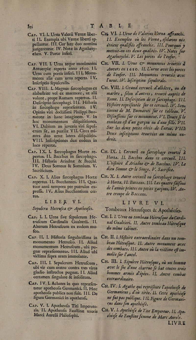 TABLE foi Cap. VL I. Urna Valerii Vernæ liber- ti II. Exempla ubi Vernæ iibertiap- pellantur. III. Cur hæc duo nomina jungerentur. IV. Notæ in Agathety- chen. V. Portæ inferi. » ii**' j Cap. VII. I. Urna atqùe monimenta Antuerpiæ reperta anno 1610. II. Urna cum portis inferi. III. Monu- xnenta alla cum urna reperta. IV. Infcriptio fepulcralis. Cap. VIII. I. Magnus farcophagus ex alabaftrite vei ex marmore, ut alii volunt, prope Romam repertus. IL Defcriptio farcophagi. 11 i. Hiftoria in fàrcophago repræfentata. IV. Opinio viri doctifïîmi PhilippiBuo- narotæ in hanc imaginem. V. In hoc monumentum difquifitiones. VL Dubium an juvenis viri fepul- crum fît, an puællæ VII. Circa mi¬ nora duo urnæ latera difquifîtio. VIII. Infcriptiones duæ eodem in loco repertæ. Cap. IX. I. Sarcopliagus Hortæ re¬ pertus. II. Bacchus in farcophago. III. Hiftoria Ariadnæ 6c Bacchi. IV. Deus Somnus 6c Somnium. V. Sacrifîcium. Cap. X. I. Alius farcophagus Hortæ repertus. II. Bacchantes. III. Qua¬ tuor anni tempora per puerulos ex- preflà. IV. Alius Bacchantium cœ- tus. L I B E JL VI. Sepulcra Hetrufca & Apotheofes. Cap. I. I. Urna fîve fepulcrum He¬ trufcum Cardinalis Gualterii. IL Alterum Hetrufcum ex eodem mu^- feo. Cap. II. I. Hifloria fîngularifîîma in monumento Hetrufco. 11. Aliud monumentum Hetrufcum, ubi pu- gnæ repræfentantur. III. Aliud ubi victima fupra aram immolatur. Cü. VI. I. Urne de Valertas Verna affranchi, 11. Exemples ou les Vernæ., eficlaves nés et oient qualifiés affranchis. III. Pourquoi y mettoit-on ces deux qualités. IV. Notes fur Agathetyché. V. Les portes de l'enfer. Ch. VII. 1. Vrne & monumens trouvés à Anvers en 1610. IL L'urne avec les portes de l'enfer. 111. Monumens trouvés avec l'urne. IV. Infcription fépulcrale. Ch. VIII. L Grand cercueil d'albâtre, ou de marbre , félon d'autres ^ trouvé auprès de Rome. 11. Defcription de ce farcophage. 111. Hiftoire repréfentée fur ce cercueil. IV. Sen¬ timent de M. Buonaroti fur ce tableau. V. Difcujfions fur ce monument. VI. Doute fi le tombeau efi d'un garçon ou d'une fille. Vil. Sur les deux petits cotés de l'urne. VIH: Deux infiriptions trouvées au meme en¬ droit. Ch. IX. 1. Cercueil ou farcophage trouvé â Horta. II. Bacchus dans ce cercueil. Ï1L L hifloire d'Ariadne £r de Bacchus. IV. Le dieu Somne le Songe. V. Sacrifice. Ch. X. 1. Autre cercueil ou farcophage trouvé a Horta. 11. Baccans. 111. Les quatre faifons de l'année peintes en petits garçons. IV. Au¬ tre troupe de Baccans. LIVRE VI. Tombeaux Hetrufques 6c Apothéofçs. Ch. 1.1. Urne ou tombeau Hétrufque du Cardi¬ nal Gualtieri. 11. Autre totnbeau Hétrufque du meme cabinet. Ch. II. 1, Hiftoire extraordinaire dans un tom¬ beau Hétrufque. II. Autre monument avec des combats. 111. Autre ou la viciime efi im¬ molée fur l'autel. Cap. III. I. Sepulcrum Hetrufcum, ubi vir cum aratro contra très viros gladio inftru&os pugnat. 11. Aliud certamen fîngulare 6c infolitum. Cap. IV. I. Achates in quo repræfèn- tatur apotheofîs Germanici. II. Hæc apotheofîs publica non fuit. III. De figura Germanici in apotheofî. Cap. V. I. Apotheofîs Titi Imperato- ris. II. Apotheofîs Fauflinæ uxoris Marci Aurelji Philofophi. Ch. III* 1. Sépulcre Hetrufque9 ou un homr, avec le foc d'une charrue fe bat contre trc hommes armes d epees. Il» Autre comb, extraordinaire. Ch. IV. I. Agathe qui repré fente l'apotheofe < Germanicus, d'ou tirée. II. Cette apothéc ne fut pas publique. 111. Figure de Germar, eus dans fin apothéofe. Ch. V. 1. Apotheofe de Lite Empereur. II. Ap tbéofi de Fauftme femme de Marc Annie, LIVR