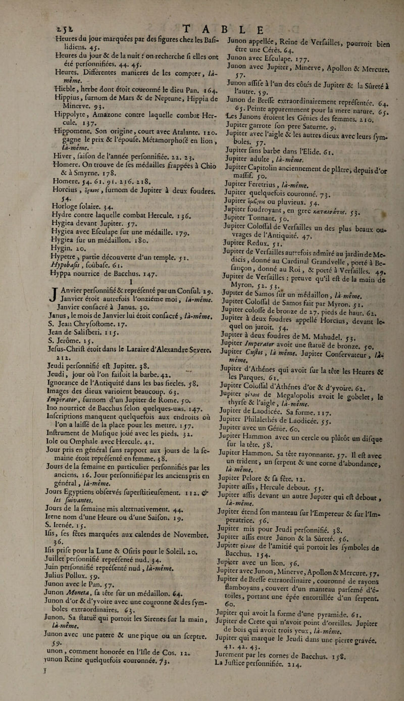 Heures du jour marquées par des figures chez les Bafi- lidiens. 4y. Heures du jour & de la nuit i on recherche fi elles ont été perfonnifiées. 44. 45. Heures. Différentes maniérés de les compter, là- meme. -, Hieble, herbe dont étoit couronné le dieu Pan. 164. Hippius, furnom de Mars & de Neptune, Hippia de Minerve. 93. Hippolyte, Amazone contre laquelle combat Her¬ cule. 137. Hippomene. Son origine, court avec Atalante. 120. gagne le prix & l’époufe. Métamorphofé en lion , là-même. Hiver, faifon de l’année perfonnifiée. 22. 23. Homere. On trouve de fes médailles frappées à Chio & à Smyrne. 178. Homere. y4. 61. yi. 2.16. 218. Horcius , o$Ktoi, furnom de Jupiter à deux foudres. 5 4- Horloge folaire. 34. Hydre contre laquelle combat Hercule. 136. Hygiea devant Jupiter, y 7. Hygiea avec Efculape fur une médaille. 179. Hygiea fur un médaillon. 180. Hygin. 20. Hypetre , partie découverte d’un temple, y x. Hypobafîs , foubafe. 61. Hyppa nourrice de Bacchus. 147. 1 Anvier perfonnifié & repréfenté par un Conful. 2 9. Janvier étoit autrefois l’onzième moi, là-même. Janvier confacré à Janus. 30. Janus, le mois de Janvier lui étoit confacré , là-même. S. Jean Chryfoftome. 17. Jean de Salifberi. 1 iy. S. Jerôme. 1 y. Jefus-Chrift étoit dans le Larairc d’Alexandre Seyere. 212. Jeudi perfonnifié eft Jupiter. 38. Jeudi, jour où l’on faifoit la barbe. 42. Ignorance de l’Antiquité dans les bas fiecles. y 8. Images des dieux varioient beaucoup. 63. Impêrator, furnom d’un Jupiter de Rome. yo. Ino nourrice de Bacchus félon quelques-uns. 147. Infcriptions manquent quelquefois aux endroits où l’on a laiffé de la place pour les mettre. 1 y 7. Inftrument de Muiique joué avec les pieds. 3 2. Iole ou Omphale avec Hercule. 41. Jour pris en général fans rapport aux jours de la fe- maine étoit repréfenté en femme. 38. Jours delà femaine en particulier perfonnifiés par les anciens. 16. Jour perfonnifié par les ancienspris en général, là-même. Jours Egyptiens obfervés fuperftitieufement. 112. Cr les fuivantes. Jours de la femaine mis alternativement, 44. Irene nom d’une Heure ou d’une Saifon. 19. S. Irenée. 1 y. Ifis, fes fêtes marquées aux calendes de Novembre. 3 6. Ifis prife pour la Lune & Ofiris pour le Soleil. 20. Juillet perfonnifié repréfenté nud. 34. Juin perfonnifié repréfenté nud, là-même. Julius Pollux. 59. Junon avec le Pan. 57. Junon Moneta, fa tête fur un médaillon. 64. Junon d’or & d’y voire avec une couronne êedesfym- boles extraordinaires. 63. Junon. Sa ftatuë qui portoit les Sirenes fur la main, là-même. Junon avec une patere & une pique ou un feeptre. S9- unon , comment honorée en l’ifle de Cos. 12. Tunon Reine quelquefois couronnée. 73. J Junon appellée, Reine de Verfailles, pourrait bien etre une Cérès. 64. Junon avec Efculape. 177. Junon avec Jupiter, Minerve, Apollon & Mercure. 57- Junon afifife à l’un des côtés de Jupiter &: la Sûreté à l’autre. 59. Junon de Breffe extraordinairement reprefentée. 64. Gy. Peinte apparemment pour la mere nature. 6y. Les Junons étoient les Génies des femmes. 21 o. Jupiter garrote fon pere Saturne. 9. Jupiter avec l’aigle & les autres dieux avec leurs fym- boles. y 7. 7 Jupiter fans barbe dans l’Elide. 61. Jupiter adulte , là-même. JupiterCapitolin anciennement de plâtre, depuis d’or mafiif. y o. Jupiter Feretrius, là-même. Jupiter quelquefois couronné. 73. Jupiter onQfios ou pluvieux. 54. Jupiter foudroyant, en grec nctTctiTX7>K. y3. Jupiter Tonnant, yo. Jupiter Colofial de Verfailles un des plus beaux ou¬ vrages de l’Antiquité. 47, Jupiter Redux. y 1. Jupiter de Verfailles autrefois admiré au jardin de Me- dicis , donné au Cardinal Grandvelle , porté à Be- lançon, donné au Roi, & porté à Verfailles. 49. Jupiter de Verfailles ; preuve qu’il eft de la main de Myron. y 2. y 3^ Jupiter de Samos fur un médaillon, là même. Jupiter Colofial de Samos fait par Myron. y 1. Jupiter colofie de bronze de 27. pieds de haut, 62. Jupiter à deux foudres appellé Horcius, devant le¬ quel on juroit. y4. Jupiter à deux foudres de M. Mahudel. y 3. Jupiter /mperator avoit une ftatuë de bronze, yo. Jupiter Ctiftos, là même. Jupiter Confervateur, là* meme. Jupiter d’Athènes qui avoit fur la tête les Heures & les Parques. 61. Jupiter Colofial d’Athènes d’or & d’yvoire. 62. Jupiter pi Mo? de Megalopolis avoit le gobelet, le thyrfe & l’aigle, là-même. Jupiter de Laodicee. Sa forme. 117. Jupiter Philalethes de Laodicée. y y. Jupiter avec un Génie. 60. Jupiter Hammon avec un cercle ou plutôt un difque fur la tête, y 8. ^ Jupiter Hammon. Sa tête rayonnante, y7. Il eft avec un trident, un ferpent & une corne d’abondance, là même, Jupiter Pelore & fa fête. 12. Jupiter a fiis, Hercule debout, y y. Jupiter aftis devant un autre Jupiter qui eft debout, la-même. Jupiter étend fon manteau fur l’Empereur Sc fur l'Im¬ pératrice. y G. Jupiter mis pour Jeudi perfonnifié. 3 S. Jupiter aftis entre Junon & la Sûreté, y 6. Jupiter ç/A/oy de l’amitié qui portoit les fymboles de Bacchus. iy4. Jupiter avec un lion, y6. Jupiter avec Junon, Minerve, Apollon & Mercure, y 7. Jupiter deBreftè extraordinaire, couronné de rayons flamboyans, couvert d’un manteau parfemé d’é¬ toiles, portant une épée entortillée d’un ferpent. 60. Jupiter qui avoit la forme d’une pyramide. 61. Jupiter de Crete qui n'avoit point d’oreilles. Jupiter de bois qui avoit trois yeux, là-même. Jupiter qui marque le Jeudi dans une pierre gravée. 41.42.43. Juiement par les cornes de Bacchus. iy8. La Juftice perfonnifiée. 214.