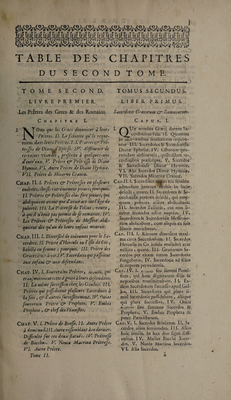 •g % TABLE DES CHAPITRES '!'1 *'' _ ' * ' * ' •' ', : . •. .• ■/J rn .jn!;; ■, ,V ! J'HJM' - ;r;j(J DU SECOND TO ME. : TOME SECOND. LIVRE PREMIER. -4 / eiro li ■• ■•''•-nuT' Il Offî TOM US SECUNDUS* LIBER PRIMUS. yj Les Prêtres des Grecs & des Romains. Sacerdotes Grœcorum & Romanorum* Chapitre I. J. T Oms que les G ecs don noient à leurs \ Prêtres. IL La Jaintete qu Is reque- roieni dans leurs Prêtres. I A. P ttres & Prê- trcjjes de Diane AL Eph Je. 1V. Abfhnence de certaines viandes , prefcrite à quelques-uns dLentr eux. V. Prêtre & PrêtAjfe de Diane Hymnie. VL Autre Prêtre de Diane Hymnie. VIL Prêtre de Minerve Crâne a. Chai». II. L Prêtres & Prêtrejjes en plufeurs endroits, choif s extrêmement jeunes', pourquoi. 11. Prêtres & Prêtrejjes élus fort jeunes, qui abdiquoient avant que etavoir att. int Page de puberté. 111. La Prêtrejje de Tel lus , veuve, à qui il nétoit pas permis de Je rema rier. 1V. Les Prêtres & Prêtrejjes de Mejfene abdi¬ quoient dès quun de leurs enfans mouroit. Chap. III. L Diverfité de coutumes pour le Sa¬ cerdoce. IL Prêtre d’Hercule en l ijle de Cos, habillé en femme s pourquoi. 111. Prêtre des Grâces étoit à vie.l V. Sacerdoces qui pajjoient aux enfans O* ttux defeendans. Chap. IV. L Souverains Prêtres, Af^ûV, qui tranjrnettoient cette dgmté à leurs defeendans. 11. La même fuccejfon che^ les Gaulois. 111. Prêtres qui pojfedoient plufeurs Sacerdoces à la fois , & etautres fucceffivement. IV. Onias fouverain Prêtre & Prophète. V. Embés Prophète , O* chef des Péamfles. Chap. V. 1. P*rêtre de Brejfe. 11. Autre Prêtre à demi nud.UL Autre rejfèmblant à ce dernier. Difficulté fur ces deux fatu’es. IV. Prêtrejje de Bacchus. V. Nonia Macrina Prêtrejje. VL Autre Prêtre. Tome 11. I. C A P U T. L Ux nomina Græci darent Sa^ ry cerdotibus fuis, il. Quan ta m in iacerdotibus fanclitarem require- rent III. Sacerdotes & Sicerdotilîx Dianæ Ephefiæ. 1V. Ciborum quo- rumdam abftinentia, qui bu (dam )a- cerdotibus præfcripta. V. Sicerdos Sc Sacerdotilla Oianct Hyrnnix. VL A lia Sacerdos Dianæ Hymniæ. VIL Sacerdos Minervx Craneæ. Cap.II. I. Sicerdotes maresleu feminæ admodum juvenes multis in locis delecti j quare. 11. Sacerdotes & Sa- cerdoriilx juvenes delecti, qui ante- quam puberes eilent abdicabanU IIL Sacerdos Telluris, cui non li- cebat fecundas adiré nuptias. I V. Sacerdotes &c Sacerdotidx Melleuio- rum abdicabant, cum aliquis ex luis liberis moriebatur. Cap. III. L Rituum diverfitas maxi- ma circa Sacerdorium. 11. Sacerdos Herculis in Co infula muliebri erac veilitu i quare. Iii. Gratiarum Sa¬ cerdos per vitam totam Sacerdotio fungebatur. IV. Sacerdotia ad filios èc nepotes pervadentia. Cap. IV. L leu lummi Ponti- fices, qui liane dignitatem fîliis tk. nepotibus tranfmittebant. I I. Ea- dem Sacerdotutn fucceliio apud Gal- los. 111. Sacerdotes qui plura ll- mul Sacerdotia polîidebant, aliique qui plura fuccetfive. IV. Onias a?Xlilive liimmus Sacerdos Sc Propheta. V. Embes Propheta &C pater Pæaniftarum. Cap. V. L Sacerdos Brixianus. II. Sa¬ cerdos alius leminudus. III. Alius huic liffiilis, In ha:c duo ligna dilfi- cultas. I V. Mulier Bacchi S icer- dos. V. Nonia Macrina Sacerdos. V I. Alia Sacerdos, y a