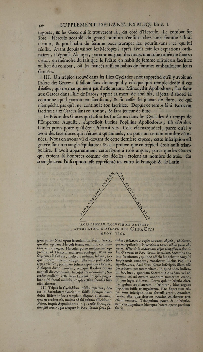 tagoras, & les Grecs qui fe trouvèrent là , du côté d’Hercuîe. Le combat fut âpre. Hercule accablé du grand nombre s’enfuit chez une femme Thra- cienne, & prit l’habit de femme pour tromper les pourfuivans ^ ce qui lui réüflit. Ayant depuis vaincu les Meropes, apres avoir fait les expiations ordi¬ naires 3 il époufa Alciope , portant au jour des noces une robe ornée de fleurs : c’écoit en mémoire du fait que le Prêtre en habit de femme oftroit un facrifice au lieu du combat, ou les fiancés aufli en habits de femmes embrafloient leurs fiancées. III. Un trépied trouvé dans les Ifles Cyclades 3 nous apprend qu’il y avoir un Prêtre des Grâces : il falloit (ans doute qu’il y eût quelque temple dédié à ces déeflès 3 qui ne manquoient pas d’adorateurs. Minos, dit Apollodore 3 facrifiant aux Grâces dans l’Ifle de Paros 3 apprit la mort de fon fils ; il jetta d’abord la couronne qu’il portoit en facrifiant, & fit ceffer le joueur de flûte 3 ce qui n’empêcha pas qu’il ne continuât fon facrifice. Depuis ce temps-là à Paros on facrifioit aux Grâces fans couronne, & fans joueur de flûte. Le Prêtre des Grâces qui faifoit fes fondions dans les Cyclades du temps de l’Empereur Augufte, s’appelloit Lucius Popillius Apollodorus, fils d’Aulus. L’infcription porte qu’il étoit Prêtre à vie. Cela eft marqué ici, parce qu’il y avoit des facerdoces qui n’étoient qu’annuels, ou pour un certain nombre d’an¬ nées. Nous en avons vu ci-devant de cette derniere efpece ; cette infeription eft gravée fur un triangle équilatere ; & cela prouve que ce trépied étoit auffi trian¬ gulaire. Il avoit apparemment cette figure à trois angles 3 parce que les Grâces qui étoient là honorées comme des déeflès 3 étoient au nombre de trois. Ce triangle avec l’infcription eft repréfenté ici entre le François & le Latin. *XOIX UOVXV •lOIWIUOU ’XOÏXXHV attokatopi. kpaisapi. ©eû. CebaCuh © E O T. TIfîX. gorze partes &ad opem ferendam tranfeunt. Græci, qui iftic agebant, Herculi ferunt auxilium, commit- titur acrior pugna. Hercules porro multitudine op- preftus, ad Thracem mulierem confugit; Si ut in- fequentes fe falleret, muliebri induitur habitu , fic- que illorum impetum effugit. Ubi vero poftea Me- ropas viciifet, poftquam lolitas expiationes fecerat, Alciopem duxit uxorem , vefteque floribus ornata nuptiali die comparuit. In cujus rei memoriam, Sa- cerdos muliebri verte facra faciebat in ipfo pugnæ loco: ubi fponll muliebri de ipfi veftitu fponfas Tuas ofculabantur. III. Tripus in Cycladibus infulis repertus , do- cet ibi Sacerdotem Gratiarum fuiftè. Eratque haud dubie iifdem in locis templum aliquod Gratiarum , quæ ut credere eft, multos ad fui cultum alliciebant. Afinos, inquit Appollodorus lib.}. verfusfinem, au¬ dita filii morte , qito tempore in Para Gratiis facra fa¬ ciebat , fublatam t capite coronam abjeeit, tibicinem- que interpellavit , & jacrificiurn tamen nihilo fecius ab- solvtt. Hinc & in hodiernam ufque tempejlatem fine ti- biis & coronis in Paro Gratiis immolant. Sacerdos au- tem Gratiarum , qui hoc officio fungebatur Augufti Imperatoris tempore , vocabatur Lucius Popiilius Apollodorus, Auli filius. Notât inferiptio ilium eflè Sacerdotem per totam vitam. Id quod ideo indica- tur hoc loco , quoniam Sacerdotia quædam vel ad annum vel ad certum annorum numerum erant, uti jam fupra vidimus. Porro quia inferiptio circa triangulum æquilatemm inferibitur , hinc arguas tripodem fuifte triangularem. Hac figura tum tri- pus tum inferiptio ideo fortaftè erant , quoniam Gratiæ illæ quæ dearum nomine colebantur très etiam numéro. Triangulum porro de inferiptio- nem circumpofitam hic repræfentare operæ precium fuerit.