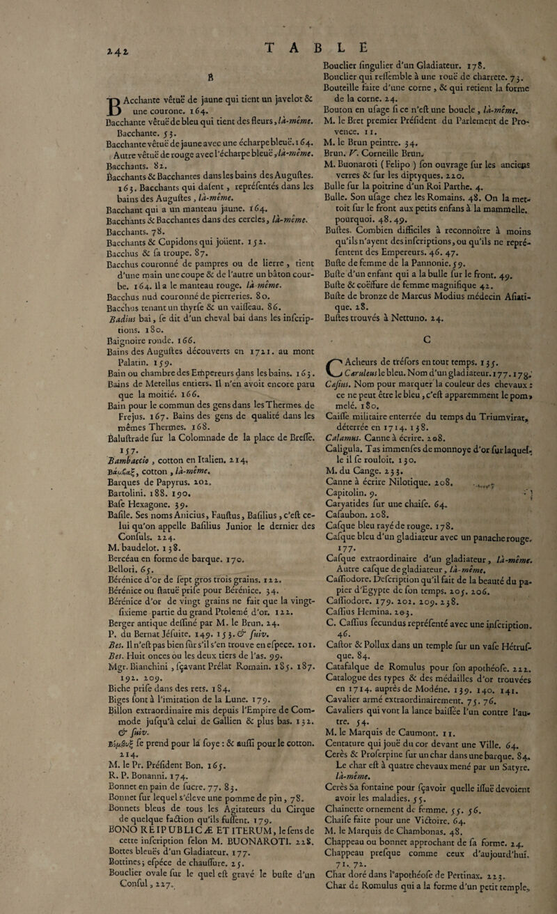 2.4^ B BAcchance vêtuë de jaune qui tient un javelot 8c une courone. 164. Bacchante vêtue de bleu qui tient des fleurs 3là-même. Bacchante. 33. Bacchante vêtue de jaune avec une écharpe bleue. 164. Autre vêtue de rouge avec l’écharpe bleue,■ là-même. Bacchants. 8z. ftacchants 8c Bacchantes dans les bains des Auguftes. 163. Bacchants qui datent, repréfentés dans les bains des Auguftes, là-même. Bacchant qui a un manteau jaune. 164. Bacchants 8c Bacchantes dans des cercles, là-même. Bacchants. 78. Bacchants 8c Cupidons qui jouent. 152. Bacchus 8c fa troupe. 87. Bacchus couronné de pampres ou de lierre , tient d’une main une coupe 8c de l’autre un bâton cour¬ be. 164. lia le manteau rouge, là même. Bacchus nud couronné de pierreries. 80. Bacchus tenant un thyrfe 8c un vailîèau. 86. Badius bai, fe dit d’un cheval bai dans les infcrip- tions. 180. Bouclier fingulier d’un Gladiateur. 178. Bouclier qui reftemble à une roue de charrete. 73. Bouteille faite d’une corne , 8c qui retient la forme de la corne. 24. Bouton en ufage fi ce n’eft une boucle , là-même. M. le Bret premier Préfident du Parlement de Pro¬ vence. 11. M. le Brun peintre. 34. Brun. V. Corneille Brun. M. Buonaroti ( Felipo ) fon ouvrage fur les ancieps verres 8c fur les diptyques. 220. Bulle fur la poitrine d’un Roi Parthe. 4. Bulle. Son ufage chez les Romains. 48. On la mec- toit fur le front aux petits enfans à la marnmelle. pourquoi. 48.49. Buftes. Combien difficiles à reconnoîtrc à moins qu’ilsn’ayent desinfcriptions, ou qu’ils ne repré- fentent des Empereurs. 46. 47. Bufte de femme de la Pannonie, y 9. Bufte d’un enfant qui a la bulle fur le front. 49. Bufte êccoeifure de femme magnifique 42. Bufte de bronze de Marcus Modius médecin Afiati- que. 28. Euftes trouvés à Nettuno. 24. Baignoire ronde. 166. Bains des Auguftes découverts en 1721. au mont Palatin. 159. Bain ou chambre des Erhpereurs dans les bains. 165. Bains de Metellus entiers. Il n’en avoir encore paru que la moitié. 166. Bain pour le commun des gens dans les Thermes de Fréjus. 167. Bains des gens de qualité dans les mêmes Thermes. 168. Baluftrade fur la Colomnade de la place de Breflè. 1J7* Bambaccio , cotton en Italien. 214, Bcotton , là-même. Barques de Papyrus. 202. Bartolini. 188. 190. Bafe Hexagone. 39. Bafile. Ses nomsAnicius, Fauftus, Bafilius ,c’eft ce¬ lui qu’on appelle Bafilius Junior le dernier des Confuls. 224. M. baudelot. 138. Bercéaucn forme de barque. 170. Bellori. 65. Bérénice d’or de fèpt gros trois grains. 122. Bérénice ou ftatuë prife pour Bérénice. 34. Bérénice d’or de vingt grains ne fait que la vingt- fixieme partie du grand Ptolemé d’or. 122. Berger antique deffiné par M. le Brun. 24. P. du Bernat Jéfuite. 149. 1 y 3. & fuiv. Ses. Il n’eft pas bien fur s’il s’en trouve en efpece. 1 o 1. Bes. Huit onces ou les deux tiers de l’as. 99. Mgr. Bianchini , fçavant Prélat Romain. 185. 187. 192. 209. Biche prife dans des rets. 184. Biges font à l’imitation de la Lune. 179. Billon extraordinaire mis depuis l’Empire de Com¬ mode jufqu’à celui de Gallien 8c plus bas. 132. & fuiv. Bfa/üuÇ fe prend pour la foye : 8c auffi pour le cotton. 214. M. le Pr. Préfident Bon. 163. R. P. Bonanni. 174. Bonnet en pain de fucre. 77. 83. Bonnet fur lequel s’élève une pomme de pin, 78. Bonnets bleus de tous les Agitateurs du Cirque de quelque faéfion qu’ils fuffent. 179. BONO R EIP U B LIC Æ ET ITERUM, le fens de cette infcription félon M. BUONAROTI. 22S. Bottes bleues d’un Gladiateur. 177. Bottines\ efpéce de chaufiure. 25. Bouclier ovale fur le quel eft gravé le bufte d’un Conful, 227. CAcheurs de tréfors en tout temps. 13 j. Carulens le bleu. Nom d’un gladiateur. 177.17g,' C&Jîtts. Nom pour marquer la couleur des chevaux : ce ne peut être le bleu, c’eft apparemment le pom» mêlé. 180. Caifle militaire enterrée du temps du Triumvirat, déterrée en 1714. 138. Calamus. Canne à écrire. 208. Caligula. Tas immenfes de monnoye d’or fur laquel¬ le il fe rouloit. 130. M. du Cange. 233. Canne à écrire Nilotique. 208. Capitolin. 9. Caryatides fur une chaife. 64. Cafaubon. 208. Cafque bleu rayé de rouge. 178. Cafque bleu d’un gladiateur avec un panache rouge- 177 ' Cafque extraordinaire d’un gladiateur, là-même. Autre cafque de gladiateur, là-même. Cafliodore. Defcription qu’il fait de la beauté du pa¬ pier d’Egypte de fon temps. 203.206. Calïiodore. 179. 202. 209.238. Caffius Hemina. 203. C. Caffius fecundus repréfenté avec une infcription. 46. Caftor 8c Pollux dans un temple fur un vafe Hétruf- que. 84. Catafalque de Romulus pour fon apothéofe. 222. Catalogue des types & des médailles d’or trouvées en 1714. auprès de Modéne. 139. 140. 141. Cavalier armé extraordinairement. 75. 76. Cavaliers qui vont la lance baiffée l’un contre l’au- tre. 34. M. le Marquis de Caumont. 11. Centature qui joue du cor devant une Ville. 64. Cerès 8c Proferpine fur un char dans une barque. 84. Le char eft à quatre chevaux mené par un Satyre. là-même. Cerès Sa fontaine pour fçavoir quelle ifluë dévoient avoir les maladies. 35. Chainette ornement de femme. 33. 36. Chaife faite pour une Viétoire. 64. M. le Marquis de Chambonas. 48. Chappeau ou bonnet approchant de fa forme. 24. Chappeau prefque comme ceux d’aujourd’hui. 71., 72. Char doré dans Papothéofe de Pertinax. 225. Char de Romulus qui a la forme d’un petit temple.