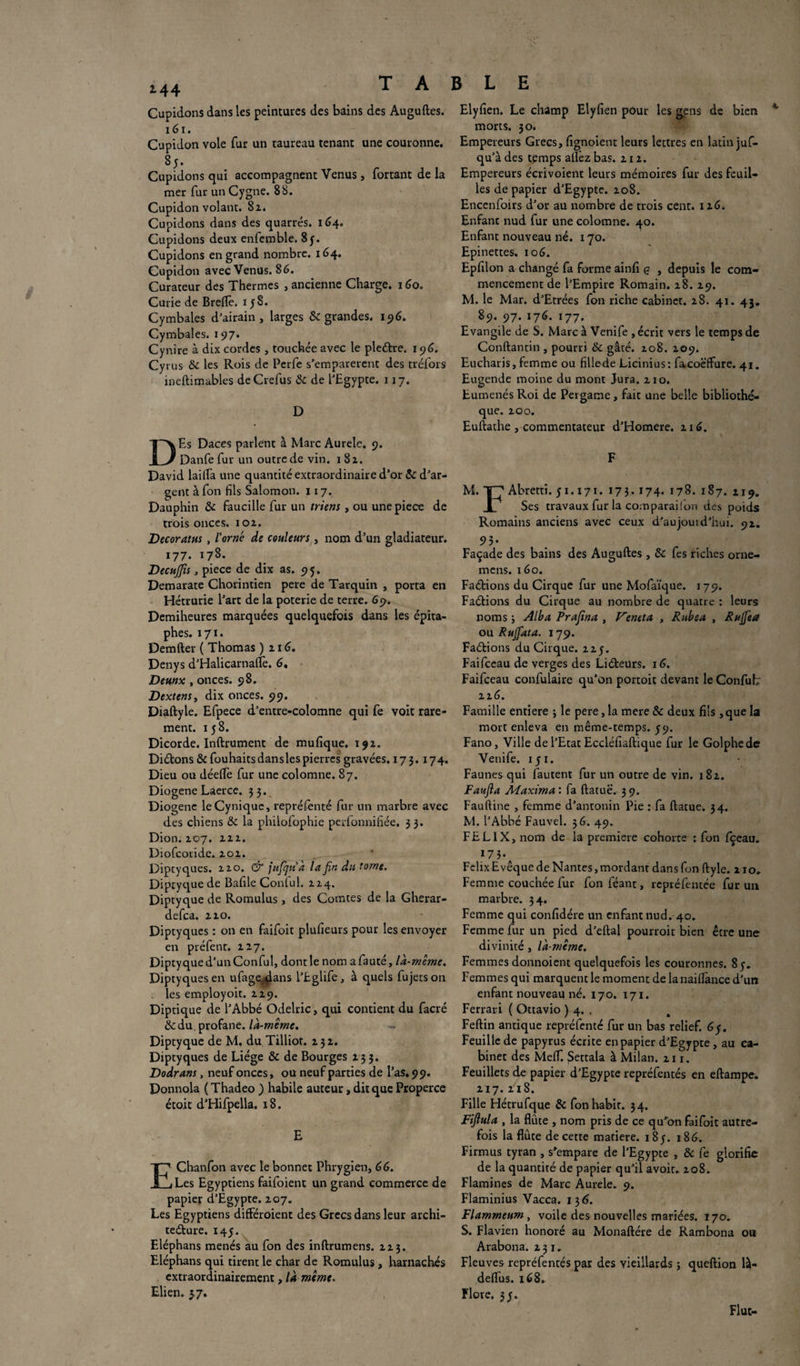 Cupidons dans les peintures des bains des Auguftes. 161. Cupidon vole fur un taureau tenant une couronne. 8;. Cupidons qui accompagnent Venus, fortant de la mer fur un Cygne. 8S. Cupidon volant. 8i. Cupidons dans des quarrés. 164. Cupidons deux enfemble. 8y. Cupidons en grand nombre. 164. Cupidon avec Venus. 86. Curateur des Thermes , ancienne Charge. 160. Curie de Breflè. 1 jS. Cymbales d'airain, larges & grandes. 15)6. Cymbales. 197. Cynire à dix cordes , touchée avec le pleCtre. 196. Cyrus &c les Rois de Perfe s'emparèrent des tréfors ineftimables deCrefus & de l'Egypte. 117. D DEs Daces parlent à Marc Aurele. 9. Danfe fur un outre de vin. 182. David tailla une quantité extraordinaire d’or & d’ar¬ gent à Ton fils Salomon. 117. Dauphin & faucille fur un triens , ou une pieoe de trois onces. 102. Decoratus , l'orné de couleurs, nom d’un gladiateur. 177. 178. Decujfis, piece de dix as. 95. Demarate Chorintien pere de Tarquin , porta en Hétrurie l’art de 1a poterie de terre. 69. Demiheures marquées quelquefois dans les épita¬ phes. 171. Demfter ( Thomas ) 2 16. Denys d'HalicarnalTe. 6. Deunx , onces. 98. Dextens, dix onces. 99. Diaftyle. Efpece d’entre-colomne qui fe voit rare¬ ment. 158. Dicorde. Inftrument de mufique. 19Z. DiClons & fouhaits dans les pierres gravées. 17 3.174. Dieu ou déelfè fur une colomne. 87. Diogene Laerce. 33. Diogene le Cynique, repréfenté fur un marbre avec des chiens & ta phiiofophie perfonnifiée. 3 3. Dion. 107. 2ii. Diofcotide. 202. Diptyques. 110. & jufiju'à la fin du tome. Diptyque de Bafile Conful. 124. Diptyque de Romulus, des Comtes de ta Gherar- defca. 210. Diptyques : on en faifoit plufieurs pour les envoyer en préfent. 227. Diptyque d'un Conful, dont le nom a fauté, là-même. Diptyques en ufagextans l’Eglife , à quels fujets on les employoit. 129. Diptique de l'Abbé Odelric, qui contient du facré &du. profane, là-même. Diptyque de M. du Tilliot. 232. Diptyques de Liège & de Bourges 233. Dodrans, neuf onces, ou neuf parties de l’as. 99. Donnola ( Thadeo ) habile auteur, dit que Properce étoit d'Hifpella. 18. E EChanfon avec le bonnet Phrygien, 66. Les Egyptiens faifoient un grand commerce de papier d’Egypte. 207. Les Egyptiens différoient des Grecs dans leur archi¬ tecture. 145. Eléphans menés au fon des inftrumens. 223. Eléphans qui tirent le char de Romulus, harnachés extraordinairement, là même. Elien. 37. BLE Elyfien. Le champ Elyfien pour les gens de bien morts. 30. Empereurs Grecs, fignoient leurs lettres en latin juf- qu’à des temps allez bas. 212. Empereurs écrivoient leurs mémoires fur des feuil¬ les de papier d'Egypte. 208. Encenfoirs d'or au nombre de trois cent. 126. Enfant nud fur une colomne. 40. Enfant nouveau né. 170. Epinettes. 106. Epfilon a changé fa forme ainli ç , depuis le com¬ mencement de l'Empire Romain. 18. 29. M. le Mar. d'Etrées fon riche cabinet. 28. 41. 43. 89. 97. 176. 177. Evangile de S. Marc à Venife , écrit vers le temps de Ccnftantin , pourri & gâté. 208. 109. Eucharis, femme ou fillede Licinius: facoëtfure. 41. Eugende moine du mont Jura. 210. Eumenés Roi de Pergame, fait une belle bibliothè¬ que. 200. Euftathe , commentateur d’Homere. 216. F M. X7 Abretti. 51.171. 173.174. 178. 187. 219. Jl Ses travaux fur ta corn parai (on des poids Romains anciens avec ceux d'au joui d’hui. 92. 95- Façade des bains des Auguftes , Sc fes riches orne- mens. 160. Faftions du Cirque fur une Mofaïque. 179. FaCtions du Cirque au nombre de quatre : leurs noms j Alba Prafina , Veneta , Rubea , Ruflèa ou Rujfata. 179. FaCtions du Cirque. 225. Faifceau de verges des LiCteurs. 16. Faifceau confulaire qu’on portoit devant le Confut 226. Famille entière ; le pere, ta mere & deux fils, que la mort enleva en même-temps. 59. Fano, Ville de l'Etat Eccléfiaftique fur le Golphede Venife. 151. Faunes qui fautent fur un outre de vin. 182. Faufla Maxim a : fa ftatuë. 39. Fauftine , femme d’antonin Pie : fa ftatue. 34. M. l’Abbé Fauvel. 36. 49. FELIX, nom de ta première cohorte : fon fçeau. I73\ FelixEvêque de Nantes,mordant dans fon ftyle. 110. Femme couchée fur fonféant, repréfentée fur un marbre. 34. Femme qui confidére un enfant nud. 40. Femme fur un pied d'eftal pourroir bien être une divinité , là-même. Femmes donnoient quelquefois les couronnes. 85, Femmes qui marquent le moment de lanailtance d'un enfant nouveau né. 170. 171. Ferrari ( Ottavio ) 4. . 4 Feftin antique repréfenté fur un bas relief. 6y. Feuille de papyrus écrite en papier d'Egypte, au ca¬ binet des Melf. Settala à Milan. 211. Feuillets de papier d'Egypte repréfentés en eftampe. 217. 218. Fille Hétrufque & fon habit. 34. Fifiula , 1a flûte , nom pris de ce qu'on faifoit autre¬ fois 1a flûte de cette matière. i8j. 186. Firmus tyran , s’empare de l’Egypte , & fe glorifie de ta quantité de papier qu'il avoir. 208. Flamines de Marc Aurele. 9. Flaminius Vacca. 136. Flammeum, voile des nouvelles mariées. 170. S. Flavien honoré au Monaftére de Rambona ou Arabona. 231. Fleuves repréfentés par des vieillards ; queftion là- deflus. 168. Flore. 3y.