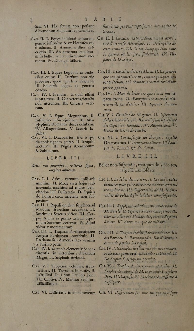 X TABLE ficii. VI. Hæ flatuæ non poilu ne fatu'és ne peuvent repréfenter Alex and? e le Alexandrum Magnum reprælentare. Grand. Cap. II. I. Eques infolenti armorum genere inftrudus de ex Hctrufco va- ü edudus. II. Armaturæ illius deE criptio. III. An armatura hujufmo- di in belio , an in ludis tantum ute- rentur. IV. Dioxippi hiftoria. Ch. II. I. Cavalier extraordinairement armé > tiré d’an vafe Hétrufque. 11. Defcription de cette armure, 111. Si cet équipage et oit pour la guerre ou les jeux feulement. If'. Hi- foïre de Dioxippe. Cap. III. I. Eques Lugduni ex rude- ribus erutus. II. Curtium non elle probatur, quod quidam dix-erant. III. Equeftris pugna ex gemma eduda. Cap. IV. I. Frenum, de quid ellent lupata frena. II. Cur veteres fapediis non uterentur. III. Calcaria vete- rum. Cap. V. I. Eques Moguntinus. II. Infcriptio urbis ejufdem. III. Ana- glyphum Romanos duces exhibens. IV. Alloquutiones. V. Securis la- pidea. Cap. VI. I. Draconarius, live is qui draconis Egnum geftat. II. Irruptio nodurna. III. Puraa Romanotum O de Sabinorum. LIBER III. Anes non fuspenftis , Victoria fgna, largitas militaris. Ch. III. 1. Cavalier déterré à Lion. II. On prouve que ce nef point Curtius, comme quelques-uns ont prétendu. III. Combat achevai tiré dé une pierre gravée. Ch. IV. I. Mors de bride : ce que c étoit que lu¬ pata frena. II. Pourquoi les anciens n'a- voient-ils pas d'étriers. III. Eperons des an¬ ciens. Ch. V. I. Cavalier de Mayence. II. Infription de la même ville. III. Bas-relief qui repréjeme- des Capitainer Romains. IV. Alloquutions. V. Hache de pierre de touche. Ch. VI. I. Portenfeigne du dragon , appelle Draconarius. II. Irruption nocturne. III. Com¬ bat des Romain & des Salins. LIVRE III. Beîier non-fufoendu, marques de vid*oires, lamelle aux loldars. O Cap. I. I. Aries , veterum militaris machina. II. Modi varii hujus ad- movendæ machinæ ad muros deji- ciendos. 111. Dillertatio D. Equitis de Follard circa arietem non fuf- penfum. Cap . 11. I. Populi quidam fupplices ad Marcum Aurelium accedunt. II. Septimius Severus vidor. III. Cor¬ pus Albini in prælio cælî ad Septi- mium Severum defertur. IV. Aliud vidoriæ monimentum. Cap. III. I. Trajanus Parthamafpaten Regem Parthorum conftituit. II. Parthamalîris Armeniæ Rex veniam x à Trajano petit. Cap. IV. I. Exempla clementiæ &con- tinentiæ in vidoribus : Alexandri Magni. II. Scipionis Africani. Cap. V. I. Tropæum columnæ Anto- ninianæ. II. Tropæum in mufeo il- luftrilTimi D. Primi Præfidis Boni. III. Captivi. IV. Marmor explicatu difficillimum. Ch. 1.1. Le bélier des anciens. II. Les différentes maniérés pour faire al 1er cette machine & bat- tre en breche. III. Differtation de M. le Che¬ valier de Follard fur le belier non-fafpendu. $ Ch. 11.1. Suppliant qui viennent, au-devant de M. Aurele. 11. Septime Severe vainqueur. III. Corps d'Albin tué dlabataille^ porté à Septime Sévere. IV. Autre marque de victoire. Ch. III. 1. Tr.ijan établit Parthamafpates Roi des Parties. II. Parthamafris Roi dé Arménie demande pardon à T rai an. I x . 1 J y v il Ch. IV. 1. Exempt es declemcnce & de continen¬ ce de vainqueurs^'d'Alexandre le Grand. 11. De S ci pion F A jri quai n premier. Ch. V. 1 Trophée de la colomne Automne. II. Trophée du cabinet de M. le premier P refilent Bon. III. Captifs. IV. Marbre três-dijficile d expliquer. Cap, VI. Dillertatio in monumentum Ch. VL Differtation fur une antique ou difique