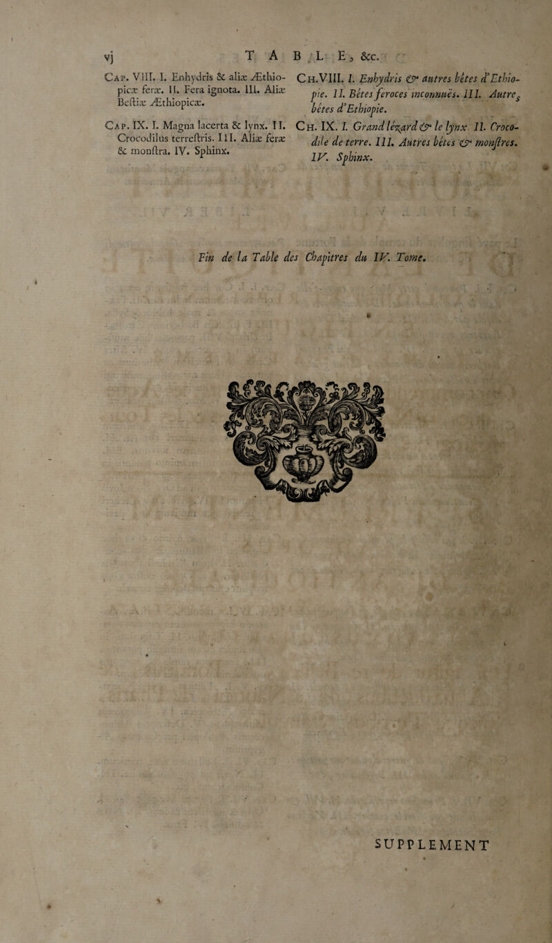 T A vj B L E 3 &c. Cap. VIII. I. Enhydris Sc aliæ Æthio- picæ feræ. 11. Fera ignota. 111. Aliæ Beftiæ Æthiopicæ. Cap. IX. I. Magna lacerta de lynx. II. Crocodilns terreftris. III. Aliæ feræ & monftra. IV. Sphinx. ’ > * * , • ..A r'-j Ch.VIII. I. Enhydris O4 autres bêtes d’Ethio¬ pie. II. Bêtes feroces inconnues. III. Autre$ bêtes d’Ethiopie. Ch. IX. I. Grand lézard & le lynx II. Croco¬ dile de terre. 1IL Autres bêtes & monjlres. IV. Sphinx. « Fin de la Table des Chapitres du IV. Tome. , ' , ■ . • / * SUPPLEMENT %