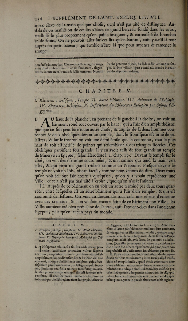 notax éleve de la main quelque chofe, qu’il n’eft pas $ifé de diftinguer. Au- d-là de ces maftifs ou de ces lits s eleve ce grand berceau fondé dans les eaux, treillifle le plus proprement qu’on puifle imaginer , ôc entremêlé de branches &: de fruits. On ne pouvoit aller fur ces lits quen bateau , aufïi y a-t’il là tout auprès un petit bateau, qui femble h'être là que pour amener ôc ramener la troupe. non facile internofeas. Ultra moles illas erigitur mag- feapha pocerant hi le&i, hæ fedes adiri, etiamque fea- num illud umbraculum in aquis fundatum, elegan- pha ibidem vifitur , quæ cœtui adducendo &redu- tiiïimeintertextum, ramis & foliis ornatum. Nonnifi cendo deputata videtur. CHAPITRE V. I. Bdtimens > obelifques, Temple. IL Autre b dûment. 111. Animaux de l'Ethiopie. IV. Rhinocéros Ethiopien. V. Defcription du Rhinocéros Ethiopien par Cofmas CE- gyptien. I. j\ U haut de la planche, en prenant de la gauche à la droite, on voit un batiment rond tout ouvert par le haut, qui a l’air d’un amphithéâtre, quoique ce foit peut-être toute autre chofe , ôc auprès de-là deux hommes cou¬ ronnés ôc deux obelifques devant un temple, dont le frontifpice eft orné de pi- laftres, ôc fur le fronton on voit une demi étoile qui le couronne , tout le plus haut du toit eft hérilïe de pointes qui reftemblent à des triangles ilbceles. Ces obelifques paroiffent fort grands. Il y en avoit aufli de fort grands au temple de Minerve en Egypte , félon Hérodote 1. i. chap. 170. Devant le temple fur le côté , on voit deux femmes couronnées, ôc un homme qui tend la main vers elles j ôc qui tient un grand trident comme un Neptune. Prefque devant le temple on voit un Ibis, oifeau facré , comme nous venons de dire. Deux tours qu’on voit ici ont fait croire à quelqu’un, qu’on y a voulu repréfenter une Ville , ôc cela n’eft pas mal aifé à croire , quoiqu’on n’osât l’alfurer. 11. Auprès de ce bâtiment on en voit un autre terminé par deux tours quar- rées, entre lefquelîes eft un autre bâtiment qui a l’air d’un temple-, ôc qui eft .couronné de feftons. On voit au-devant de tout cela une elpece d’enceinte avec des créneaux. Si l’on vouloit encore faire de ce bâtiment une Ville , les Villes auroient été bien près l’une de l’autre, aulh letoient-elles dans l’ancienne Egypte , plus qu’en aucun pays du monde. C A P u T v. I. Ædificia , obellfci , templttm, IL Allud &dificium. III. Anirnalia Æthiopica. IV. Rhinocéros Æthio- ■picus- V. Defcriptio rhinoceroùs JÉthiopici per Cof- mam Ægyptium. I. 1 N fuprematabula, fia finiftra addexteram pro- X cédas , ædificium rotundum vificur fuperne apertum , amphicheatro fimile , etfi force aliquid ab amphichcatro longe diverfum fit : & è vicinoviri duo coronati, duoque obelifei ante templum, cujus fron- tifpicium paraftatis ornatur ; in faftigii angulo fuper¬ ne, dimidiata ceu ftella eminet : teèti faftigium acu- leis feu pinnis ornatur trianguîiifofceli formam refe- rentibus. Hi obelifei præalci videntur eflè. Similes fublimefque obelifei etiam erant in templo Minervx in Ægypto , telle Herodoto 1. z. c. 170. Ante tem¬ plum è latere confpiciuntur mulieres duæ coronatae, & vir qui verfus illas manum tendit, quique mag¬ num tenet tridentem Neptuni tridenti fimilem.Prope templum adell ibis, avis facra,de qua modo diceba- mus. Duæ illæ turres quæ hic vifuntur, cuidam in- diciofuere hic urbem repræfentari,id quod etiam non improbabile eft, etficertum indubitatumque non fit. II. Prope ædificium illud aliud vifitur duabus qua- dratis turribus terminatum -, inter turres aliud ædifi¬ cium eft templi fimile , quod fertis coronatur : ante illud ædificium murorum ambitus cernitur cum pro- minentibus undique pinnis.Si etiam hæc ædificia pro urbe haberentur , frequentes admodum in Ægypto urbes fuiftènt. Erantque révéra in veteri Ægypto urbes pluies quam in quavis altéra notaorbis regione.