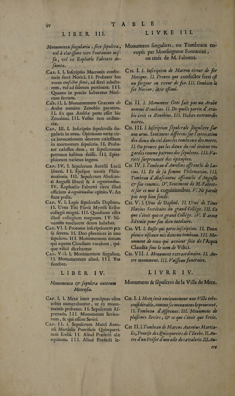 LIBER III. T Monument a fngularia 3 fve fpaiera, <vcl à clariffmo viro Fontanino truf¬ fa, , vel ex Raphaële Fabretto de- » * '• \ Cap. I. I. Infcriptio Macronis confec- toris ferri Norici. 11. Probatur has voces confccior ferri, ad ferri educto- rein , vel ad fabrum pertinere. III. Quanto in precio liaberetur Nori- cum ferrum. Ca>. 11. I. Monumentum Græcum ab Arabe nomine Zenobîo paratum. 11. Ex qua Arabiæ parte eflet hic Zenobius. III. Veftes non ordina- riæ. Cap. III. I. Infcriptio fepulcralis fîn- gularis in urna. Opiniones variæ cir- ca invocationem deorum cæleftium in mortuorum fepulcris. II. Proba¬ tur cælefles deos , ut fepulcrorum patronos habitos fuifle. III. Epita- phiorum varietas ingens. Cap. IV. I. Sepulcrum Aurelii Lucii Jiberti. I I. Êjufque uxoris Phile- mationis. III. Sepulcrum Abafcan- ti Augufti liberti &C à cognitionibus. IV. Raphaelis Fabretti circa illud officium À cognitionibus opinio. V. An ftare pofiit. Cap. V. I. Lapis fepulcralis Daphnes. 11. Urna Titi Flavii Myrtili fcribæ collegii magni. III. Quodnam eflèt illud collegium magnum. IV. Sil- vanum tutelarem deum habebat. Cap. VI. I. Protome infcriptionem præ fe ferens. 11. Duo phœnices in uno fepulcro. III. Monumentum eorum qui aquam Claudiam curabant, qui- que vilici dicebantur. Cap. Vil. I. Monimentum fingulare. II. Monumentum aliud. III. Vas funebre. AELE LIVRE III. Monumens finguliers, ou Tombeaux en¬ voyés par Monfeigneur Foncanini 3 ou tirés de M. Fabretti. • C H. I. 1. Infription de Macron tireur de fer Norique. 11. Preuve que confeétor ferri ejî un forgeur ou tireur de fer. 111. Combien le fer Noriau ; èVit efimé. Ch. 11. 1. Monument Grec fait par un Arabe nommé Zenobius. 11. De quelle partie d* Ara¬ bie étoit ce Zenobius. 111. Habits extraordi- t naires. Ch. III. I Infcriptlon fépulcrale fnguliere fur une urne. Sentimens differens fur l'invocation des dieux d.u ciel dans les tombeaux des morts. 11. On prouve que les dieux d.u ciel et oient re- gardés comme patrons des fépulcres. 111. Va¬ riété furprenante des épitaphes. Ch. IV. 1. Tombeau d’Aurelius affranchi de Lu¬ cius. 11. Et de fa femme Philemation. 11L Tombeau d'Abafcantus affranchi d'Au gu fe & fon commis. IV. Sentiment de M.Fabret¬ ti fur ce mot à cognitionibus. V. Ne parole pas trop bien fondé. Ch. V. 1. Urne de Daphné. IL Urne de Titus Flavius Secrétaire du grand Collège. 111. Ce que c étoit que ce grand Collège. IV. il avoit Silvain pour fon dieu tutelaire. Ch. VI. I. Bufie qui porte infriptton. 11. Deux phénix oifeaux mis dans un tombeau. 111. Mo¬ nument de ceux qui avoient foin de /'Aqua Claudia fous le nom de Vilici. Ch. VII. 1. Monument extraordinaire. 11. Au¬ tre monument. 111. Vaiffeau funéraire. LIBER IV. Monument a & fepulcra veterum Metenfia. Cap. I. I. Metæ inter præcipuas olim urbes numerabantur j ut ex monu- mentis probatur. 11. Sepulcrum Af- prenatis. III. Monumenta Seviro- rum , 6c qui eflenr Seviri. Cap. 11. J. Sepulcrum Marci Anto- nii Martialis Pontifias Quinquevi- rum Erebi. 1 I. Aliud Præfecti alæ equitum. III. Aliud Præfecti le- LIVRE IV. Monumens & fépulcres de la Ville de Metz. Ch. 1.1. Met7^ était anciennement une Ville très- confidérable> comme fs monumens Eprouvent. 11. Tombeau d’Af renas. 111. Monumens de plufieurs Sevirs, O* ce que c étoit que Sévir. Ch ll.l.Tombeau de Marcus Antonius Martia- lis y Pontife des^uinquevirs de l'Erebe. II. Au¬ tre d’un Préfet d’une aile de cavalerie.111. Au¬ tre