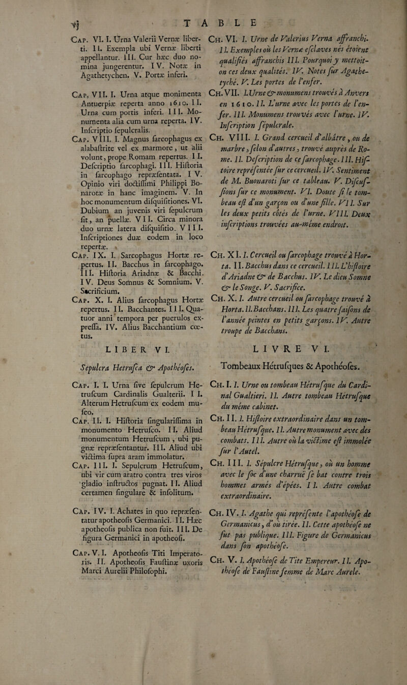 Cap. VI. ï. Urna Valerii Vernæ liber- ti. 11. Exempla ubi Vernæ liberti appellantur. 111. Cur bæc duo no- mina jungerentur. IV. Notæ in Agathetychen. V. Portæ inferi. Cap, VII. I. Urna atque monimenta Antuerpiæ rcperta anno 1610. II. Urna cum portis inferi. III. Mo- numenta alla cum urna reperta. IV. Infcriptio fepulcralis. Cap. VIII. I. Magnus farcophagus ex alabaftrite vel ex marmore, ut alii volunt, prope Romam repertus. II. Defcriptio larcophagi. III. Hiftoria in farcophago repræfentata. I V. Opinio viri doétiflimi Philippi Bo- narotæ in hanc imaginem. V. In hoc monumentum difquifitiones. VI. Dubium an juvenis viri fepulcrum fit, an puellæ. VII. Circa minora duo urnæ latera difquifitio. VIII. Infcriptiones duæ eodem in loco repertæ. *• Cap. IX. I. Sarcophagus Hortæ re¬ pertus. IL Bacchus in fàrcophago. III. Hiftoria Ariadnæ 6c Bacchi. I V. Deus Somnus 6c Somnium. V. Stcrificium. Cap. X. I. Alius farcophagus Hortæ repertus. 11. Bacchantes. III. Qua¬ tuor anni tempora per puerulos ex- preflà. IV. Alius Bacchantium cœ- tus. Ch. VI. 7. Urne de Valerius Verna affranchi. 11. Exemples où les Vernæ enclaves nés étoient qualifiés affranchis 111. Pourquoi y mettoit- on ces deux qualités. IV. Notes fur Agathe- tyché. V. Les portes de l'enfer. Ch. VII. I. Urne & monumens trouvés à Anvers en i 6 i o .11. L'urne avec les portes de l'en¬ fer. 111. Monumens trouvés avec l'urne. IV. lnfcr 'iption fépulcrale. Ch. VIII. I. Grand cercueil d'albâtre, ou de marbre > félon d’autres, trouvé auprès de Ro¬ me. IL Defcription de ceftrcophage. 111. Hif toire repréfentée fur ce cercueil. IV. Sentiment de M. Buonaroti fur ce tableau. V. Difcuf- fions fur ce monument. VI. Doute file tom¬ beau efl d'un garçon ou d'une fille. VI1. Sur les deux petits cotés de l'urne. VIII. Deux infcriptions trouvées au-méme endroit. Ch. X1.1. Cercueil ou ftrcophage trouvé à Hor- ta. 11. Bacchus dans ce cercueil. 111. L'hifoire d'Ariadne & de Bacchus. IV. Le dieu Somne & le Songe. V. Sacrifice. Ch. X. 7. Autre cercueil ou ftrcophage trouvé à Horta. ll.Bacchans. 111., Les quatrefaifons de l'année peintes en petits garçons. IV. Autre troupe de Bacchans. LIBER VI. LIVRE VI. Sepulcra Hetrufca & Apothéofes. Cap. I. I. Urna five fepulcrum He- trufcum Cardinalis Gualterii. I I. Alterum Hetrufcum ex eodem mu- fèo. Cap. II. I. Hiftoria fingulariffima in monumento Hetrufco. 11. Aliud monumentum Hetrufcum , ubi pu- gnæ repræfentantur. III. Aliud ubi victima fupra aram immolatur. Cap. III. I. Sepulcrum Hetrufcum, ubi vir cum aratro contra très viros gladio inftrudos pugnat. II. Aliud certamen ftngulare 6c infolitum. * •* . v. A. ' * J. 1 . * Cap. IV. I. Achates in quo repræfen- tatur apotheofîs Germanici. II. Hæc apotheofis publica non fuit. III. De figura Germanici in apotheofi. «1. * . C - X j ~ ' Cap. V. I. Apotheofis Titi Imperato- ris. IL Apotheofis Fauftinæ uxoris Marci Aurelii Philofophi. Tombeaux Hétrufques & Apothéofes. Ch. 1.1. Urne ou tombeau Hétrufque du Cardi¬ nal Gualtieri. 11. Autre tombeau Hetrufque du meme cabinet. Ch. II. 1. Hifioire extraordinaire dans un tom¬ beau Hétrufque. II. Autre monument avec des combats. 111. Autre où la viclime efl immolée fur l'Autel. Ch. III. 1. Sépulcre Hétrufque 3 où un homme avec le foc d'une charrue fe bat contre trois hommes armés d'épées. 11. Autre combat extraordinaire. Ch. IV. 7. Agathe qui repré fente l'apothéofe de Germanicus, d'où tirée. 11. Cette apothéofe ne fut pas publique. 111. Figure de Germanicus dans fon apothéofe. Ch. V. 7. Apothéofe de Tite Empereur. 11. Apo¬ théofe de Faufline femme de Marc Aurele.