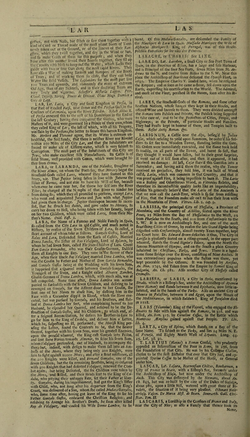 LAS ecthcr, not with Nails, but flitch dr fow them together w^th a kind of Cord or Thread made of the moil pliant Roots of Trees newly taken out oi the Ground, or of'the Sinews or their Ran glfers, which they twifl together, and dry in the Wind or Sun, and fo make Ccrds of tlieni for this purpofe ; and when they have after tliis manner fewed their Boards together, they nil up tlie Crevifes witli Mcfs to keep out the Water •, which Barks they guide with two or four Oars along the mofl rapid Rivers. They have alfo a Wav of making Baskets and Hampers of the Roots of Trees ^ and of workmg them fo clofe, that they can hold Water like folid Velftls. The Ln[hmders for the mofl part live too Years and upwards, and commonly die more of extream Old Age, than of any Sicknefs, and in their declining Years are very lively and vigorous. Scheffers Hijhrla Lappon. Petr, Claud. Deferip. Norveg Fencer de D'lvinat, 01ms Magn. Vatnhiii n l Goes de Lapp. LAR^ Laf. Laria, a City and fmall Kingdom in Ferjiu, in that Part of it called Farji, near 0)nu!s and the Perf/an Gulr.in the Confines of Caram.mia, upon the River TifirJon._ SJ:ab Abbas K. of Fo fia annexed this to the reft of his Dominions in the End of ihelafl Century; having then conquered the Guebresy who were Maflers of it, and were governed by a Prince of their own,whom they called King of Lar; the laft of which, with all his Progeny, was flain by the Perfiansythe better to fecure this barren Kingdom. Mr. Herbert and Thevenot agree, that its Water is extream un¬ healthful, the Soil Sandy, that there is neither River nor Rivolet within loo Miles of the City I<ir, and that the Inhalaitants are forced to make ufe of Ciftern-water, which is very fubjeft to Corruption. The mofl part of the Inhabitants of this City are ffewsy who make excellent Silk Manufaftures. Its Caftle is of folid Stone, well provided with Canon, which were brought hi¬ ther from Ortrus. L A R A, or L A R A N D A, one of the Naiades, Daughter of - the River Almov, on whom the Poets fay, that Mercury begat the Houfliold-Gods called Lares, whereof they have framed us this Story, uiX: That Jupiter being fallen in love with Juturrta the Sificr of Turmsy and not able to have his Will of her, becaufe vvhen-ever he came near her, flie threw her felf into the River Tyher, he charged all the N;mphs of that River to hinder her from doing fo; which they all promifed to perform, except Lrtra, wlio went and acquainted Juturna and Juno with what Jupiter had given them in charge. Jupiter thereupon became fo iucen- fed, that he flruck her dumb, and gave order to Mercury, to carry her down to Hell, who being taken with her Beauty,_begot on her two Children, which were called Lares, from their Mo¬ ther’s Name. Ovid. Faft. 2. LARA, the Name of a Famous and Noble Family in Spain, fo called from the City Lara in qld Caftile, and much noted in Hiflory, by reafon of the feven Children of Lara, fo called, a fliort account of whom take as follows. Gonz^alo Gufios, Lord of Salas and Lara, Defcendcd from the Earls of Cajiile, Married Donna. Savcha, tlie Sifler of Ruy Felafquci, Lord of Bylarcn, by whom he had feven Sons, called The [even Children of Lara. Count Dorn Garcia Fernandez^, who was thtir Coufin-Gcrman, Dubb’d them all Knights in one Day. They were in'the flower of their Age, when their Uncle Ruy Velafquez married Dona Lamhra, who was the Coufln by Fatlier and Mother of Dorn Garcia Fernandez, and Gonzalo Guflos being at the Wedding with his feven Sons, it happened that a quarrel arofe between Gonzalo Gonzales, the Youngefl of the feven, and a Knight called Alvarez Zanchez, Coufin-German of Donna Lamhra, which, with much ado, was at kfl compofed. Some time after, Donna Lambra was accom¬ panied to Barhadillo with tlie feven Children, and deflring to be revenged on Gonzalo, for the Affront done to her Coufln, flie fent one of her Slaves to abufc him, by dafiiing him in the Face witli a Cucumber dipp’d in Blood, which the Slave exe¬ cuted, but was purfued by Gonzalo, and his Brothers, and flab- bed at Donna Lamhra her feet, who complaining hereof to her Husband, he efpoufed her quarrel, and refolved to be the De- ftruftion of Gonzalo Gtijios, and his Children ; to which end, af¬ ter a feigned Reconciliation, he defircs his Brother-in-Law to go for him to the King of Corduba, and deliver him a Letter, which he, fufpefting no ill, performed ; the Moorifi King per- ufing the Letter, found tiie Contents to be, that the Bearer thereof, together with his feven Sons, were his greatefl Enemies; upon the perufal whereof, the King cafl Gonzalo into Prifon, and fent foinc Forces towards Almenar, to feize his feven Sons, whont Felafquez pretended, out ofkindnefs, to accompany thi- tlier,- but, indeed, with defign to make them fall into an Am- bufli of the Moors, where they being only 200 Knights, were fain to fight againfl looco Moors ; and after a flout refiflance, all tlie 200 Knights were killed, and Fernand Gonx,ales, one of the feven Children; but the fix remaining Brothtrrs, being re-inforced with 500 Knights that had deferted Velafquez, renewed tlie Com¬ bat again; but being Defeated, the fix Children were taken by tlie Moms, and killed, and their Heads fent to the King of Cor¬ duba, wlio pitying their unhappy Fate, fet their Father at liber¬ ty. Gonzales, during liis imprifonment, had got the King’s Sifler with Child, who, not Jong after his departure from the King’s Court, was delivered of a Son, whom (he culled Mudara Gonzales, who, fome time after, having got leave of the King to fee his Father Gonzalo Gujlos, embraced the Chriflian Religion; and refolving to Avenge his Brother’s Death, he foon after killed Ruy de VelafqueZj and'-caufed his Wife Donna Lambra, to be burnt. Of this Mudara Gonzales, are defeended the Family of tlie Manriquez dc Lnra in Spain. Malfada Mainiquez the Wife of Aipbonfus Hemiques I. King of Portugal, was of tliis Houfe. Felihien Evtretiens fur Us vies des Pcintres. LAKACHE, or I.’HARIS: SceLIXE. LAREDO, Laf. Laredum, a fmall City or Sea-Port Town of Spain, in the Province of Bifcay, has a large and fafe Harbour, and is Principal of the four Sea-Ports, feven Miles from St. An¬ drews to tlie N. and twelve from Bilboa to the S. W. Near this place the Arclibifliop of Bourdeaux defeated the Spani/l) Fleet, in i6^p. The Emperor Charles V. landed here, vviien lie refigned tile Empire; and as foon as he came a-flioar, fell down upon the Eartli, expreffing his mortification to the World. The Admiral, and mofl of the Fleet, periflied in the Haven, loon after his ar¬ rival. LARES, the Houfliold-Gods of the Romans, and fome other heathen Nations, whofe Images they kept in their Houfes, and offered Wine and Incenfe to them. They were divided amongfl the Romans into Publick and Private, the Publick being fuppofed to take care of, and to lie the Proteftors of Cities, People, and Highways; as the Private, of particular Houfes and Families. They had Feafls kept in honour of them, and Temples built to them. Kofini Antiq. Roman, ifyyc. LARIGNUM, a Caftle near the Alps, befieg’d by Julius Csfar, which refufing to yeild upon Summons, he order’d his Sol¬ diers to fet fire to a Wooden Tower, flanding before the Gate. His Orders were immediately executed, and the flame took hold fo readily, on all parts of the Tov\cr, and burnt fo fafl, that they thought it would have fallen, but to their great furprize, it went out of it felf foon after, and then it appeared, it had received no damage: At lafl, Cafar ftarv’d this Garrifon into a Surrender; and having ask’d them the reafon, why the Tower received no prejudice, they told him, it was built of Wood, call’d, Larix, which was common in that Country; and that it was proof againfl Fire, it being impofliblc to burn it. The Larix was a Rofiny and Odoriferous Wood, as Fitruvius Relates, and’ therefore its incombuflible quality looks like an improbability befides ’tis generally believ’d that the Larix of the Ancients is that we now call the Larch-Ttee, which is fo far from refilling of Fire, that the Founders make ufe on’t to'run their Iron with in the Mountains of Trent. Vitruv. Lib, 2. cap. p. LARISSAj the principal City of Theffalia, a Province of Macedonia, and the Country of Achilles, feated upon the River Peneo, 25 Miles from the Bay of Theff'alonica to the Weft, 2p from Pharfalus to the South, and 2co from Conflantinople to the S. W. It is now an Archbifliop’s See, and one of the mofl. flourifliing Cities of Greece, by reafon the late Grand Signior being* difgufled with Conflantinople, almofl twenty Years together, kept his Court here. Dr. Edward Brown deferibes it thus. The City of Lariffa is pleafantly feated on a rifing-ground, in the upper part whereof. Hands the Grand Signior's Palace, upon the North the famous Mountain of Olympus, and on the South a plain Country inhabited by Chriflians, Turks, and Jews. There is a hand- fome flone Bridge over the River, confifting of Nine Arches. It was extraordinary populous when the Sultan was there, yet kept peaceable by the Officers. It was Founded by Acrifius, An. Mun. 2745, and Taken from the Empire by Samuel King of Bulgaria, An, Ch. p8i. Alfo .another City of TheJJaly called Cremafle. L A RIS S or LARIS, a City in Syria, mentioned by Strabo, which is a Billiop’s See, under the Arclibifliop of Apamea (now Human) and Hands between it and Epipkania, now little in¬ habited, and in the hands of the Turks. Alfo an ancient City of Idumea in Palaflme, between it and Egypt, upon the Shears of the Mediterranean, in which Baldwin I. King of Jerufalem died in 1118. LARS (Tolumnita) King of the ffejenti, who engaged the FR Senates to fide with him againfl the Romans, in 316, and was killed, An. Rom. 317. by Cornelm Coffus, in the Battle which Mamercus Mmylius gained againfl that People. Tit. Liv, lib. 4. LART A, a City of Epirus, which ftands on a Bay of the fame Name. ’Tis fubjeft to the Turks, and lies 24 Miles N. E. of Prevefa, and Eighty North Weft of Lepanto. Long. 44. 25. Lat. 38. 30. T. L A R TI U S (Ftavus) a Roman Conful, who prudently appeafed an Infurreftion of the Poor in Rome, in 256, from the Foundation of ,that City. He was by his Collegue CUlim, chofen to be the firfl Diftator that ever that City had, and ap¬ pointed Spurm Cajflii to be Mailer of the Horfe, or General under him. LASCAR, Lat. Lafeura, Bcarnenflum Civitas, Beneharnum, a City of France in Bearn, with a Bilhop’s See, formerly under the Arclibifliop of Elufa, but now under the Arclibifliop of Auch. This City was deflroyed by the Normans, about An. ch. 845, but was re-built by the care of the Dukes oiGafeoign., about p8o, upon a little Hill, watered with great Here of Ri¬ vulets, the fituation of it being very pleafant. Oiher.art NotiU utriufq, Vafeon. De Marca Hifl. de Bearn. Senmatlh. Gall. Chri¬ flian. Tom. IT. LASCARIS, a Lordlliip in the Confines of France and Italy, near the City of Nice-, as alfo a Family that thence took its Name,