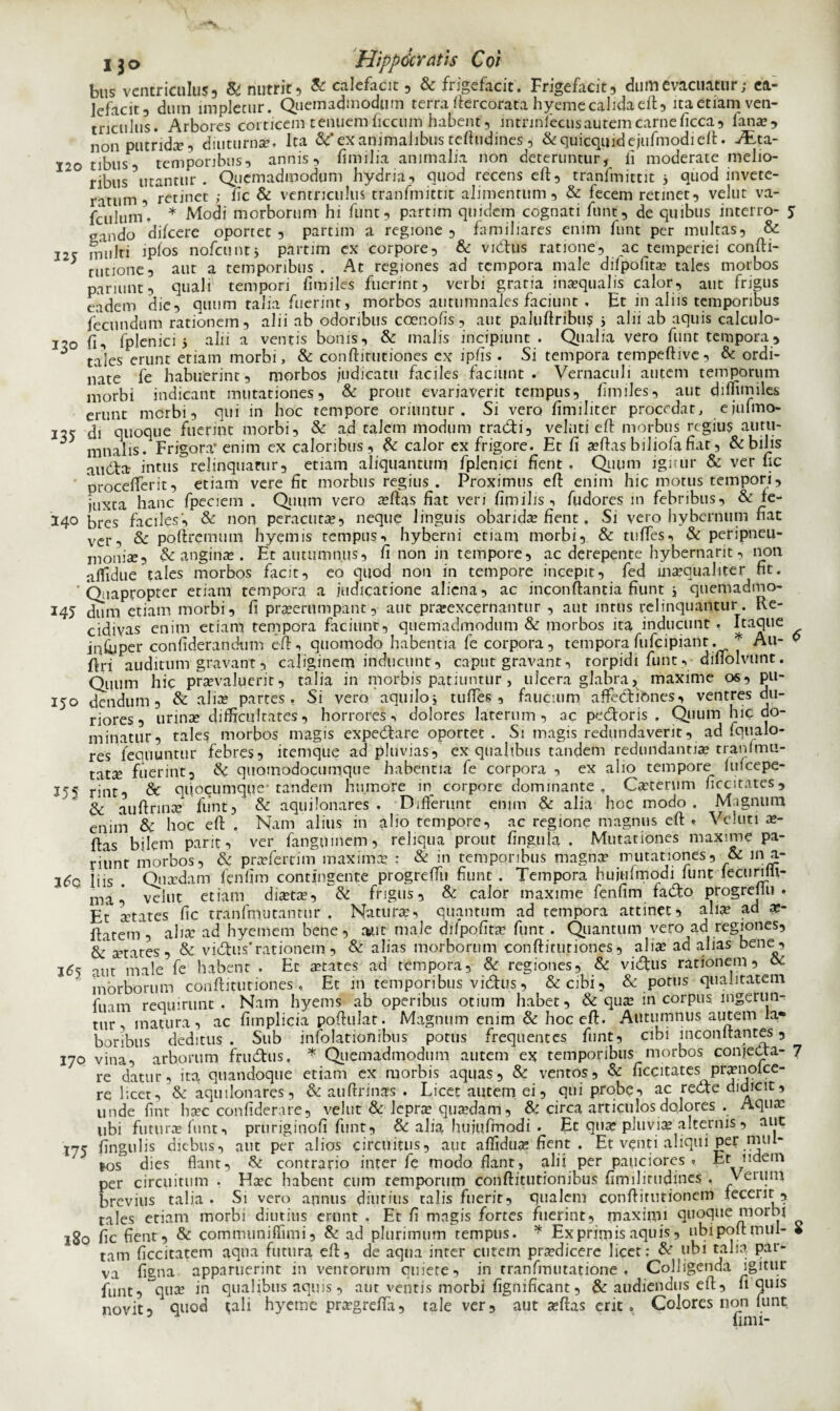 bus ventriculus 3 & nutrit 3 & calefacit 5 &frigefacit. Frigefacit, dum evacuatur; ea- lefacit, dmn impletur. Quemadmodum terra ftercorata hyemecalidaeft, ltaetiamven- tnculus. Arbores corticem tenuem ficcum habent', intrmfecusautem carneficca3 fana;, non putrida? 3 diuturna?. Ita &' ex animalibus teftudines , &quicquidejufmodieft. -/£ta- 120 tibus, temporibus, annis, fi milia animalia non deteruntur, ii moderate melio¬ ribus ^utantur . Quemadmodum hydria, quod recens eft, tranfmittit 5 quod invete¬ ratum retinet fic & ventriculus tranfmittit alimentum, & fecem retinet, velut va- fculum. * Modi morborum hi funt, partim quidem cognati funt, de quibus interro- y eando difcere oportet , partim a regione , familiares enim funt per multas, Sd 12c multi ipfos nofcuntj partim ex corpore, & vidtus ratione, ac temperiei confti- > rutione, aut a temporibus. At regiones ad tempora male difpofita? tales morbos pariunt, quali tempori fimiles fuerint, verbi gratia inaequalis calor, aut frigus eadem die, quum talia fuerint, morbos autumnales faciunt . Et in aliis temporibus fecundum rationem, alii ab odoribus coenofis, aut palultribu? ; alii ab aquis calculo- 11© {], fplenici 5 alii a ventis bonis, & malis incipiunt . Qualia vero funt tempora, ** tajes erunt etiam morbi, & conftitutiones ex ipfis . Si tempora tempeftive, & ordi¬ nate fe habuerint, morbos judicatu faciles faciunt. Vernaculi autem temporum morbi indicant mutationes, & prout evariaverit tempus, fimiles, aut dilfimiles erunt morbi, qui in hoc tempore oriuntur. Si vero fimiliter procedat, ejulmo- I5S di quoque fuerint morbi, & ad talem modum traditi, veluti eft morbus regius autu- 5 mnalis. Frigora' enim ex caloribus, & calor ex frigore. Et fi »ftas biliofa fiat, & bilis aiidba intus relinquatur, etiam aliquantum fplenici fient. Quum igitur & ver fic ' procefferit, etiam vere fit morbus regius. Proximus eft enim hic motus tempori, juxta hanc fpeciem . Quum vero a?ftas fiat veri fimilis , fudores in febribus, & ie- 140 t>res faciles', & non peracuta;, neque linguis obarid» fient. Si vero hybernum fiat ver, & poltremum hyemis tempus, hyberni etiam morbi, & tuffes, & peripneu- moni», & angina*. Et autumnus, fi non in tempore, ac derepente hybernarit, non aflldue tales morbos facit, eo quod non in tempore incepit, fed ina?quahter fit. ’ Quapropter etiam tempora a judicatione aliena, ac inconftantia fiunt j quemadmo- 145 dum etiam morbi, fi praerumpant, aut pra?excernantur , aut intus relinquantur. Re¬ cidivas enim etiam tempora faciunt, quemadmodum & morbos ita inducunt . Itaque 6 infiiper confiderandum eft, quomodo habentia fe corpora, tempora fufcipiant. * A11- 0 ftri auditum gravant, caliginem inducunt, caput gravant, torpidi funt, difiolvunt. Quum hic pr»valuerit, talia in morbis patiuntur, ulcera glabra, maxime os, pu- 150 dendum, & alia; partes. Si vero aquilo j tuffes, faucium affectiones, ventres du¬ riores, urince difficultates, horrores, dolores laterum, ac pedtoris . Quum hic do¬ minatur, tales morbos magis expedtare oportet . Si magis redundaverit, ad fqualo- res fequuntur febres, itemque ad pluvias, ex quahbus tandem redundanti» tranlmu- tat» fuerint, & quomodocumque habentia fe corpora , ex alio tempore jufcepe- 155 /int, & quocumque-tandem humore in corpore dominante, C»terum ficcitates, & auftrin» funt, & aquilonares . Differunt enim & alia hoc modo. Magnum enim & hoc eft . Nam alius in alio tempore, ac regione magnus eft . Veluti »- ftas bilem parit, ver fanguinem, reliqua prout fingula . Mutationes maxime pa¬ rant morbos, & pr»fertim maxima; : & in temporibus magna? mutationes, & ma- j6o Iiis . Qu»dam fenfim contingente progreffu fiunt . Tempora hujufmodi funt iecunlii- nll’ velut etiam di»t», & frigus, & calor maxime fenfim faao progreliu . Et States fic tranfmutantur . Natur», quantum ad tempora attinet, ali» ad »- Ratem, ab» ad hyemem bene, aut male difpofit» funt . Quantum vero ad regiones, & »tates, & vidtus'rationem, & alias morborum conftitutiones, ali» ad alias bene, 165 aut male fe habent . Et »tates ad tempora, & regiones, & vidtus rationem, oc morborum conftitutiones . Et in temporibus vidtus, & cibi, & potus qualitatem fuam requirunt. Nam hyems ab operibus otium habet, & quae in corpus ingerun¬ tur, matura, ac fimplicia poftulat. Magnum enim & hoc eft. Autumnus autem ia* boribus deditus. Sub infolationibus potus frequentes funt, cibi incon itantes 3 170 vina, arborum frudtus. * Quemadmodum autem ex temporibus morbos conjedta- 7 re datur, ita quandoque etiam ex morbis aquas, & ventos, & ficcitates pr»noice- re licet, & aquilonares, & auftrinsrs . Licet autem ei, qui probe, ac redae didicit, unde fint h»c confiderare, velut & Jepr» qu»dam, & circa articulos dolores . Aqu» ubi futur» funt, pruriginofi funt, & alia hujufmodi . Et qu» pluvia; alternis, aut 175 fingulis diebus, aut per alios circuitus, aut affidu» fient . Et v^nti aliqui per mul¬ tos dies flant, & contrario inter fe modo flant, alii per pauciores 9 Et udem per circuitum . H»c habent cum temporum coiiftitiitionibus fimilirudines . Veium brevius talia. Si vero annus diutius talis fuerit, qualem conftitutionem fecerit , tales etiam morbi diutius erunt . Et fi magis fortes fuerint, maximi quoque morbi 180 fic fient , & communiffimi, & ad plurimum tempus. * Exprimis aquis, ubipoftmul- * tam ficcitatem aqua futura eft, de aqua inter cutem pr»dicere licet: & ubi talia par¬ va figna apparuerint in ventorum quiete, in tranfmutatione , Colligenda igitur funt, qua; in qualibus aquis, aut ventis morbi fignificant, & audiendus eft, fi quis quod ^ali hyeme pr»grefta, tale ver, aut »ftas erit. Colores non funt fimi- novit 3