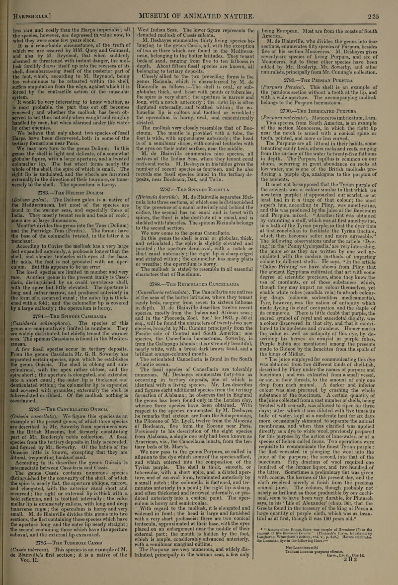 I ■ ■ ■ - ■■ ■ - ... --. less rare and costly than the Harpa imperialis; all the species, however, are depressed in value now, to what they were some few years since. It is a remarkable circumstance, of the truth of which we are assured by MM. Quoy and Gaimard, and also by M. Reynaud, that when suddenly alarmed or threatened with instant danger, the mol- lusk forcibly draws itself up into the recesses of its shell, disembarrassing itself of the posterior part of the foot, which, according to M. Reynaud, being too voluminous to be retracted within the shell, suffers amputation from the edge, against which it is forced by the contractile action of the muscular system. It would be very interesting to know whether, as is most probable, the part thus cut off becomes renewed; and whether the mollusk has been ob¬ served to act thus not only when caught and roughly handled by man, but when alarmed under the water by other enemies. We believe that only about, two species of fossil Harpa have been discovered,.both in some of the tertiary formations near Paris. We may now turn to the genus Dolium. In this genus the shell is light and delicate, of a somewhat globular figure, with a large aperture, and a twisted columellar lip. The last whorl forms nearly the whole of the shell, the spire of which is small. The right lip is undulated, and the whorls are furrowed externally in the direction of their tournure, or trans¬ versely to the shell. The operculum is horny. 2783.—The Helmet Dolium {Dolium galea). The Dolium galea is a native of the Mediterranean, but. most of the species are found in the warmer seas, and especially those of India. They mostly tenant reefs and beds of rock ; some are of large dimensions. Montfort divides this genus into the Tuns (Dolium) and the Partridge Tuns (Perdix). The former have the base of the columella twisted, in the latter it is trenchant. According to Cuvier the mollusk has a very large foot expanded anteriorly, a proboscis longer than the shell, and slender tentacles with eyes at the base. He adds, the foot is not provided with an oper¬ culum. But this appears to be an error. The fossil species are limited in number and very rare. Another genus in the present family is Cassi- daria, distinguished by an ovoid ventricose shell, with the spire but little elevated. The aperture is long and rather narrow, and produced anteriorly in the form of a recurved canal; the outer lip is thick¬ ened with a fold: and the columellar lip is covered by a large callosity ; the operculum is horny. 2784.—The Spinous Cassidaria (Cassidaria echinophora). The species of this genus are comparatively limited in numbers. They are widely distributed, but chiefly tenant the warmer seas. The spinous Cassidaria is found in the Mediter¬ ranean. A few fossil species occur in tertiary deposits. From the genus Cassidaria Mr. G. B. Sowerby has separated certain species, upon which he establishes the genus Oniscia. The shell is oblong and sub- cylindrical, with the apex rather obtuse, and the spire short; the aperture is elongated, and extended into a short, canal ; the outer lip is thickened and denticulated within; the columellar lip is expanded and covered with granules; externally the shell is tuberculated or ribbed. Of the mollusk nothing is ascertained. 2785.—The Cancellated Oniscia {Oniscia cancellata). We figure this species as an example of the present, genus, of which three species are described by Mr. Sowerby from specimens now in the British Museum, but formerly constituting part of Mr. Broderip’s noble collection. A fossil species from the tertiary deposits in Italy is recorded, and figured by Mr. Sowerby. Of the habits of the Onisciae little is known, excepting that they are littoral, frequenting banks of sand. According to its describer the genus Oniscia is intermediate between Cassidaria and Cassis. The genus Cassis contains numerous species distinguished by the convexity of the shell, of which the spire is nearly flat, the aperture oblique, narrow, and elongated, with the anterior canal short and recurved; the right or external lip is thick with a bold reflexion, and is toothed internally; the colu¬ mellar lip is extensively callous, with long and deep transverse rugae; the operculum is horny and very small. M. de Blainville divides this genus into two sections, the first containing those species which have the aperture long and the outer lip nearly straight; the second containing those which have the aperture suboval, and the external lip excavated. 278G.—The Tuberose Cassis (Cassis tuberosa). This species is an example of M. de Blainville’s first section; it is a native of the VOL. II. West Indian Seas. The lower figure represents the denuded mollusk of Cassis sulcata. M. Deshayes enumerates thirty living species be¬ longing to the genus Cassis, all, with the exception of two or three which are found in the Mediterra¬ nean, belonging to the hotter latitudes. They tenant beds of sand, ranging from five to ten fathoms in depth. About fifteen fossil species are known, all belonging to tertiary deposits. Closely allied to the two preceding forms is the genus Ricinula, which is characterized by M. de Blainville as follows:—The shell is oval, or sub- globular, thick, and beset with points or tubercles; the spire is very short; the aperture is narrow and long, with a notch anteriorly ; the right lip is often digitated externally, and toothed within; the co¬ lumellar lip is callous and toothed or wrinkled; the operculum is horny, oval, and concentrically striated. The mollusk very closely resembles that of Buc- cinum. The mantle is provided with a tube, the foot is wide, with appendages anteriorly; the head is of a semilunar shape, with conical tentacles with the eyes on their outer surface, near the middle. M. de Blainville enumerates nine species, all natives of the Indian Seas, where they tenant coral j reefs and rocks. M. Deshayes in his tables gives the number of recent species as fourteen, and he also records one fossil species found in the tertiary de¬ posits, near Bordeaux, Dax, and Turin. 2787.—The Spinous Ricinula (Ricinula horrida). M. de Blainville separates Rici¬ nula into three sections, of which one is distinguished by the presence of a canal anteriorly and behind the orifice, the second has no canal and is beset with spines, the third is also destitute of a canal, and is studded with tubercles. The spinous Ricinula belongs to the second section. We now come to the genus Cancellaria. In this genus the shell is oval or globular, thick, and reticulated; the spire is slightly elevated and pointed ; the aperture demi-oval, with a notch or short canal anteriorly ; the right lip is sharp-edged and striated within; the columellar has many plaits or wreaths ; the operculum is horny. The mollusk is stated to resemble in all essential characters that of Buccinum. 2788.—The Reticulated Cancellaria (Cancellaria reticulata). The C'ancellariae are natives of the seas of the hotter latitudes, where they tenant sandy beds, ranging from seven to sixteen fathoms in depth. M. de Blainville describes twelve recent species, mostly from the Indian and African seas ; and in the ‘Proceeds. Zool. Soc.’ for 1832, p. 50 et seq., will be found the characters of twenty-two new species, brought by Mr. Cuming principally from the Pacific side of Central and South America: one species, the Cancellaria hsemastoma, Sowerby, is from the Gallapago Islands ; it is extremely beautiful, nearly white, with a broad dark brown band, and a brilliant orange-coloured mouth. The reticulated Cancellaria is found in the South Atlantic ocean. The fossil species of Cancellaria are tolerably numerous. M. Deshayes enumerates forty-two as occurring in tertiary deposits, one of which is identical with a living species. Mr. Lea describes and figures eight additional species from the tertiary formation of Alabama ; he observes that in England the genus has been found only in the London clay, whence three species have been obtained. With respect to Ihe species enumerated by M. Deshayes he remarks that sixteen are from the Subapennines, the Pliocene of Mr. Lyell, twelve from the Miocene of Bordeaux, five from the Eocene near Paris. Previously to his description of the eight species from Alabama, a single one only had been known as American, viz., the Cancellaria lunata, from the ter¬ tiary beds of St. Mary’s. We now pass to the genus Purpura, so called in allusion to the dye which some of the species afford, and which entered into the composition of the Tyrian purple. The shell is thick, smooth, or tubercular, with a short spire, and a dilated aper¬ ture, and of an oval form, terminated anteriorly by a small notch ; the columella is flattened, and ter¬ minates anteriorly in a point; the right lip is sharp, and often thickened and furrowed internally, or pro¬ duced anteriorly into a conical point. The oper¬ culum is horny and semicircular. With regard to the mollusk, it is elongated and widened in front; the head is large and furnished with a very short proboscis: there are two conical tentacula, approximated at their base, with the eyes placed on an enlargement near the middle of their external part: the mouth is hidden by the foot, which is ample, considerably advanced anteriorly, with a semilunar marginal outline. The Purpurse are very numerous, and widely dis¬ tributed, principally in the warmer seas, a few only being European. Most are from the coasts of South America. M. de Blainville, who divides the genus into four sections, enumerates fifty species of Purpura, besides five of his section Monoceros. M. Deshayes gives seventy-six species of living Purpura, and six of Monoceros, but to these other species have been added by Mr. Broderip, Mr. Sowerby, and other naturalists, principally from Mr. Cuming’s collection. 2783.—The Persian Purpura (Purpura Persica). This shell is an example of the patulous section without a tooth at the lip, and with a wide aperture. The accompanying mollusk belongs to the Purpura heemastoma. 2790.—This Imbricated Purpura (Purpura imbricata). Monoceros imbricatum, Lam. This species, from South America, is an example of the section Monoceros, in which the right lip near the notch is armed with a conical spine or tooth, pointed, and more or less curved. The Purpurae are all littoral in their habits, some tenanting sandy beds, others rocks and reefs, ranging from the surface of the water to twenty-five fathoms in depth. The Purpura lapillus is common on our shores, occurring in great abundance on rocks at low water, and is one of the British mollusks pro¬ ducing a purple dye, analogous to the purpura of the ancients. It must not be supposed that the Tyrian purple of the ancients was a colour similar to that which we now term purple : it approached our scarlet, or at least had in it a tinge of that colour; the most superb hue, according to Pliny, was amethystine, and this was produced by the juice of the Buccinum and Purpura mixed. “Another tint was obtained by saturating a stuff, which was at first amethystine, in a bath of the Tyrian purple, so that the dyer tints at first conchylian to facilitate the Tyrian tincture, which then becomes softer and more agreeable.” The following observations under the article ‘ Dye¬ ing,’ in the ‘ Penny Cyclopaedia,’ are very interesting, the more so as they are written by one well ac¬ quainted with the modern methods of imparting colour to different stuffs. He says, “In the article ‘ Calico Printing’ we have shown from Pliny that the ancient Egyptians cultivated that art with some degree of scientific precision, since they knew the use of mordants, or of those substances which, though they may impart no colour themselves, yet enable white robes (Candida vela) to absorb colour¬ ing drugs (colorem sorbentibus medicamentis). Tyre, however, was the nation of antiquity which made dyeing its chief occupation and the staple of its commerce. There is little doubt that purple, the sacred symbol of royal and sacerdotal dignity, was a colour discovered in that city, and that it contri¬ buted to its opulence and grandeur. Homer marks the value as well as antiquity of this dye, by de¬ scribing his heroes as arrayed in purple robes. Purple habits are mentioned among the presents made to Gideon by the Israelites from the spoils of the kings of Midian. “ The juice employed for communicating this dye was obtained from two different kinds of shell-fish, described by Pliny under the names of purpura and buccinum ; and was extracted from a small vessel, or sac, in their throats, to the amount of only one drop from each animal. A darker and inferior colour was also procured by crushing the whole substance of the buccinum. A certain quantity of the juice collected from a vast number of shells, being treated with sea-salt, was allowed to ripen for three days; after which it was diluted with five times its bulk of water, kept at a moderate heat for six days more, occasionally skimmed to separate the animal membranes, and when thus clarified was applied directly as a dye to white wool, previously prepared for this purpose by the action of lime-water, or of a species of lichen called fucus. Two operations were requisite to communicate the finest Tyrian purple : the first consisted in plunging the wool into the juice of the purpura; the second, into that of the buccinum. Fifty drachms of wool required one hundred of the former liquor, and two hundred of the latter. Sometimes a preliminary tint was given with coccus, the kermes of the present day, and the cloth received merely a finish from the precious animal juice. The colours, though probably not nearly so brilliant as those producible by our cochi¬ neal, seem to have been very durable, for Plutarch says, in his ‘Life of Alexander’ (chap. 36), that the Greeks found in the treasury of the king of Persia a large quantity of purple cloth, which was as beau¬ tiful as at first, though it. was 190 years old.* * “ Among other things, there was purple of Ilermione (?) to the •amount of five thousand talents.” (Plutarch's Lives, translated by Lungliorne, Wrangham’s edition, vnl. v., p. &lU.) Horace celebrates the Laconian dye in the following liues:— Nee Laconicas mihi Truhunt honest* purpuras client*. Carm., lib. ii., Ode IS. 2 H 2