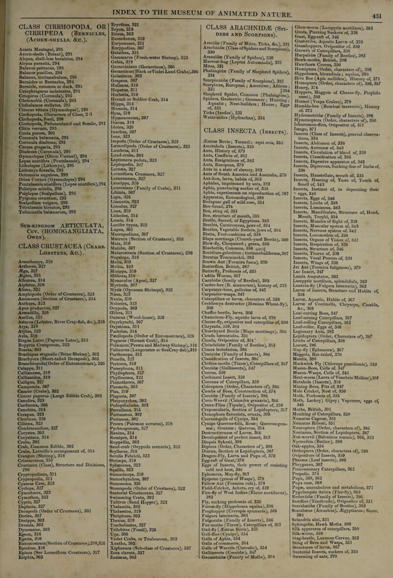 CLASS CIRRHOPODA, OR CIRRIPEDA (Bernicles, (Acorn-shells, &c.). Acasta Montagui, 295 Acorn-shells (Balani), 295 Alepas, shell-less bernicles, 294 Alepas parasita, 294 Balanus psittacus, 295 Balanus pusillus, 294 Balanus, tintinnabulum, 295 Bernicles or Barnacles, 294 Bernicle, common or duck, 295 Catophragmus imbricatus, 295 Cetopirus (Coronula), 295 Chelonobia (Coronula), 295 Chthalamus stellatus, 295 Cineras vittata (Gymnolepas), 295 Cirrhopoda, Characters of Class, 2 il Cirrhopoda, fossil, 298 Cirrhopods, Pedunculated and Sessile, 291 Clitia verruca, 295 Conia porosa, 295 Coronula balsenaris, 295 Coronula diadema, 295 Creusa gregaria, 295 Diadema (Coronula), 295 Gymnolepas (Otion Cuvieri), 294 Lepas anatifera (Pentalasmis), 294 Litholepas (Lithotrya), 295 Lithotrya dorsalis, 295 Octomeris angulosa, 298 Otion Cuvieri (Gymnolepas) 294 Pentalasmis anatifera (Lepas anatifera),294 Policipes mitella, 295 Polylepas (Scalpellum), 295 Pyrgoma crenatum, 295 Scalpellum vulgare, 295 Tetralasmis hirsutus, 295 Tubinicella balaeuarum, 295 Sub-kingdom ARTICULATA, Cuv. (HOMOGANGLIATA, Owen). CLASS CRUSTACEA (Crabs, Lobsters, &c.). Acanthonyx, 310 Actheres, 327 -ffilga, 327 .ZEglea, 315 Albunea, 314 Alpheus, 318 Alima, 322 Amphipoda (Order of Crustacea), 323 Anomoura (Section of Crustacea), 314 Anthura, 323 Apus productus, 327 Armadillo, 326 Asellus, 326 Astacus (Lobster, River Cray-fish, &c.), 318 Atya, 318 Atylus, 323 Axia, 319 Birgus Latro (Pagurus Latro), 315 Bopyrus Crangorum, 323 Boscia, 303 Brachipus stagnalis (Brine Shrimp), 302 Brachyura (Short-tailed Decapods), 302 Branchiopoda(Order of Eutomostraca), 326 Calappa, 311 Callianassa, 319 Callianidea, 319 Calligus, 327 Camposcia, 307 Cancer (Crabs), 302 Cancer pagurus (Large Edible Crab), 302 Canolira, 323 Cardisona, 306 Cenobita, 314 Cerapus, 323 Chorinus, 310 CilicEea, 323 Condracanthus, 327 Corystes, 303 Corystians, 314 Crabs, 302 Crab, Common Edible, 302 Crabs, Latreille's arrangement of, 314 Crangon (Shrimp), 318 Criocarcinus, 310 Crustacea (Class), Structure and Divisions, 298 Cryptopodians, 311 Cryptopodia, 311 Cyamus Cete, 323 Cyclops, 327 Cymodocea, 323 Cymothoa, 323 Cypris, 327 Daphnia, 327 Decapoda (Order of Crustacea), 302 Doclea, 307 Dorippe, 303 Dromia, 303 Dynomene, 303 Egeon, 318 Egeria, 310 Entomostraca(Section of Crustacea),298,326 Epialtus. 310 Epizoa (See Lerneiform Crustacea), 327 Eriphia, 303 INDEX TO THE MUSEUM OF ANIMATED NATURE. Erycthus, 322 Eryon, 319 Etisus, 303 Eumedonus, 310 Euryonome, 311 Eurypodius, 307 Galathea, 315 Gammarus (Fresh-water Shrimp), 323 Gebia, 319 Gecarcinians (Gecarcinus), 306 Gecarcinus(Black orVioletLand Crabs),306 Gelasimus, 303 Grapsus, 307 Halimus, 310 Hepatus, 311 Herbstia, 310 Hermit or Soldier Crab, 314 Hippa, 314 Homola, 314 Hyas, 310 Hymenosoma, 307 Ibacus, 319 Idotea, 326 Inachus, 307 lone, 323 Isopoda (Order of Crustacea), 323 Laemodipoda (Order of Crustacea), 323 Lambrus, 311 Land-crabs, 303 Leptomera pedata, 323 Leptopodia, 307 Lernsea, 327 Lerneiform Crustacea, 327 Lerneonema, 327 Leucippa, 310 Leucosians (Family of Crabs), 311 Libinia, 307 Ligia, 326 Limnoria, 323 Limulus, 327 Lissa, 310 Lithodes, 314 Lomis, 314 Lucifer typus, 322 Lupea, 302 Macropodians, 307 Macrura (Section of Crustacea), 318 Maia, 310 Maiid®, 307 Malacostraca (Section of Crustacea), 298 Megalopa, 318 Melia, 303 Melita, 323 Micippa, 310 Mithrax, 310 Monoculus (Apus), 327 Mycteris, 307 Mysis (Opossum Shrimps), 322 Naesa, 323 Naxia, 310 Nelocira, 323 Ocypoda, 303 CEthra, 311 Oniscus (Wood-louse), 326 Oxyrhynchi, 307 Oxystoma, 311 Pactolus, 314 Ptecilopoda (Order of Entomostraca), 326 Pagurus (Hermit Crab), 314 Palsemon(Prawn and Medway Shrimp), 318 Palinurus (Langoustes or SeaCray-fish),319 Parthenope, 311 Penella, 327 Pericera, 310 Persephona, 311 Phyllophora, 327 Phyllosoma, 322 Pinnotheres, 307 Piremela, 303 Pisa, 310 Plagusia, 307 Platyonychus, 302 Podopthalmus, 302 Porcellana, 315 Portumnus, 302 Portunus, 302 Prawn (Palemon serratus), 318 Pychnogonum, 327 Ranina, 314 Remipes, 314 Ruppellia, 303 Sand-crab (Ocypoda arenaria), 303 Scyllarus, 318 Serolis Fabricii, 323 Shrimps, 318 Sphaeroma, 323 Squilla, 323 Stenocinops, 310 Stenorhynehus, 307 Stenosoma, 326 Stomapoda (Order of Crustacea), 322 Suctorial Crustaceans, 327 Swimming Crabs, 302 Talitrus (Sand Hopper), 323 Thalamita, 302 Thalassina, 319 Thelphusa, 303 Thenus, 319 Tracheliastes, 327 Trilobites (Fossil), 326 Uqa. 306 Violet Crabs, or Toulouroux, 303 Xantho, 302 Xiphosura (Sub-class of Crustacea), 327 Zoea clavata, 327 Zozimus, 303 CLASS ARACHNIDS (Spi¬ ders and Scorpions). Acaridm (Family of Mites, Ticks, &c.), 331 ■^■™chnidie (Class ofSpiders and Scorpions), Araneidae (Family of Spiders), 330 Harvest-bug (Leptus Autumnalis), 331 Mites, 331 Phalaugidae (Family of Shepherd Spiders), 334 Scorpionidae (Family of Scorpions), 331 Scorpions, European ; American ; African ; 331 . [334 Shepherd Spider, Common (Phalangium), Spiders, Geometric ; Gossamer ; Hunting ; Aquatic ; Nest-builders ; House ; Esro-s of, 331 bo Ticks (Ixodes), 331 Water-mites (Hydrachna), 334 CLASS INSECTA (Insects). jEstrus Bovis ; Tarandi; equi ovis, 355 Ametabola (Insecta), 358 Ants, History of, 379 Ants, Conflicts of, 382 Ants, Emigrations of, 382 Ants, European, 379 Ants in a state of slavery, 382 Ants of South America and Australia, 379 Ant-lion, larva, habits of, 363 Aphides, imprisoned by ants, 382 Aphis, puncturing sucker of, 335 Aphis, experiments on reproduction of, 387 Apparatus, Entomological, 398 Bedeguar gall of wild rose, 351 Bee-bread, 374 Bee, sting of, 351 Bee, structure of mouth, 335 Beetle, Sacred, of Egyptians. 383 Beetles, Carnivorous, jaws of, 334 Beetles, Vegetable feeders, jaws of, 334 Blalta, Foot-cushions of, 338 Blaps mortisaga (Church-yard Beetle), 366 Blow-fly, Chequered ; green, 358 Bluebottle, Common, 358 Bocidium galeritum ; tintinnabuliferum,387 Brentus Temmiuckii, 383 Brown Ant (Formica fusca), 379 Butterflies, British, 387 Butterfly, Proboscis of, 335 Caddis Worms, 367 Carabidae (family of Beetles), 383 Carder-bee (B. muscorum), history of, 375 Carpenter-bees, galleries of, 347 Carpenter-wasps, 347 Caterpillars or larvae, characters of, 358 Cecidomya destructor (Hessian Wheat-fly), 350 Chaffer-beetle, larva, 366 Chameleon-Fly, aquatic larva of, 370 Cheese-fly, ovipositor and caterpillar of, 350 Chrysalis, 359, 362 Churchyard Beetle (Blaps mortisaga), 366 Cicada haematodes, 351 Cicada, Ovipositor of, 351' Cicindelidae (Family of Beetles), 333 Cimex lectularius, 386 Cimicidae (Family of Insects), 386 Classification of Insects, 386 Clothes-moths (Tineae), Caterpillars of, 367 Coccidae (Gallinsecta), 347 Coccus, 350 Cochineal Insect, 350 Cocoons of Caterpillars, 359 Coleoptera (Order, Characters of), 386 Combs of Bees, Construction of, 374 Coreidse (Family of Insects), 386 Corn-Weevil (Calandra granaria), 366 Crane-Flies (Tipulae), Ovipositor of, 350 Crepuscularia, Section of Lepidoptera, 387 Ctenophora flaveolata, ornata, 398 Currant-galls of Cynips, 354 Cynips Quercus-folii, Ilosae; Quercus-gem- mae; Genistas ; Quercus, 354 Destructiveness of Larvae, 366 Development of perfect insect, 363 Diopsis Sykesii, 398 Diptera (Order, Characters of), 398 Diurna, Section ot Lepidoptera, 387 Dragon-Fly, Larva and Pupa of, 370 Egg-raft of Gnat,' 370 Eggs of Insects, their power of resisting cold and heat, 346 Ephemera, May-fly, 367 Epipone (genus of Wasps), 378 Fallow Ant (Formica rufa), 379 Field-Cricket, Acheta, cry of, 339 Fire-fly of West Indies (Elater noctilucus), 383 ‘ Fly, sucking proboscis of, 338 Forest-fly (Hippobosca equina),398 Froghopper (Cercopis spumaria), 366 Fulgora laternaria, 383 Fulgoridte (Family of Insects), 386 Fur-moths (Tineae), Caterpillars of, 367 Gad-fly (iEstrus Bovis), 355 Gall-flies (Cynips), 354 Galls of Aphis, 354 Galls of commerce, 354 Galls of Weevils (Curculio), 354 Gallinsecta (Coccidae), 347 Geometridae (Family of Moths), 394 Glow-worm (Lampyris noctiluca), 383 Gnats, Piercing Suckers of, 338 Gnat, Egg-raft of, 346 Gnat-tribe, Aquatic Larva; of, 370 Grasshoppers, Ovipositor of, 350 Growth of Caterpillars, 358 Harpalidae (Family of Beetles), 383 Hawk-moths, British, 390 Hawthorn Coccus, 350 Hemiptera (Order, characters of), 386 Hippobosca, hirundinis ; equina, 393 Hive Bee (Apis mellifica), History of, 371 Homoptera (Order, characters of), 336, 387 Honey, 374 Hoppers, Maggots of Cheese-fly, Piophila casei), 350 Hornet (Vespa Crabro), 378 Humble-bee (Bombus terrestris), History of, 375 Hydrometridae (Family of Insects), 386 Hymenoptera (Order, characters of), 386 Ichneumon-flies, Ovipositor of, 351 Imago, 371 Insecta (Class of Insects), general observa¬ tions, 334 Insects, Abdomen of, 338 Insects, Antennas of, 343 Insects, Circulation of blood of, 339 Insects, Classification of, 386 Insects, Digestive apparatus of, 342 Insects, Dipterous, Sucking disc of limbs of, 338 Insects, Haustellate, mouth of, 335 Insects, Hearing of, Taste of, Touch of, Smell of, 343 Insects, Instinct of, in depositing their eggs, 346 Insects, Eggs of, 346 Insects, Limbs of, 338 Insects, Luminous, 383 Insects, Mandibulate, Structure of, Head, Mouth, Trophi, 334 Insects, Muscles of flight of, 339 Insects, Muscular system of, 342 Insects, Nervous system of, 342 Insects, Locomotion of, 338 Insects, Organs of Vision of, 342 Insects, Respiration of, 339 Insects, Structure of, 346 Insects, Thorax of, 338 Insects, Vocal Powers of, 339 Insects, Wings of, 338 Jet Ant (Formica fuliginosa), 379 Lac Insect, 347 Lamia Amputator, 383 Lampyris noctiluca, splendidula, 383 Lantern-fly (Fulgora laternaria), 383 Lame of Insects, Structure and Habits of, 358 Larvae, Aquatic, Habits of, 367 Larvae of Coccinella, Chrysopa, Cassida, &c., 366 Leal-cutting Bees, 347 Leaf-mining Caterpillars, 367 Leaf-rolling Caterpillars, 362 Leaf-roller, Eggs of, 346 Legionary Ants, 382 Lepidoptera (Order, Characters of), 387 Limbs of Caterpillars, 358 Locust, 386 May-fly (Ephemera), 367 Maggots, Rat-tailed, 370 Mantis, 386 Markwick Fly (Chlorops pumilionis), 350 Mason-Bees, Cells of, 347 Mason-Wasps, Cells of, 346 Meal-worm (Larva of Tenebrio Molitor),36f Metabola (Insecta), 358 Mining-Bees, Pits of, 347 Mole Cricket, Nest of, 350 Moth, Proboscis of, 335 Moth, Lackey'; Gipsy; Vapourer, eggs of, 346 Moths, British, 391 Moulting of Caterpillars, 358 Ncmatus Capreac, 351 Nematus Ribesii, 351 Neuroptera (Order, characters of), 386 Nocturna, Section of Lepidoptera, 387 Nut-weevil (Balaninus nucum), 366, 3S3 Nycteribia (Batlice), 398 Oak-apples, 354 Ortboptera (Order, characters of), 386 Ovipositors of Insects, 350 Phasma (Leaf insects), 386 Phryganea, 367 Processionary Caterpillars, 362 Propolis, 374 Pupa, 359, 362 Pupa-case, 368 Pupae, ametabolous and metabolous, 371 Pygolampsis italica (Fire-fly), 383 Reduviidae (Family of Insects), 386 Sawflies (Tenthredo), Ovipositor of, 351 Scarabteidac (Family of Beetles), 383 Scarabaeus (Ateuchus), vEgyptiacus; Sacer, 383 Selandria alni, 351 Sphingidae, Hawk Moths. 390 Silk apparatus of caterpillars, 358 Silk-worm, 359 Stag-beetle, Lucanus Cervus, 3S3 Sting of Bees and Wasps, 351 Structures of larvae, 367 Suctorial Insects, suckers of, 335 Swarming of ants, 379