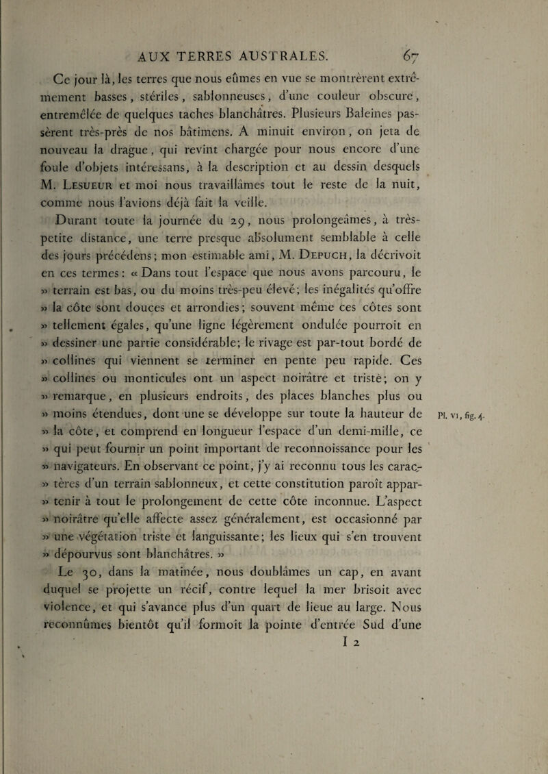 Ce jour là, les terres que nous eûmes en vue se montrèrent extrê¬ mement basses, stériles, sablonneuses, Tune couleur obscure , entremêlée de quelques taches blanchâtres. Plusieurs Baleines pas¬ sèrent très-près de nos bâtimens. A minuit environ, on jeta de nouveau la drague, qui revint chargée pour nous encore d’une foule d’objets intéressans, à la description et au dessin desquels M. Lesueur et moi nous travaillâmes tout le reste de la nuit, comme nous l’avions déjà fait la veille. Durant toute la journée du 29, nous prolongeâmes, à très- petite distance, une terre presque absolument semblable à celle des jours précédens; mon estimable ami, M. Depuch, la décrivoit en ces termes: «Dans tout l’espace que nous avons parcouru, le » terrain est bas, ou du moins très-peu élevé; les inégalités qu’offre « la côte sont douces et arrondies; souvent même ces côtes sont « tellement égales, qu’une ligne légèrement ondulée pourroit en » dessiner une partie considérable; le rivage est par-tout bordé de » collines qui viennent se terminer en pente peu rapide. Ces « collines ou monticules ont un aspect noirâtre et triste; on y 5î remarque, en plusieurs endroits, des places blanches plus ou 55 moins étendues, dont une se développe sur toute la hauteur de pi. vi,%4 55 la côte, et comprend en longueur l’espace d’un demi-mille, ce 55 qui peut fournir un point important de reconnoissance pour les 55 navigateurs. En observant ce point, j’y ai reconnu tous les carac- 55 tères d’un terrain sablonneux, et cette constitution paroît appar- 55 tenir à tout le prolongement de cette côte inconnue. L’aspect 55 noirâtre quelle affecte assez généralement, est occasionné par 55 une végétation triste et languissante ; les lieux qui s’en trouvent 55 dépourvus sont blanchâtres. 55 Le 30, dans la matinée, nous doublâmes un cap, en avant duquel se projette un récif, contre lequel la mer brisoit avec violence, et qui s’avance plus d’un quart de lieue au large. Nous reconnûmes bientôt qu’d formoit la pointe d’entrée Sud d’une I 2