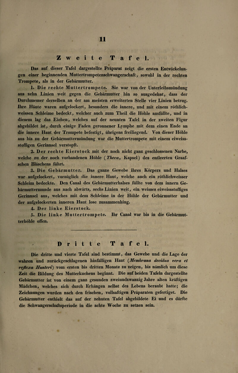 Zweite Tafel. Das auf dieser Tafel dargestellte Präparat zeigt die ersten Entwickelun¬ gen einer beginnenden Muttertrompetenschwangerschaft, sowohl in der rechten Trompete, als in der Gebärmutter. 1. Die rechte Muttertrompete. Sie war von der Unterleibsmündung aus zehn Linien weit gegen die Gebärmutter hin so ausgedehnt, dass der Durchmesser derselben an der am meisten erweiterten Stelle vier Linien betrug. Ihre Häute waren aufgelockert, besonders die innere, und mit einem röthlich- weissen Schleime bedeckt, welcher auch zum Theil die Höhle ausfüllte, und in diesem lag das Eichen, welches auf der neunten Tafel in der zweiten Figur abgebildet ist, durch einige Faden geronnener Lymphe mit dem einen Ende an die innere Haut der Trompete befestigt, übrigens freiliegend. Von dieser Höhle aus bis zu der Gebärmuttermündung war die Muttertrompete mit einem eiweiss- stoffigen Gerinnsel verstopft. 2. Der rechte Eierstock mit der noch nicht ganz geschlossenen Narbe, welche zu der noch vorhandenen Höhle (Theca, Kapsel) des entleerten Graaf- schen Bläschens führt. 3. Die Gebärmutter. Das ganze Gewebe ihres Körpers und Halses war aufgelockert, vorzüglich die innere Haut, welche auch ein röthlichweisser Schleim bedeckte. Den Canal des Gebärmutterhalses füllte von dem innern Ge¬ bärmuttermunde aus nach abwärts, sechs Linien w^it, ein weisses eiweissstoffiges Gerinnsel aus, welches mit dem Schleime in der Höhle der Gebärmutter und der aufgelockerten inneren Haut lose zusammenhing. 4. Der linke Eierstock. 5. Die linke Muttertrompete. Ihr Canal war bis in die Gebärmut¬ terhöhle offen. Dritte Tafel. Die dritte und vierte Tafel sind bestimmt, das Gewebe und die Lage der wahren und zurückgeschlagenen hinfälligen Haut (Membrana decidua vera et reßexa Hunteri) vom ersten bis dritten Monate zu zeigen, bis nämlich um diese Zeit die Bildung des Mutterkuchens beginnt. Die auf beiden Tafeln dargestellte Gebärmutter ist von einem ganz gesunden zweiundzwanzig Jahre alten kräftigen Mädchen, welches sich durch Erhängen selbst des Lebens beraubt hatte; die Zeichnungen wurden nach den frischen, vollsaftigen Präparaten gefertiget. Die Gebärmutter enthielt das auf der zehnten Tafel abgebildete Ei und es dürfte die Schwangerschaftsperiode in die achte Woche zu setzen sein.