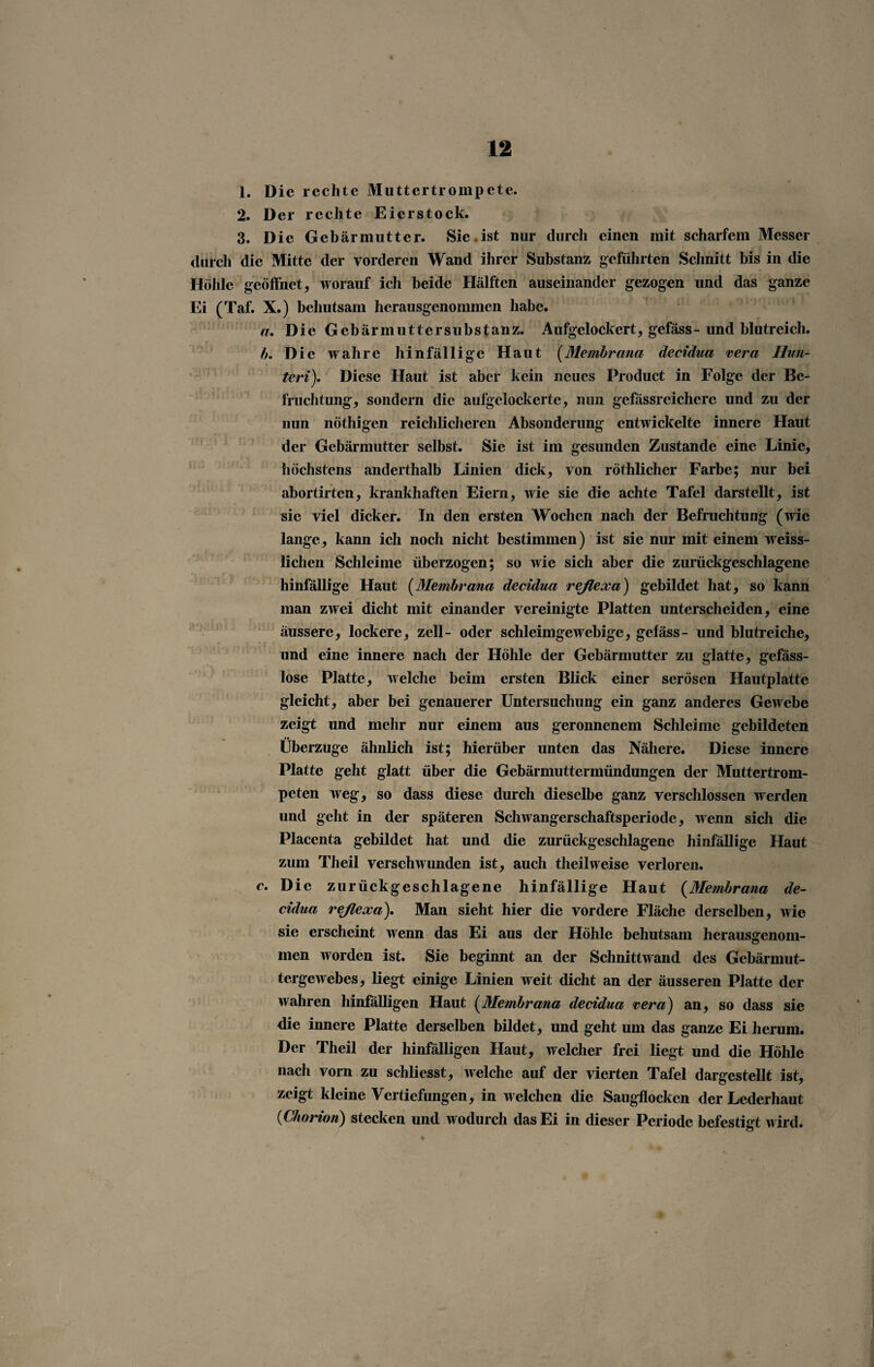 1. Die rechte Muttertrompete. 2. Der rechte Eierstock. 3. Die Gebärmutter. Sie.ist nur durch einen mit scharfem Messer durch die Mitte der vorderen Wand ihrer Substanz geführten Schnitt bis in die Höhle geöffnet, worauf ich beide Hälften auseinander gezogen und das ganze Ei (Taf. X.) behutsam herausgenommen habe. rr. Die Gebärmuttersubstanz. Aufgelockert, gefäss-und blutreich. b. Die wahre hinfällige Haut (Membrana decidua vera Ilun- teri). Diese Haut ist aber kein neues Product in Folge der Be¬ fruchtung, sondern die aufgelockerte, nun gefässrcicherc und zu der nun nöthigen reichlicheren Absonderung entwickelte innere Haut der Gebärmutter selbst. Sic ist im gesunden Zustande eine Linie, höchstens anderthalb Linien dick, von röthlicher Farbe; nur bei abortirten, krankhaften Eiern, wie sie die achte Tafel darstellt, ist sie viel dicker. In den ersten Wochen nach der Befruchtung (wie lange, kann ich noch nicht bestimmen) ist sie nur mit einem weiss- lichen Schleime überzogen; so wie sich aber die zurückgeschlagene hinfällige Haut (Membrana decidua rejlexa) gebildet hat, so kann man zwei dicht mit einander vereinigte Platten unterscheiden, eine äussere, lockere, zell- oder schleimgewebige, gefäss- und blutreiche, und eine innere nach der Höhle der Gebärmutter zu glatte, gefäss- lose Platte, welche beim ersten Blick einer serösen Hautplatte gleicht, aber bei genauerer Untersuchung ein ganz anderes Gewebe zeigt und mehr nur einem aus geronnenem Schleime gebildeten Überzüge ähnlich ist; hierüber unten das Nähere. Diese innere Platte geht glatt über die Gebärmuttermündungen der Muttertrom¬ peten weg, so dass diese durch dieselbe ganz verschlossen werden und geht in der späteren Schwangerschaftsperiode, wenn sich die Placcnta gebildet hat und die zurückgeschlagene hinfällige Haut zum Theil verschwunden ist, auch theilweise verloren. c. Die zurückgeschlagene hinfällige Haut (Membrana de- cidua rejlexa). Man sieht hier die vordere Fläche derselben, wie sie erscheint wenn das Ei aus der Höhle behutsam herausgenom- men worden ist. Sie beginnt an der Schnittwand des Gebärmut¬ tergewebes, liegt einige Linien weit dicht an der äusseren Platte der wahren hinfälligen Haut (Membrana decidua vera) an, so dass sie die innere Platte derselben bildet, und geht um das ganze Ei herum. Der Theil der hinfälligen Haut, welcher frei liegt und die Höhle nach vorn zu schlicsst, welche auf der vierten Tafel dargestellt ist, zeigt kleine Vertiefungen, in welchen die Saugflockcn der Lederhaut (Chorion) stecken und wodurch das Ei in dieser Periode befestigt wird.