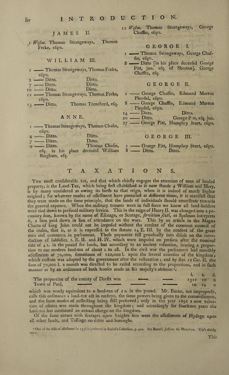 12 JAMES II. i- Wejlm. Thomas Strangeways, Thomas Freke, efqrs. WILLIAM III. 1 -Thomas Strangeways, Thomas Freke, efqrs. 2 -- Ditto. Ditto. 7 -- Ditto. Ditto. io -Ditto. Ditto. 12 » — Thomas Strangeways, Thomas Freke, efqrs. i ^ ...—- Ditto. Thomas Trenchard, efq. ANNE. i -Thomas Strangeways, Thomas Chafin, ■v efqrs. 4 -Ditto. Ditto. 7 -Ditto. Ditto. 9 -Ditto. Thomas Chafin, efq. in his place deceafed William 8 Bingham, efq. C T I O N. Wejlm. Thomas Strangeways, George Chaffin, efqrs. GEORGE I. Thomas Strangeways, George Chaf¬ fin, efqrs. 8 ■■■■ ■— Ditto [in his place deceafed George Pitt, jun. efq. of Shroton], George Chaffin, efq. GEORGE II. i —-George Chaffin, Edmund Morton Plevdel, efqrs. 8 -George Chaffin, Edmund Morton Pleydel, efqrs. 14-Ditto. Ditto. 20 ——— Ditto. George P tt, efq. jun. 27 -George Pitt, Humphry Sturt, efqrs. GEORGE III. George Pitt, Humphry Sturt, efqrs. Ditto. Ditto. TAXATIONS. The mod confiderable tax, and that which chiefly engages the attention of men of landed property, is the Land-Tax, which being firft eftablilhed as it now Rands 4 William and Mary, is by many confidered as owing its birth to that reign, when it is indeed of much higher original ; for whatever modes of afleffinent have prevailed at different times, it is manifeft that they were made on the fame principle, that the lands of individuals ffiould contribute towards the general expence. When the military tenures were in full force we know all land-holders were tied down to perfonal military fervice. This in the reign of Henry II. was changed into a pe¬ cuniary fine, known by the name of Efcuage, or Scutage, fervitium fcuti, as Spelman interprets it, a fum paid down in lieu of attendance on the wars. This by an article in the Magna Charta of king John could not be impofed without the confent of the common council of the realm, that is, as it is exprefled in the ftatute 14 E. III. by the confent of the great men and commons in parliament. Thefe payments fell gruadually into difufe on the intro¬ duction of fubfidies t. R. II. and H. IV. which were impofed on perfons after the nominal rate of 4 s. iri the pound for lands, but according to an ancient valuation, bearing a propor¬ tion to our modern land-tax of about 1 to 28. In the civil war the parliament laid monthly alleffments of 70,000, fometimes of 120,000 1. upon the feveral counties of the kingdom; which cuftom was adopted by the government after the reftoration ; and by flat. 12 Car. II. the fum of 70,000 1. a month was directed to be raifed according to the proportions, and in fuch manner as by an ordinance of both houfes made in his majeffy’s abfence a, 1. s. d. The proportion of the county of Dorfet was ——- » 1311 10 6 Town of Pool, ■ ■ ■ - -- — ■■■ ■ 10 14 o which was nearly equivalent to a land-tax of 2 s. in the pound. Mr. Burne, not improperly, calls this ordinance a land-tax adt in embryo, the fame powers being given to the commiffioners, and the fame modes of collecting being ftill preferved ; only in the year 1692 anew valua¬ tion of eftates was made throughout the kingdom ; and accordingly for fourfcore years the land-tax has continued an annual charge on the kingdom. Of the fame nature with fcutages upon knights fees were the afleflments of Hydage upon all other lands, and Talliage on cities and boroughs. 3 One of the bills of afl’efTment in 1556 is preferved in Scobel’s Collection, p. 400. See Burne’s Juftice, tit. Militia. Cay’s abridg¬ ment. This /