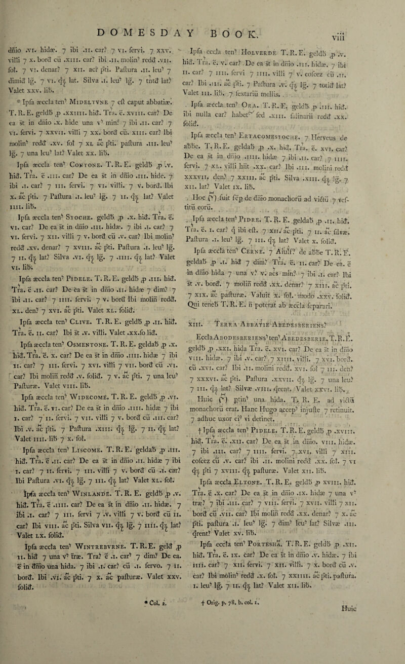 diiio .vr. hida*. 7 ibi .11. car? 7 vi. fervi. 7 xxv. 1 vitti 7 x. bord cu .xin. car? ibi .11. molin'7 redd .vii. fot. 7 vi. denar? 7 xii. acr pti. Paftura .11. leu7 7 dimid lg. 7 vi. q^. lat. Silva .1. leu7 lg. 7 tntd lat? Valet xxv. lib. Ipfa accfa tern7 Mideltvne 7 eft caput abbatia. T.R. E. geldb tp .xxmi. hid. Tra. e. xviii. car? De ea st in dnio .x. hide una v7 min? 7 ibi .11. car? 7 vi. fervi. 7 xxvii. villi 7 xx. bord cu. xm. car? Ibi molin'7 redd .xv. fol 7 xl ac pti. paftura .111. leu17 lg. 7 una leu17 lat? Valet xx. lib. Ipfa accla ten'7 Contone. T.R. E. geldb jp .v. hid. Tra. e .in. car? De ea st in dnio .111. hide. 7 ibi .1. car? 7 hi. fervi. 7 vi. villi. 7 v. bord. Ibi x. ac pti. 7 Padura .1. leu17 lg. 7 11. q^. lat? Valet mi. lib. Ipfa accla ten7 Sioche. geldb p> .x. hid. Tra. e. vi. car? De ea st in dnio .111. hida. 7 ibi .1. car? 7 vi. fervi. 7 xii. villi 7 v. bord cu .v. car? Ibi molin'7 redd .xv. denar? 7 xvm. ac pti. Padura .1. leu7 lg. 7 11. q| lat? Silva .vi. q-|. lg. 7 .1111. q^. lat? Valet vi. lib; Ipfa accla ten17 Pidele. T.R.E. geldb p> .111. hid. Tra. e .11. car? De ea st in dnio .11. hides 7 dim? 7 ibi .11. car? 7 mi. fervi. 7 v. bord Ibi molin redd. xl. den? 7 xvi. ac pti. Valet xl. folid. Ipfa accla ten17 Clive. T.R.E. geldb <p .11. hid. Tra. e. n. car? Ibi st .v. villi. Valet .xx.fo lid. Ipfa accla tern7 Osmentone. T. R. E. geldab p> .x. hid. Tra. e. x. car? De ea st in dnio .1111. hida 7 ibi n. car? 7 in. fervi. 7 xvi. villi 7 vii. bord cu .vi. I’ car? Ibi molin redd .v. folid. 7 v. ac pti. 7 una leu17 Padura. Valet viii. lib. Ipfa accla ten7 Widecome. T. R. E. geldb fp .vi. hid. Tra. e. vi. car? De ea st in dnio .1111. hida 7 ibi 1. car? 7 11. fervi. 7 vii. villi 7 v. bord cu .111. car? Ibi .v. ac pti. 7 Padura .xm; q^ lg. 7 11. qj. lat? Valet mi. lib 7 x. fol. Ipfa accla ten17 Liscome. T.R.E. geldab <p .111. hid. Tra. e .11. car? De ea st in dnio .11. hida 7 ibi 1. car? 7 11. fervi. 7 in. villi 7 v. bord cu .1. car? Ibi Padura .vi. q^ lg. 7 in. q^. lat? Valet xl. fol. Ipfa aeccla ten17 Winlande. T. R. E. geldb p> ,v. hid. Tra. e .1111. car? De ea st in dnio .11. hidae. 7 ibi .1. car? 7 in. fervi 7 .v. villi 7 v. bord cu n. lg. 7 nil. q^. lat? Valet lx. folid. Ipfa aeccla ten7 Wintrebvrne. T.R.E. geld <p n. hid 7 una v^ tra. Tra? e .1. car17 7 dim? De ea. e in dnio una hida. 7 ibi .1. car? cu .1. fervo. 7 ii. bord. Ibi .vi. ac pti. 7 x. ac paftura. Valet xxv. folid. car? Ibi viii. ac pti. Silva vii. vm Ipfa• eccla ten'7 Holverde T.R.E. geldb ^p .v. hid. 1 ra. e. v. car? De ea st in dnio .in. bids. 7 ibi 11. car? 7 mi. fervi 7 mi. villi 7 v. cofeez cu nr. car? Ibi .nr. ac pti. 7 Padura .v. q| lg. 7 totid lat? Valet in. lib. 7 lextariu rnellis. Ipfa. accla.ten7 Ora. T.R.E. geldb ,p mi. hid. ibi nulla car: habet' fed .xin. fdinarii redd .xx. folid. Ipfa secern ten7 Eri acomesi oche. 7 Iderveus de abbe. T. R. E. geldab <p .x. hid. Tra. e. xvi. car? De ea st in dnio .1111. hidae 7 ibi m. car? 7 mi. lervi. 7 xl. villi lint .xx. car? Ibi .111. molim redd XXXVII, den? 7 xxm. ac pti. Silva .xm. q* lg. y xii. lat? Valet ix. lib. . EIoc p) fuit fep de diiio monachoru ad viftu 7 vef- titu eoru. ^..Ipfa tecclateiVPiDRE. T.R.E. geldab ^ m. hid. Tra. e. 1. car? q ibi eft. 7 xn/ac pti. 7 n. ac filva. Padura .1. leu7 lg. 7 in. q^ lat? Valet x. folid. Ipfa aeccla teiV Cerne. 7 Aiulf? de abbe T.R.E. geldab fp .1. hid 7 dim? Tra. e. 11. car? De ea. e in dnio hida 7 una v? v. acs min? 7 ibi .1. car? Ibi st .v. bord. 7 molin redd .xx. denar? 7 xin. ac pti. 7 xix. ac padura. Valuit x. folmmodo .xxv.'folid. Qui teneb T.R.E. h poterat ab accla feparari. p:; r. ~ xm. Terra Abbatie Abedesberiens? Eccla Abodesberiens'7 ten7 Abedesberie. T.R.E. c . • • geldb <p .xxi. hida Tra. e. xvi. car? De ea st in dnio vm. hidae. 7 ibi .v. car? 7 xim. villi. 7 xvi.bord. cu .xvi. car? Ibi m. molini redd. xvi. fol 7 in’, den? 7 xxxvi. ac pti. Paftura .xxvii. qy lg. 7 una leu? 7 hi. q^. lat? Silvae .viii. .qrent. Valet xxvi. lib. Hjiic P) ptin*7 una hida. T. R. E. ad yicltt monachoru erat. Hanc Hugo accept injuftc 7 retinuit. 7 adhuc uxor ei9 vi detinet. f Ipfa aeccla ten17 Pidele. T.R.E. geldb .xvm. hid. Tra. e. .xii. car? De ea st in diiio. vm. hida. 7 ibi ,111. car? 7 nn. fervi. 7 xvi. villi 7 xiii. cofcez cii .v. car? ibi .11. molini redd .xx. fcl. 7 vi q| pti 7 xviii. q^. paftura. Valet xii. lib. Ipfa accla Eltone. T. R. E* geldb <p xviii. hid. Tra. e .x. car? De ea st in dnio .ix. hida 7 una v*7 tra? 7 ibi .111..car? 7 viii.' fervi. 7 xvii. villi 7 xii. bord cu .vii. car? Ibi molin redd .xx. denar? 7 x. ac pti. paftura .1. leu17 lg. 7 dim*7 leu^ lat? Silva .111. qrent? Valet xv. lib. Ipfa eccla ten7 Portesha. T.R.E. geldb ^ .xii. hid. Tra. e. ix. car? De ea st in dnio .v. hida. 7 ibi ini. car? 7 xii. fervi. 7 xn. villi. 7 x. bord cu .v. car? Ibi molin'7 redd .x. fol. 7 xxnn. aT pti. paftura. 1. leu17 lg. 7 n. q‘| lat? Valet xn, lib, f Orig. p. 78. b. col. 1, * Col, 2. Huic
