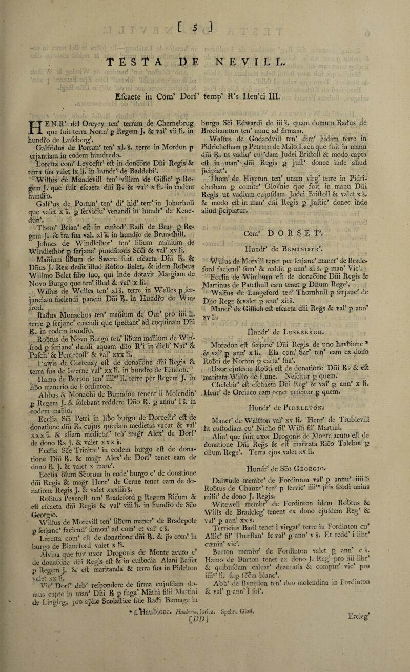 [ 5.] TESTA D E Efcaete in Com* Dorf’ HENR* del Orcyey ten’ terrain de Chernebrug que fuit terra Norm’ p Regem J. 8c val’ vii li. in hundro de Lufebergh Galfridus de For tun’ ten’ xl. s. terre in Mordun p erjantiam in eodem hundredo. Loretta com’ Leyceftr1 eft in doncorie Dili Regis & terra fua valet lx li. in hundr’ de Baddebi’. Willus de Mandevill ten’ villam de Giffic’ p Re- gem J. que fuit efcaeta dhi R. 8c val’ x li. in eodem hundro. Galf’us de Portun’ ten’ di’ hid’ terr’ in Johorhull que valet x s. p ferviciu’ venandi in hundr’ de Kene- dun’. Thom’ Brian’ eft in cuftod’ Radi de Bray p Re* gem J. & tra fua val. xl s* in hundro de Brunelhill. Johnes de Windleflior’ ten’ libum manium de Windlelhof p ferjaiic’ pundatoris Scci & val’ xv li. Manium libum de Swere fuit efcaeta Dili R. & Dnus J. Rex dedit illud Robto Belet, & idem Robtus Willmo Belet filio fuo, qui inde dotavit Margiam de Novo Burgo que ten’ illud 8c val’ x li. Willus de Welles ten’ xl;s. terre in Welles p fer- lanciam faciendi panem Dhi R. in Hundro de Win* frod. Radus Monachus ten’ manium de Our’ pro iiii h. terre p ferjanc’ emendi que fpeftant’ ad coquinam Dni R. in eodem hundro. Robtus de Novo Burgo ten’ libum manium de Wirt- frod p ferjanc’ dandi aquam dho R’i in dieb’ Nat’ & Pafch’ 8c Pentecoft’ 8c val’ xxx li. F awis de Curtenay eft de doliacdhe dhi Regis Sc terra fua de Iwerne vaF xxli. in hundro de Fendon. Hamo de Burton ten’ iiiior li. terre per Regem J. in libo manerio de Fordinton. Abbas 8c Monachi de Bunndon tenent ii Molendin’ p Regent J. 8c folcbant reddere Dho R. p aiinu’ 1 s. in eodem mahio. Ecclia Sci Petri in libo burgo de Dorceftr’ eft de donatione dhi R. cujus quedarn medietas vacat 8c val’ xxxL 8c aliam medietat* teh’ magf Alex’ de Dorf’ de dono Rs J. 8c valet xxx s. Ecclia See Trinitat’ in eodem burgo eft de dona¬ tione Dhi R. 8c rnagr Alex’ de Dorf tenet earn de dono R J. 8c valet x march Ecclia oium Scorum in eode’ burgo e’ de donatione dhi Regis & magf Henr’ de Cerne tenet earn de do¬ natione Regis J. & valet xxxiiiis. Robtus Reverell ten’ Bradeford p Regem Ricum 8c eft efcaeta dhi Regis 8c val’ viii li. in hundro de Sco Georgio. Willus de Morevill ten’ libum maner’ de Bradepole p ferjanc’ faciend’ fumon’ ad com’ et val’ c s. Loretta com’ eft de donatione dhi R. & ps com’ in burgo de Blaneford valet x li. Alvina que fuit uxor Drogonis de Monte acuto e’ de donaeone dhi Regis eft 8c in cuftodia Alani Bafiet p. Regent j. 8c eft maritanda 8c terra fua in Pidelton valet xx li. ... Vic’ Dorf’ deb’ refpondere de firma cujufdatn do- mus capte in man’ Dhi R p fuga’ Mathi filii Martini dv Lingleg, pro apllo Scolaftice Die Radi Barnage in * f. HatlbionC. Hauberio, N E V I L L, temp’ R’s Hen’ci III. burgo Sci Edwardi de iii s. quam domum Radus de Brochamtun ten’ nunc ad firmam. Waltus de Godardvill ten’ dim’ hidam terre in Pidrichefham p Petrum de Malo Lacu que fuit in manu dhi R. lit vadiu’ cnj’dam Judei Briftoll 8c modo capta eft in man’ dhi Regis p juft’ donee inde aliud pcipiath Thom’ de Flivetun ten’ unaln virg’ terre in Pidri¬ chefham p comite* Glovnie que fuit in manu Dhi Regis ut vadium cujufdam Judei Briftoll 8c valet xs, 8c modo eft in man’ dhi Regis p Juftic’ donee inde aliud pcipiatur. i ft . < * . 1j • # C l • . I* r .. ’ i . ; ’ * 1 i I • • • Com’ DORSE t’. Hundr’ de Beministr’. Wilfus de Morvill tenet per ferjanc’ maner’ de Bradet- ford faciend’ fum’ 8c reddit p ann’ xi Sv p man’ Vic’. Ecclia de Wimburn eft de donaeone Dhi Regis 8c Martinus de Patelhull earn tenet p Dhum Rege’. W alt ns de Langeford ten’ Thornhull p ferjanc’ de Dno Rege 8cvalet p ann’ xiis. Maner’ de Giflich eft efcaeta dhi Regs 8c val’ p ann’ xv li.' riundr’ de Lusebergh. Moredon eft ferjanc’ Dhi Regis de uno havbione * 8c val’ p ann’ x li. Ela com’ Sar’ ten’ earn ex dorio Robti de Norton p carta’ fua’. Uxor ejufdem Robti eft de donatione Dhi Rs 8c eft; maritata Willo de Lune. Nefcitur p quern. Chelebir’ eft efehaeta Dhi Reg’ Sc val’ p ann’ x li. . Henr’ de Orciaco cam tenet nefeitur p quern* Hundr’ de PideletcSn* Maner’ de Waltton val’ xv li.' Henr’ de Trublevill ht cuftodiam cu’ Nic'ho fil’ Willi fil’ Martini. Alin’ que fuit uxor Drogonis de Monte acuto eft de donatione Dhi Regs 8c eft maritata Rico Talebot p dhum Regeh Terra ejus valet xv li< Hundr’ de Sco Georgio* Dalwude mentbr’ de Fordinton val’ p annu’ iiii li Robtus de Chaunt’ ten’ p fervic’ iiiite ptis feodi unius milit* de dono J. Regis.- Witevvell membr’ de Fordinton idem Robtus 8c Wilts de Bra deleg’ tenent ex dono ejufdem Reg’ 8c val* p ann’ xxs* Terricius Baril tenet i virgat’ terre in Fordinton cu’ Allic’ fil’ Thurftan’ 8c val’ p ann’ v s* Et redd’ i libr* cumin’ vie’. Burton membr’ de Fordinton valet p ann’ c s. Hamo de Burton tenet ex dono J* Reg’ pro iiii libr’ & quibufdam calcar’ deauratis 8c comput’ vie’ pro iiiior li. fup feem blanch Abb’ de Bynedon ten’ duo molendina in Fordinton & val’ p ann’ 1 folh lorica. Spclin. Glofi. Ercleg’