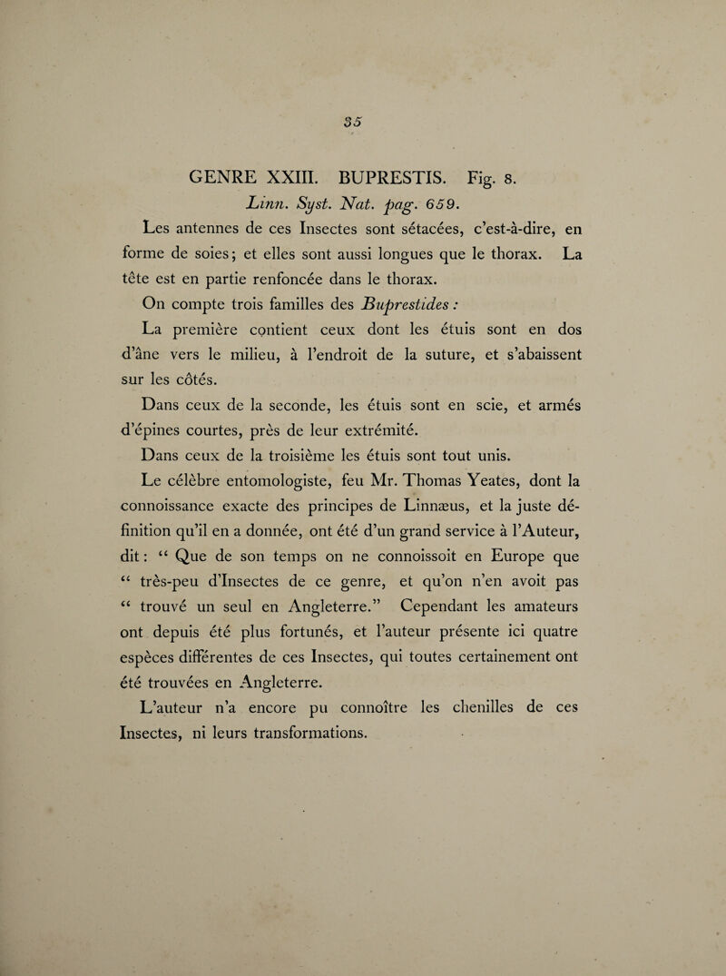 GENRE XXIII. BUPRESTIS. Fig. 8. JLinn. Syst. Nat. pag. 659. Les antennes de ces Insectes sont sétacées, c’est-à-dire, en forme de soies ; et elles sont aussi longues que le thorax. La tête est en partie renfoncée dans le thorax. On compte trois familles des Buprestides : La première contient ceux dont les étuis sont en dos d’âne vers le milieu, à l’endroit de la suture, et s’abaissent sur les côtés. Dans ceux de la seconde, les étuis sont en scie, et armés d’épines courtes, près de leur extrémité. Dans ceux de la troisième les étuis sont tout unis. Le célèbre entomologiste, feu Mr. Thomas Yeates, dont la connoissance exacte des principes de Linnæus, et la juste dé¬ finition qu’il en a donnée, ont été d’un grand service à l’Auteur, dit : “ Que de son temps on ne connoissoit en Europe que “ très-peu d’insectes de ce genre, et qu’on n’en avoit pas “ trouvé un seul en Angleterre.” Cependant les amateurs ont depuis été plus fortunés, et l’auteur présente ici quatre espèces différentes de ces Insectes, qui toutes certainement ont été trouvées en Angleterre. L’auteur n’a encore pu connoître les chenilles de ces Insectes, ni leurs transformations.