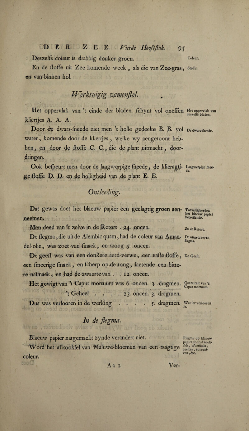 DER ZEE. kierde Hooftjluk. 9 5 Deszelfs coleur is drabbig donker groen. Coietif, En de flofle uit Zee komende week 3 als die vanZee-gras, stoffe, en van binnen hol. Hrerktuigig ZfimenjleL Het oppervlak van ’t einde der bladen fchynt vol oneffen oppervlak va« r r J deszelfs bladen. kliertjes A. A. A. Door de dwars-fheede ziet men \ holle gedeelte B. B. vol De dwars-fneede. water , komende door de kliertjes , welke wy aengetoont heb- ben, en door de flofle C. Q, die de plant uitmaekt , door¬ dringen. Ook belpeurt men door de langwerpige fheede, de klieragu- Langwerpige fnee* de* ge flofle D- D. en d? hpllighqid van de plant E. E, Dat gewas doet het blaeuw papier een geelagtig groen aen- Toevaiiigheeden het blaeuw papieï neemen. betieffende. 4 Men deed van ’5t zelve in de Retort . £4. <opqen. deRetort. De flegma, die uit de Alembic quam, had de coleur van De uitgedreevcn flegma. del-olie , was zoet van fmaek, en woog 5. oneen. De geefl was van een donkere aerd-verwe, een vafle flofle, De Geelt, een fmeerige fmaek, en fcherp op.de.tong, laetende een bitte¬ re nafmaek, en had dezwaertevan . .12. oneen. Het eewigt van ’t -Caput mortuum was 6. oneen. 3. drammen. Quantité^ van ’t o P 1 O Caput mortuum. ■ ?t Geheel . * . . 23. oneen. 3. dragmen. Dus was verlooren in de werking .... 5. dragmen. Wat'erveriooren i ln de flegma. Ontleeding Blaeuw papier natgemaekt zynde verandert niet. vWord het af kook fel van MaJuwe-bloemen van een asagtige coleur. flegma op blaeuW papier door afkook* fels, afverfzels , geeften, éorrosl- ven, &c.