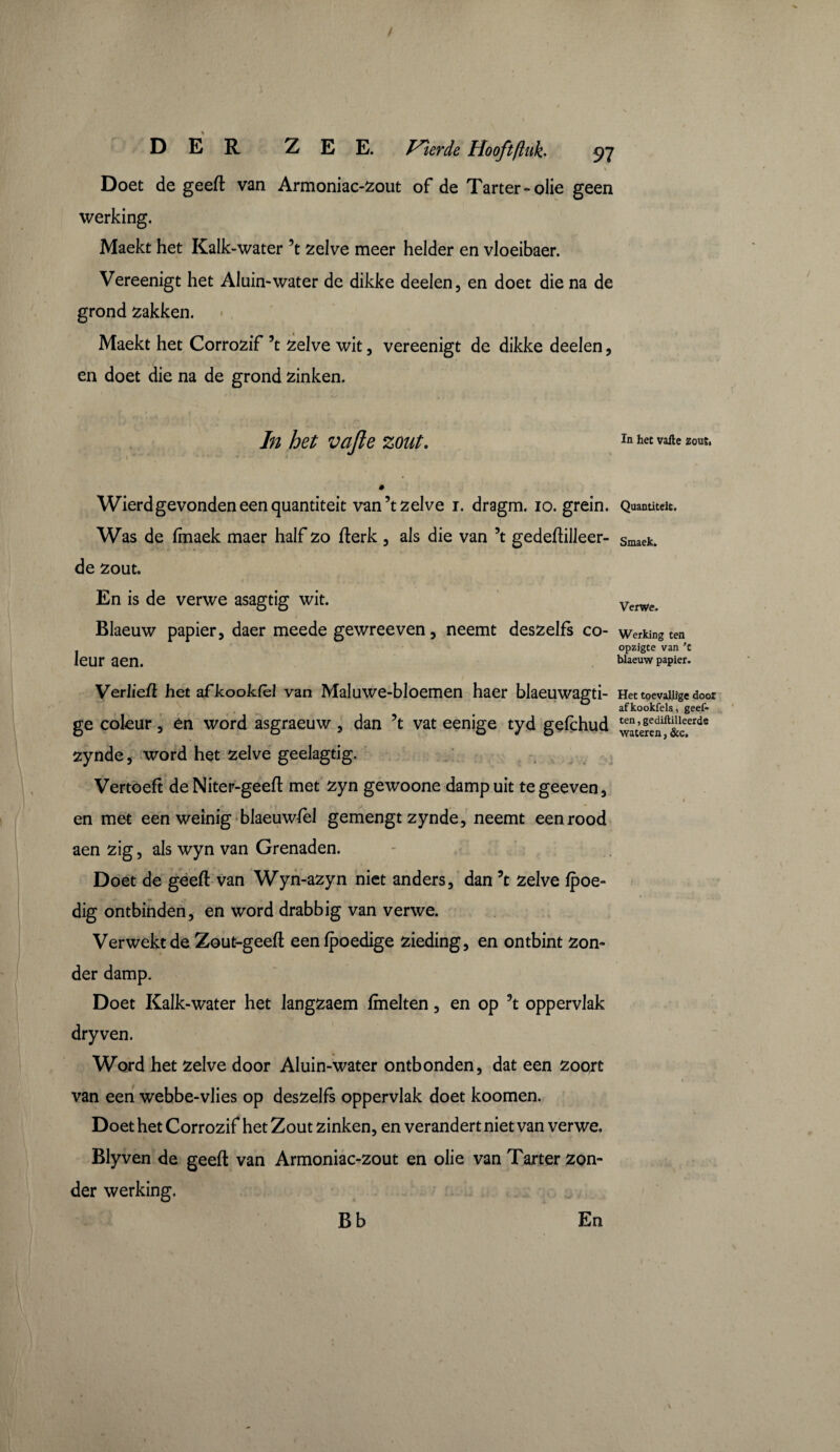 V * . , ' Doet de geeft van Armoniac-zout of de Tarter-olie geen werking. Maekt het Kalk-water ’t zelve meer helder en vloeibaer. Vereenigt het Aluin-water de dikke deelen, en doet die na de grond zakken. Maekt het Corrozif 5t zelve wit, vereenigt de dikke deelen, en doet die na de grond zinken. In het vafte zout. In het vafte zout. Wierd gevonden een quantiteit van ’t zelve 1. dragm. 10. grein. Quantiteic. Was de fmaek maer half zo fterk , als die van \ gedeftilleer- Smaek. de zout. En is de verwe asagtig wit. Verwe^ Blaeuw papier, daer meede gewreeven, neemt deszelfs co- werking ten opzigte van 'C leur aen. blaeuw papier. Verheft het afkookfel van Maluwe-bloemen haer blaeuwagti- Het toevallige door afkookfels, geef* ge coleur, én word asgraeuw, dan 5t vat eenige tyd gefchud waterenft&cerde zynde, word het zelve geelagtig. Vertoeft deNiter-geeft met zyn gewoone damp uit tegeeven, en met een weinig blaeuwfèl gemengt zynde, neemt een rood aen zig, als wyn van Grenaden. Doet de geeft van Wyn-azyn niet anders, dan 5t zelve fpoe- dig ontbinden, en word drabbig van verwe. Verwekt de Zout-geeft een fpoedige zieding, en ontbint zon¬ der damp. Doet Kalk-water het Jangzaem fmelten, en op 5t oppervlak dry ven. Word het zelve door Aluin-water ontbonden, dat een zoort van een webbe-vlies op deszelfs oppervlak doet koomen. Doet het Corrozif het Zout zinken, en verandert niet van verwe. Blyven de geeft van Armoniac-zout en olie van Tarter zon¬ der werking. Bb En