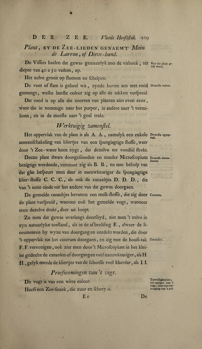 Plant, by de Zee-lieden genaemt Main de Larron, of Diève - hand. De Viiïèrs haelen dat gewas gemeenlyk met de vishoek , ter diepte van40 a 5o vadem, op. Het zelve groeit op fteenen en fchelpen. De voet of fiam is geheel wit, zynde boven aen met rood gemengt, welke Jaetfle coleur zig op alle de takken verfpreid. Dat rood is op alle die zoorten van planten niet even eens , want die in zommige naer het purper, in andere naer ’t vermi- lioen, en in de meefte naer ’t geel trekt. IVerktuigig zamenjlel Het oppervlak van de plant is als A. A., namelyk een enkele aeneenfchakeling van kliertjes van een fpongiagtige fioffe, wraer door ’t Zee - water heen zygt, dat dezelve tot voedfèl fïrekt, Deeze plant dwars doorgefheeden en zonder Microfcopium bezigtigt werdende, vertoont zig als B. B., en met behulp van 'dat glas befpeurt men daer in naeuwkeuriger de fpongiagtige klier- floffe C. C. C., als ook de canaeltjes D. D. D., die van ’t eene einde tot het andere van dat gewas doorgaen. De gemelde canaeltjes bevatten een melk-fioffe, die zig door de plant verfpreid, waerom ook het gemelde vogt, wanneer men dezelve drukt, daer uit loopt. Zo men dat gewas overlangs doorfhyd, ziet men ’t zelve in zyn natuurlyke toefland, als in de afbeelding E., alwaer de li¬ neamenten by wyze van doorgangen ontdekt worden, die door ’t oppervlak tot het centrum doorgaen, en zig met de hooft-tak F. F. vereenigen, ook ziet men door’t Microfcopium in het klei¬ ne gedeelte de canaelen of doorgangen veel naeuwkeuriger, als H. H., gelyk meede de kliertjes van dé fchorffe veel klaerder, als I. ï. Pi -oefneemingen van V vogt. Dit vogt is van een witte coleur. Heeft een Zee-fmaek, die zuur en fcherp is. Ee Hoe die plant ge= vili word, Deszelfa coleur. Deszelfs oppept vlak. Deszelfs dwars* fneede. Canaelen, Zamenftel, Toeval ligheeden, ten opzigte van 't vogt, door een ver¬ menging van ’t zel- De