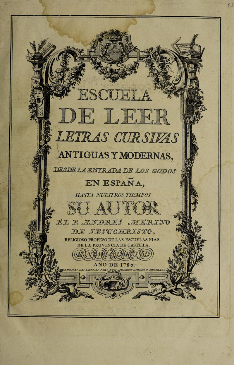 ?J (4, ESCUELA DE LEER LETRAS CURSimS ANTIGUAS Y MODERNAS, DESBEZA ENTRABA BE LOS GODOS EN ESPAÑA, 7 T 4 OTH í XTTTrrTDOO TNIJl/nOO JJUlOXyJ. J.\CJXhOX JT^U-J X XJ2.AVXJL UO jéjl x> ,.'.í;.s:.7X’a;/(j; ¿'UXi'RXyo jom skésvcwelxsto , RELIGIOSO PROFESO DE LAS ESCUELAS PIAS DE LA PROVINCIA DE CASTILLA. ANO DE 178 o. GRAVADAS LAS LM TILA S FORO DON aFRANCISCO ASSENSIO Y ASESORADA -jrmr