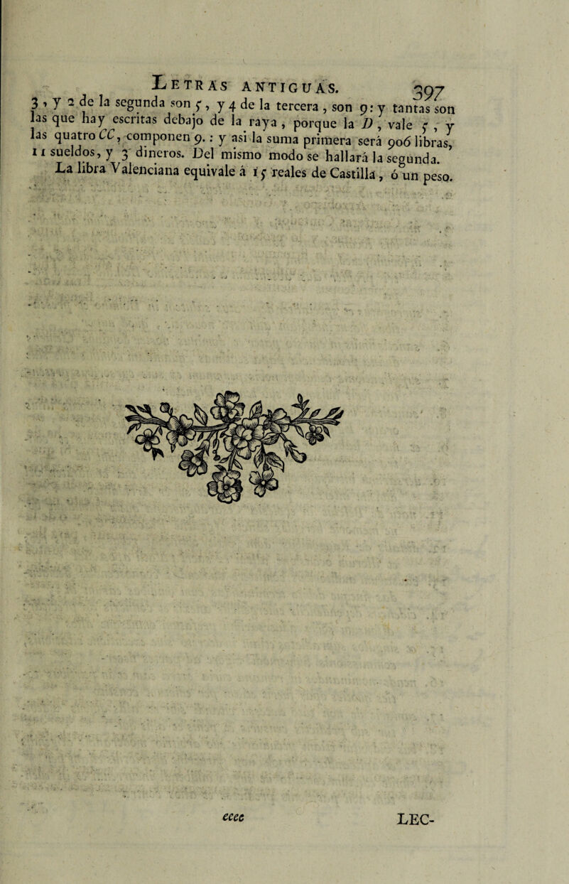 3 * y 2 de la segunda son ^, y 4 de la tercera , son 9: y las que hay escritas debajo de la raya , porque la D , las quatroíX, componen 9.: y asi la suma primera será ii sueldos, y 3 dineros. Del mismo modo se hallará la La libra Valenciana equivale á iy reales de Castilla, 397 tantas son vale y , y 906 libras, segunda, ó un peso. ccec LEC-