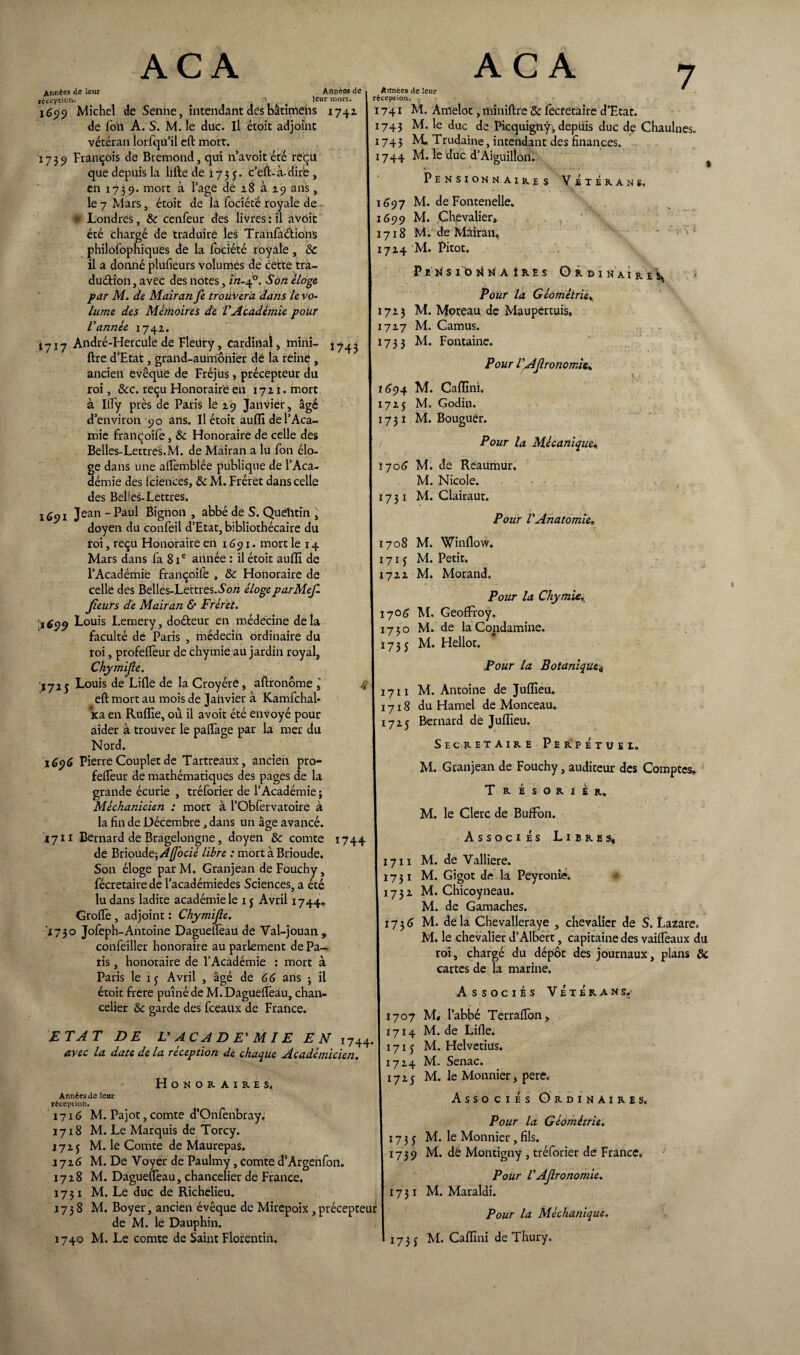 Années de leur réception. 1699 Michel Années de n . leur mort. intendant des bâtimehs 1741 de Senne de loii A. S. M. le duc. Il étoit adjoint vétéran lorfqu’il eft mort. 1739 François de Bremond, qui n’avoit été reçu que depuis la lifte de 1735. c’eft-à-dirè , en 1739. mort à l’agè de 28 à 29 ans, le 7 Mars, étoit de la fociété royale de • Londres, 8c cenfeur des livres : il avoit été chargé de traduire les Traiifaétions philofophiques de la fociété royale , 8c il a donné plufieurs volurrtes de cette tra- duétion, avec des notes, in-40. Son éloge par M. de Mairan Je trouvera dans le vo¬ lume des Mémoires de VAcadémie poiir Vannée 1742. 1717 André-Hercüle de Fleury, cardinal, mini- 17^ ftre d’Etat, grand-aumônier de la reine , ancien evêque de Fréjus, précepteur du roi, &c. reçu Honoraire en 1721. mort à Ilfy près de Paris le 29 Janvier, âgé d’environ 90 ans. Il étoit aufti de l’Aca- mie françoife, & Honoraire de celle des Belles-Lettres.M. de Mairan a lu fon élo¬ ge dans une aflemblée publique de F Aca¬ démie des feiènees, 8c M. Fréret dans celle des Belles-Lettres. Jean ~Pau^ Bignon , abbé de S. Quehtin doyen du confeil d’Etat, bibliothécaire du roi, reçu Honoraire en 1691. mort le 14 Mars dans fa 81e année : il étoit aufti de l’Académie françoife , 8c Honoraire de celle des Belles-Lettres.Son élogeparMef- Jieurs de Mairan & Fréret. ^699 Louis Lemery, doéteur en médecine delà faculté de Paris , médecin ordinaire du roi, profefleur de chymie au jardin royal, Chymijle. 172 3 Louis de Lifte de la Croyére, aftronôme l .y eft mort au mois de Janvier à Kamfchal- Ka en Ruflie, où il avoit été envoyé pour aider à trouver le paftàge par la mer du Nord. 1696 Pierre Couplet de Tartreaux, ancien pro- felfeur de mathématiques des pages de la grande écurie , tréforier de l’Académie ; Méchanicien : mort à l’Obfervatoire à la fin de Décembre, dans un âge avancé. 1711 Bernard de Bragelongne, doyen 8c comte 1744 de Briouéte-,A(fbcié libre : mort à Brioude. Son éloge par M. Granjean de Fouchy, fécretaire de l’académiedes Sciences, a été lu dans ladite académie le 1 $ Avril 1744. Groftè , adjoint : Chymijle. 1730 Jofeph-Antoine Daguelfeau de Val-jouan, confeiller honoraire au parlement de Pa¬ ris , honoraire de l’Académie : mort à Paris le ij Avril , âgé de 66 ans -, il étoit frere puîné de M. Daguelfeau, chan¬ celier 8c garde des fceaux de France. ETAT DE L'ACAD E’MIE EN avec la date de la réception de chaque Académicien. Ordinaires* Aimées de leur # réception. . 1741 M. Amelot, miniftre 8c lecretaire d’Etat. 1743 M. le duc de Picquignÿ, depuis duc de Chaulnes. 1743 M* Trudaine, intendant des finances. 1744 M. le duc d’Aiguillon. Pensionnaires Vétérans» 1697 M. de Fontenelle. 1699 M. Chevalier, 1718 M. de Mairan, 1724 M. Pitot. PlNSltJftNAÎRES Pour la Géométrie. 1723 M. Moreau de Maupertuis, 1727 M. Camus. 1733 M* Fontaine. Pour VAJlronomUs 1694 M. Caflini. 1725 M. Godin. 1731 M. Bouguer. Pour la Mécanique„ 1706 M. de Reaumur. M. Nicole. 1731 M. Clairaut. Pour VAnatomie* M. Winflow. M. Petit. M. Morand. 1744. Honoraires, Années de lear réception. 1716 M. Pajot, comte d’Onfenbray, 1718 M. Le Marquis de Torcy. 1725 M. le Comte de Maurepas. 1726 M. De Voyer de Paulmy, comte d’Argenfon. 1728 M. Daguelfeau, chancelier de France. 1731 M. Le duc de Richelieu. 1738 M. Boyer, ancien évêque de Mirepoix, précepteur de M. le Dauphin. 1740 M. Le comte de Saint Florentin. 1708 1722 Pour la Chymie,, 1706 M. Geoffroy. 1730 M. de laCoiidamine. 1735 M. Hellot. Pour la Botanique* 1711 M. Antoine de Juflieu. 1718 du Hamel de Monceau. 1725 Bernard de Juflîeu. SECRETAIRE PERPETUEL. M. Granjean de Fouchy, auditeur des Comptes» T rÉsorièr, M. le Clerc de BufFon. Associés Libres, 1711 M. de Valliere. 1731 M. Gigot de la Peyronie. 1732 M. Chicoyneau. M. de Gamaches, 1736 M. de la Chevalleraye , chevalier de S. Lazare. M. le chevalier d’Albert, capitaine des vaiflèaux du roi, chargé du dépôt des journaux, plans & cartes de la marine. Associés Vétérans, 1707 M, l’abbé Terraflbn, 1714 M. de Lille. 1715 M. Helvetius. 1724 M. Senac. 1725 M. le Monnier, pere. Associés Ordinaires. Pour la Géométrie. 17 3 j M. le Monnier, fils. 1739 M. dé Montigny , tréforier de France, Pour VAJlronomie. 1731 M. Maraldi. Pour la Méchanique. 173 j M. Caflini de Thury.