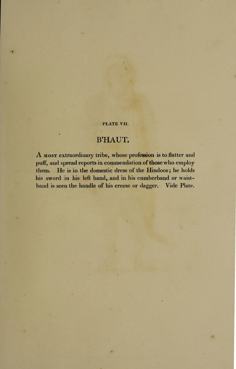 PLATE VII. B’HAUT. A most extraordinary tribe, whose profession is to flatter and puff, and spread reports in commendation of those who employ them. He is in the domestic dress of the Hindoos ; he holds his sword in his left hand, and in his cumberband or waist¬ band is seen the handle of his creese or dagger. Vide Plate. « ■