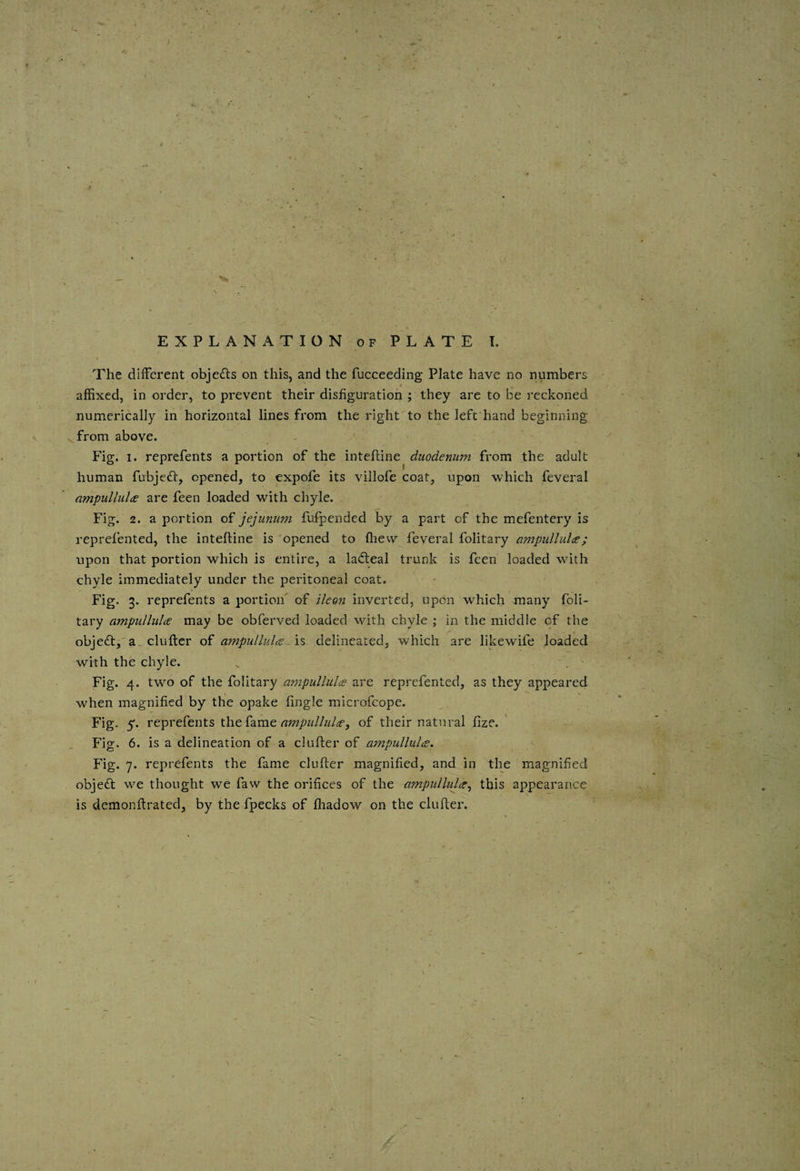 OF PLATE T. EXPLANATION The diiferent objefts on this, and the fucceeding Plate have no numbers affixed, in order, to prevent their disfiguration ; they are to be reckoned numerically in horizontal lines from the right to the left hand beginning from above. - Fig. I. reprefents a portion of the inteftine diiodenmn from the adult human fubje£t, opened, to expofe its villofe coat, upon which feveral ampulliilts are feen loaded with chyle. Fig. 2. a portion of jejunum fufpended by a part of the mefentery is reprefented, the inteftine is 'opened to ffiew feveral folitary ampullulae; upon that portion which is entire, a ladteal trunk is feen loaded with chyle immediately under the peritoneal coat. Fig. 3. reprefents a portion' of ikon inverted, upon which many foli¬ tary ampullulce may be obferved loaded with chyle ; in the middle of the objeft, a. cluftcr of ampullulce is delineated, which are likewife loaded with the chyle. , . ' Fig. 4. two of the folitary ampullulce are reprefented, as they appeared when magnified by the opake fingle raicrofcope. Fig. 5. reprefents the ampullulce, of their natural fize. Fig. 6. is a delineation of a clufter of ampullulce. Fig. 7. reprefents the fame clufter magnified, and in the magnified objeft we thought we faw the orifices of the ampullidce, this appearance is demonftrated, by the fpecks of fhadow on the clufter.
