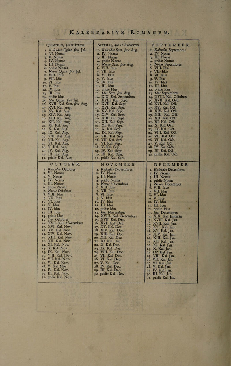 QviNTILIS, qui et Ivlivs. 1. Kalendae Quint. five Jul. 2. VI. Nonas 3. V. Nonas 4.. IV. Nonas 5. III. Nonas 6. pridie Nonas 7. Nonae Quint. five Jul. 8. VIII. Idus 9. VII. Idus 10. VI. Idus 11. V. Idus 12. IV. Idus 13. III. Idus 14. pridie Idus 15. Idus Quint. Jlve Jul. 16. XVII. Kal. Sext. five Aug. 17. XVI. Kal. Aug. 18. XV. Kal. Aug. 19. XIV. Kal. Aug. 20. XIII. Kal. Aug. 21. XII. Kal. Aug. 22. XI. Kal. Aug. 23. X. Kal. Aug. 24. IX. Kal. Aug. 2<$. VIII. Kal. Aug. 26. VII. Kal. Aug. 27. VI. Kal. Aug. 28. V. Kal. Aug. 29. IV. Kal. Aug. 30. III. Kal. Aug. 31. pridie Kal. Aug. Sextilis, qui et Avgvstvs. 1. Kalendae Sext. five Aug. 2. IV. Nonas 3. III. Nonas 4. pridie Nonas 5- Nonae Sext- five Aug. 6. VIII. Idus 7. VII. Idus 8. VI. Idus 9. V. Idus 10. IV. Idus 11. III. Idus 12. pridie Idus 13. Idus Sext. five Aug. 14. XIX. Kal. Septembres 15. XVIII. Kal. Sept. 16. XVII. Kal. Sept. 17. XVI. Kal. Sept. 18. XV. Kal. Sept. 19. XIV. Kal. Sept. 20. XIII. Kal. Sept. 21. XII. Kal. Sept. 22. XI. Kal. Sept. 23. X. Kal. Sept. 24. IX. Kal. Sept. 25. VIII. Kal. Sept. 26. VII. Kal. Sept. 2 7. VI. Kal. Sept. 28. V. Kal. Sept. 29. IV. Kal. Sept. 30. III. Kal. Sept. 31. pridie Kal. Sept. SEPTEMBER. x. Kalendae Septembres 2. IV. Nonas 3. III. Nonas 4. pridie Nonas q. Nonae Septembres 6. VIII. Idus 7. VIL- Idus 8. VI. Idus 9. V. Idus 10. IV. Idus 11. III. Idus 12. pridie Idus 13. Idus Septembres 14. XVIII. Kal. Odtobres 15. XVII. KaLOa. id. XVI. Kal. Od. 17. XV. Kal. Oa. 18. XIV. Kal. Oa. 19. XIII. Kal. Oa. 20. XII. Kal. Oa. 21. XI. Kal. Oa. 22. X. Kal. Oa. 23. IX. Kal. Oa. 24. VIII. Kal. Oa. 25. VII. Kal. Oa. 26. VI. Kal. Oa. 27. V. Kal. oa. . 28. IV. Kal. oa. 29. III. Kal. Oa. 30. pridie Kal. Oa. OCTOBER. 1. Kalendae Odtobres 2. VI. Nonas 3. V. Nonas 4. IV. Nonas 5. III. Nonas 6. pridie Nonas 7. Nonae Octobres 8. VIII. Idus 9. VII. Idus 10. VI. Idus 11. V. Idus 12. IV. Idus 13. III. Idus 14. pridie Idus 15. Idus Octobres 16. XVII. Kal. Novembres 17. XVI. Kal. Nov. 18. XV. Kal. Nov. 19. XIV. Kal. Nov. 20. XIII. Kal. Nov. 21. XII. Kal. Nov. 22. XI. Kal. Nov. 23. X. Kal. Nov. 24. IX. Kal. Nov. 25. VIII. Kal. Nov. 26. VII. Kal. Nov. 27. VI. Kal. Nov. 28. V. Kal. Nov. 29. IV. Kal. Nov. 30. III. Kal. Nov. NOVEMBER. 1. Kalendae Novembres 2. IV. Nonas 3. III. Nonas 4. pridie Nonas 5. Nonae Novembres 6. VIII. Idus 7. VII. Idus 8. VI. Idus 9. V. Idus 10. IV. Idus 11. III. Idus 12. pridie Idus 13. Idus Novembres 14. XVIII. Kal. Decembres 15. XVII. Kal. Dec. 16. XVI. Kal. Dec. 17. XV. Kal. Dec. 18. XIV. Kal. Dec. 19. XIII. Kal. Dec. 20. XII. Kal. Dec. 21. XI. Kal. Dec. 22. X. Kal. Dec. 23. IX. Kal. Dec. 24. VIII. Kal. Dec. 25. VII. Kal. Dec. 26. VI. Kal. Dec. 27. V. Kal. Dec. 28. IV. Kal. Dec. 29. III. Kal. Dec. 30. pridie Kal. Dec. DECEMBER. 1. Kalendae Decembres 2. IV. Nonas ' 3. III. Nonas 4. pridie Nonas ?. Nonae Decembres 6. VIII. Idus 7. VII. Idus 8. VI. Idus 9. V. Idus 10. IV. Idus ri. III. Idus 12. pridie Idus 13. Idus Decembres 14. XIX. Kal. Januarias 15. XVIII. Kal. Jan. 16. XVII. Kal. Jan. 17. XVI. Kal. Jan. 18. XV. Kal. Jan. 19. XIV. Kal. Jan. 20. XIII. Kal. Jan. 21. XII. Kal. Jan. 22. XI. Kal. Jan. 23. X. Kal. Jan. 24. IXt* Kal. Jan. 25. VIII. Kal. Jan. 26. VII. Kal. Jan. 2 7. VI. Kal. Jan. 28. V. Kal. Jan. 29. IV. Kal. Jan. 30. III. Kal. Jan.