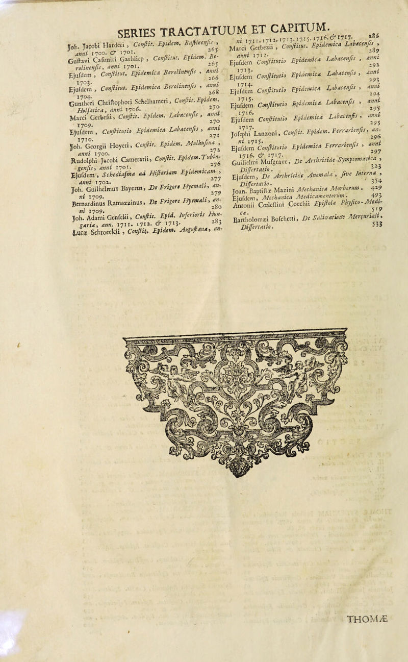 SERIES TRACTATUUM ET CAPITUM. i. Jacobi Htrdcci, Conflit. Epidem. Baftleenfls^, Guftavi CafimS G«biieP , £ rolinenfls, anni 1701, &lt; - “ ’ ■ Ejufdem 3 Conflimf Epidemica Berohntnfls , 4»»s Ejufdem » Conflim. Epidemica Berolinenfls , Guntheri Chriftophori Schclhameri, Conflit. Epidem, Holfatica, anni 1706. 27°. Marci Gerbefii, Conflit. Epidem. Labacenfls , 270 Ejufdem , Confiimio Epidemica Labacenfls , anni Joh.7Georgii Hoyeri, Conflit. Epidem. Mulhuflna , Rudolphi Jacobi Camerarii, Conflit. Epidem.Tubin^ seniis, anni T701. . ' , , . Ejufdem , Schediafma ad Hiftonam Epidemicam^ anni 1702. . ,, . ■ ' , Joh. GuilhelmuS Bayerus, De Frigore Hyemaa, an^ 771 I # Bernardinus Ramazzinus, Dc Frigore llyemah&gt; an^ ni 1709• . , _ /■* &gt; . fl, „ Joh. Adami Genfelii, Conflit. Epid. Inferioris Dun, garia, ann. 1711. 1712. “ 5 lUcx Schroeckii, Conflit.. Awfl*n*&gt; ** 289 anni 293 anni 395 anni 294 anni Z9$ anni 'A5 ciyiTii 171'* . r/ r Ejufdem Confiimio Epidemica Labacenfls Ejufdem Confiimio Epidemica Labacenfls ; Ejufdem Confiimio Epidemica Labacenfls Ejufdem Conflimio Epidemica. Labacenfls Ejbfdem Conflitutio Epidemica Labacenfls Jdfcph? Lanzoni, C#&gt;. Ferrarienfls, Ejufdem1 Conflitutio Epidemica Ferrarienfls , anni^ GuilidroiMufgrL, De Arthritide Symptomatica, Differtatio. , _ . . V* Ejufdem, De Arthritide Anomala , /t/e Interna^ Jo^^ptiftL’ Mazini Mechanica Morborum . 4*9 Ejufdem, Mechanica Medicamentorum. 4 Antonii Coeleftini Coccini EpiftoU Phyflco-Medi- Eanholomsi Bofchctti, De Salivatione Merqmh, Dijfertfllio. ' ^ THOMvE