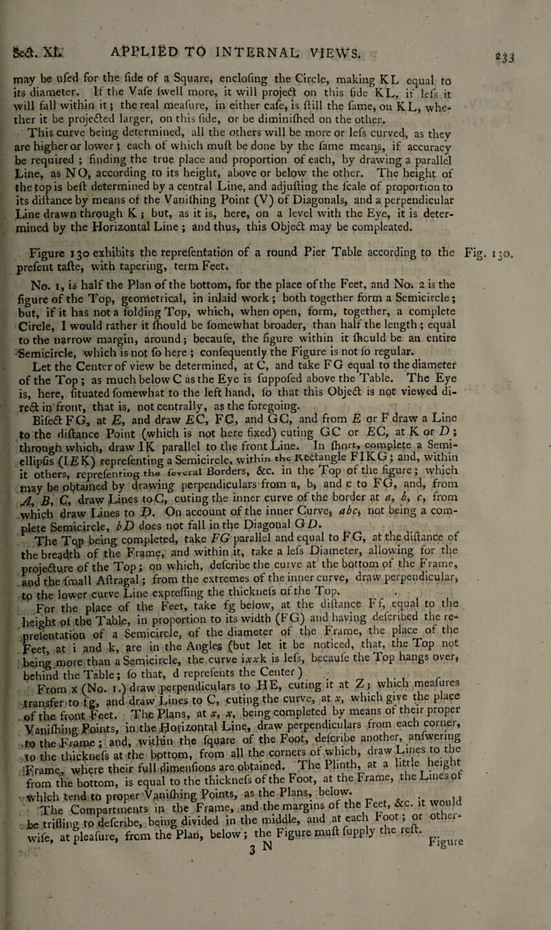 may be ufed for the fide of a Square, enclofing the Circle, making KL equal to its diameter. If the Vale lwell more, it will projeft on this fide KL, if lefs it will fall within it ; the real meafure, in either cafe* is ftill the fame* on KL, whe¬ ther it be proje&ed larger, on this fide, or be diminifhed on the other. This curve being determined, all the others will be more or lefs curved, as they are higher or lower; each of which muft be done by the fame means, if accuracy be required ; finding the true place and proportion of each, by drawing a parallel Line, as NO, according to its height* above or below the other. The height of the top is beft determined by a central Line, and adjufting the fcale of proportion to its diftance by means of the Vanilhing Point (V) of Diagonals, and a perpendicular Line drawn through K j but, as it is, here, on a level with the Eye, it is deter¬ mined by the Horizontal Line ; and thus, this Objedt may be compleated. Figure 130 exhibits the teprefentation of a round Piet Table according to the Fi prefent tafte, with tapering, term Feeta No. 1, is half the Plan of the bottom, for the place of the Feet, and No. 2 is the figure of the Top, geometrical, in inlaid work; both together form a Semicircle; but, if it has not a folding Top, which, when open, form, together, a complete Circle, I would rather it fhould be fomewhat broader, than half the length ; equal to the narrow margin* around; becaufe, the figure within it (hculd be an entire Semicircle, which is not fo here ; confequently the Figure is not fo regular. Let the Center of view be determined, at C, and take FG equal to the diameter of the Top ; as much below C as the Eye is fuppofed above the Table. The Eye is, here, fituated fomewhat to the left hand, lo that this Objedt is not viewed di¬ rect in front, that is, not centrally, as the foregoing. Bife&FG, at E, and draw EC, FC> and GC, and from E or F draw a Line to the diftance Point (which is not here fixed) cuting GC or EC, at K or D; through which, draw IK parallel to the front Line* In (hort, complete a Semi- ellipfis (IEK) reprefenting a Semicircle, withm the Rectangle FIKG; and, within it others, reprefenting the fcvcral Borders, &c. in the Top of the figure; which may be pbtained by drawing perpendiculars from a, b* and c to FG, and, from B, C, draw Lines to C, cuting the inner curve of the border at a, b, c, from which draw Lines to D. On account of the inner Curve* abc-> not being a com¬ plete Semicircle, bD does not fall in the Diagonal G£>. The Tqp being completed, take FG parallel and equal to FG, at the difianCe of the breadth of the Frame, and within it, take a lefs Diameter, allowing for the proje&ure of the Top; on which, deferibe the curve at the bottom of the Frame, and the fmall Aftragal; from the extremes of the inner curve, draw perpendicular, tp the lower curve Line expreffing the thicknefs of the Top. For the place of the Feet, take fg below, at the diftance F f, equal to the height pf the Table, in proportion to its width (FG) and having deferibed the re¬ presentation of a Semicircle, of the diameter of the Frame, the place of the Feet, at i and k, are in the Angles (but let it be noticed, that, the Top not being more than a Semicircle, the curve lxxk is lefs, becaufe the Top hangs over* behind the Table; fo that, d reprefents the Center ) • From x (No. i.)draw perpendiculars to HE, cuting it at Z; which mealures transfer-to fg, and draw Lines to C, cuting the curve, at x, which give the place of the front Feet. The Plans, at *, being completed by means ot their proper Yaniftiine: Points, in the Horizontal Line, draw perpendiculars from each corner, .to the Frame ; and, within the fqugre of the Foot, delcnbe another, anfwenng to the thicknefs at the bottom, from all the corners ot which, draw Lipes to the 'Frame, where their full dimenfions are obtained. The Plinth, at a little height from the bottom, is equal to the thicknefs of the Foot, at the Frame, the Lines ot which tend to proper V.aniftfing Points, as the Plans, below. ,, The Compartments in the Frame, and the margins of the Feet, &c. .t would be trifling to deferibe, being divided in the middle, and at each Foot, or othei- vvife, atpleafure, from the Plan, below; the Figure muft fupp j le 1 • 3