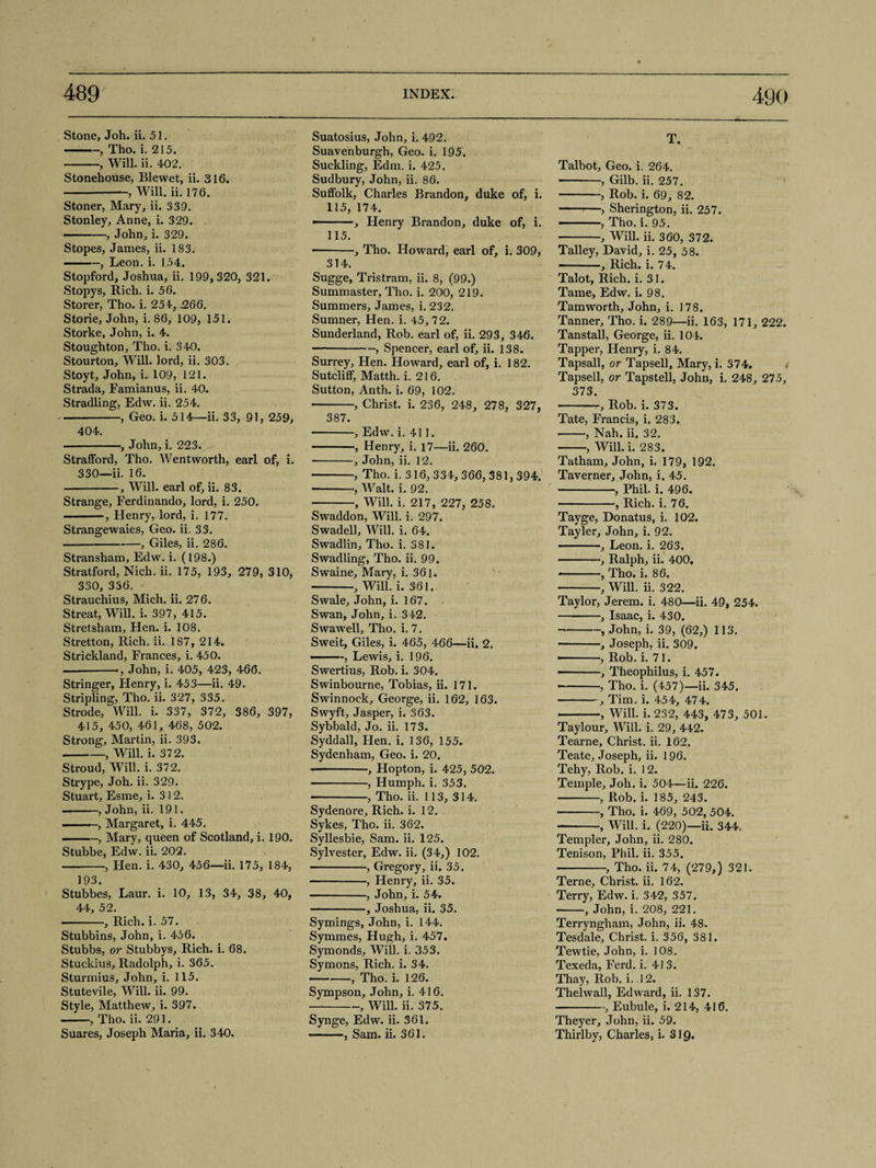 Stone, Joh. ii. 51. -, Tho. i. 215. -, Will. ii. 402. Stonehouse, Blewet, ii. 316. -Will. ii. 176. Stoner, Mary, ii. 339. Stonley, Anne, i. 329. -, John, i. 329. Stopes, James, ii. 183. ■ ■ ■ —, Leon. i. 154. Stopford, Joshua, ii. 199,320, 321. Stopys, Rich. i. 56. Storer, Tho. i. 254, .266. Storie, John, i. 86, 109, 151. Storke, John, i. 4. Stoughton, Tho. i. 340. Stourton, Will, lord, ii. 303. Stoyt, John, i., 109, 121. Strada, Famianus, ii. 40. Stradling, Edw. ii. 254. -, Geo. i. 514—ii. 33, 91, 259, 404. -•, John, i. 223. Strafford, Tho. Wentworth, earl of, i. 330—ii. 16. -, Will, earl of, ii. 83. Strange, Ferdinando, lord, i. 250. -, Henry, lord, i. 177. Strangewaies, Geo. ii. 33. ■ -, Giles, ii. 286. Stransham, Edw. i. (198.) Stratford, Nich. ii. 175, 193, 279, 310, 330, 336. Strauchius, Mich. ii. 276. Streat, Will. i. 397, 415. Stretsham, Hen. i. 108. Stretton, Rich. ii. 187, 214. Strickland, Fiances, i. 450. -John, i. 405, 423, 466. Stringer, Henry, i. 453—ii. 49. Stripling, Tho. ii. 327, 335. Strode, Will. i. 337, 372, 386, 397, 415, 450, 461, 468, 502. Strong, Martin, ii. 393. -, Will. i. 372. Stroud, Will. i. 372. Strype, Joh. ii. 329. Stuart, Esme, i. 312. -, John, ii. 191. . —, Margaret, i. 445. ...-, Mary, queen of Scotland, i. 190. Stubbe, Edw. ii. 202. -, Hen. i. 430, 456—ii. 175, 184, 193. Stubbes, Laur. i. 10, 13, 34, 38, 40, 44, 52. ■ -, Rich. i. 57. Stubbins, John, i. 456. Stubbs, or Stubbys, Rich. i. 68. Stuckius, Radolph, i. 365. Sturmius, John, i. 115. Stutevile, Will. ii. 99. Style, Matthew, i. 397. —, Tho. ii. 291. Suares, Joseph Maria, ii. 340. Suatosius, John, i. 492. Suavenburgh, Geo. i. 195. Suckling, Edm. i. 425. Sudbury, John, ii. 86. Suffolk, Charles Brandon, duke of, i. 115, 174. ———, Henry Brandon, duke of, i. 115. --, Tho. Howard, earl of, i. 309, 314. Sugge, Tristram, ii. 8, (99.) Summaster, Tho. i. 200, 219. Summers, James, i. 232. Sumner, Hen. i. 45,72. Sunderland, Rob. earl of, ii. 293, 346. -, Spencer, earl of, ii. 138. Surrey, Hen. Howard, earl of, i. 182. Sutcliff, Matth. i. 216. Sutton, Anth. i. 69, 102. -, Christ, i. 236, 248, 278, 327, 387. -, Edw. i. 411. -, Henry, i. 17—ii. 260. -, John, ii. 12. -, Tho. i. 316, 334,366, 381,394. ■ --, Walt. i. 92. -, Will. i. 217, 227, 258. Swaddon, Will. i. 297. Swadell, Will. i. 64. Swadlin, Tho. i. 381. Swadling, Tho. ii. 99. Swaine, Mary, i. 361. --, Will. i. 361. Swale, John, i. 167. Swan, John, i. 342. Swawell, Tho. i. 7. Sweit, Giles, i. 465, 466—ii. 2. — ■■-, Lewis, i. 196. Swertius, Rob. i. 304. Swinbourne, Tobias, ii. 171. Swinnock, George, ii. 162, 163. Swyft, Jasper, i. 363. Sybbald, Jo. ii. 173. Syddall, Hen. i. 136, 155. Sydenham, Geo. i. 20. ————, Hopton, i. 425, 502. -, Humph, i. 353. -, Tho. ii. 113, 314. Sydenore, Rich. i. 12. Sykes, Tho. ii. 362. Syllesbie, Sam. ii. 125. Sylvester, Edw. ii. (34,) 102. -, Gregory, ii. 35. --, Henry, ii. 35. -, John, i. 54. -, Joshua, ii. 35. Symings, John, i. 144. Symmes, Hugh, i. 457. Symonds, Will. i. 353. Symons, Rich. i. 34. -, Tho. i. 126. Sympson, John, i. 416. -, Will. ii. 375. Synge, Edw. ii. 361. ■ , Sam. ii. 361. T. Talbot, Geo. i. 264. -, Gilb. ii. 257. --, Rob. i. 69, 82. -5—, Sherington, ii. 257. -, Tho. i. 95. -, Will. ii. 360, 372. Talley, David, i. 25, 58. ——, Rich. i. 74. Talot, Rich. i. 31. Tame, Edw. i. 98. Tamworth, John, i. 178. Tanner, Tho. i. 289—ii. 163, 171, 222. Tanstall, George, ii. 104. Tapper, Flenry, i. 84. Tapsall, or Tapsell, Mary, i. 374. < Tapsell, or Tapstell, John, i. 248, 275, 373. -, Rob. i. 373. Tate, Francis, i. 283. -, Nah. ii. 32. -, Will. i. 283. Tatham, John, i. 179, 192. Taverner, John, i. 45. -, Phil. i. 496. -, Rich. i. 76. Tayge, Donatus, i. 102. Tayler, John, i. 92. ■ , Leon. i. 263. -, Ralph, ii. 400. -, Tho. i. 86. -, Will. ii. 322. Taylor, Jerem. i. 480—ii. 49, 254. -, Isaac, i. 430. --, John, i. 39, (62,) 113. -, Joseph, ii. 309. ——, Rob. i. 71. ■ -, Theophilus, i. 457. --, Tho. i. (457)—ii. 345. -, Tim. i. 454, 474. -, Will. i. 232, 443, 473, 501. Taylour, Will. i. 29, 442. Tearne, Christ, ii. 162. Teate, Joseph, ii. 196. Tehy, Rob. i. 12. Temple, Joh. i. 504—ii. 226. -, Rob. i. 185, 243. -~, Tho. i. 469, 502, 504. --, Will. i. (220)—ii. 344. Templer, John, ii. 280. Tenison, Phil. ii. 355. -, Tho. ii. 74, (279,) 321. Terne, Christ, ii. 162. Terry, Edw. i. 342, 357. ■ -, John, i. 208, 221. Terryngham, John, ii. 48. Tesdale, Christ, i. 356, 381. Tewtie, John, i. 108. Texeda, Ferd. i. 413. Thay, Rob. i. 12. Thelwall, Edward, ii. 137. -, Eubule, i. 214, 416, Theyer, John, ii. 59. Thirlby, Charles, i. 319.