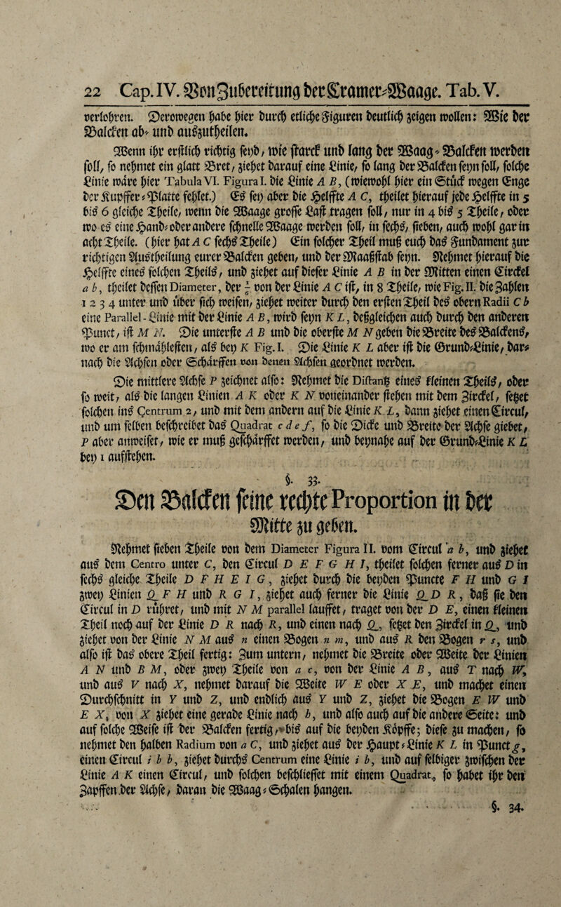 ncilcjrcti. Serotueacn ^aU ^kt etliche Stguven t)eut(ic^ geigen wöUen: SBi'c fSalcfen ab uni) au^gut^eilem 2Benn ib\: erjliici) rid&tig fet)i)^ tui'e ftatrcf utt^ lang ter SBoIcfen tnerteit fü{(, fö nehmet ein glatt S3ret/ gieret ^arauf eine ^Cinie, fo lang l)et:25alcfenfei;nföl(, folc&e ^^infe mare bkt Tabula VI. Figura I. bk =0inie a b, (wtooi^I bkv ein 0tu(f itjegen (Enge bet ^upjfet # glatte fehlet.) (E^ fei; a^et? l)ie .^elffte a c, ti^eilet hierauf jel)e .^elffte in 5 biß 6 gleiche Xpeile/ mm bk SCBaage grofie =^a)f tragen foK/ nur in 4 l)i^ 5 X^eile, okr m iß eine .^an^ ober andere fc^neße^aage rrerben foK, in feeb^/ fieben, auch mU gar in acl)t X^eile. (bicr bat a c feeb^ XJeile) (Ein fold^er Xbeil mag cueb ba^ Sunbament gar rid)tigen Slao^tbeilang eurer ^alcfen geben, anb ber SOlaagfJab fepn. 0lebmet bißt^fluf bie .^elfftc eine^ fbleben Xbeil^, anb giebet auf biefer ^inie a b in ber nJlitten einen (Eircfel a b, tbcilet beffen Diameter, bcr 7 oon ber Cinie a c ifl, in 8 Xbeile, trie Fig. IL bie 3nb^«t 1234 unter anb aber fibb ireifen, giebet meiter bareb ben erftenXbeil be^ obernRadü cb eine Parallel-ßinie mitber^Cinie ab, trirb fepn KL, beßgleicben aacb bareb ben anberen ^unct/ iff M N. 2)ie unterjle a b anb bie oberfle M N geben bie 23reite bzß SSalcfen^/ tüö er am fcbmablefieti/ al^ bep k Fig.i. Sie ^inie K L aber ifl bk ©ranb^ßinie/ bar# naeb ^k Slcbfen ober (Bcbävffm ven benmt sirbfeit georbnet toerben. Sie mittlere ^ebfe p geiebnet alfo: ERebmet bie Diftani^ eimß fleinen XbeUß/ ober fc ireit, al^ bie langen =^inien a k ober k n ooneinanber ffeben mit bem SirdPei, feget foleben in^ (Zentrum 2, anb mit bem anbern auf bie ^inie K bann giebet einen©rcai^ nnb am felben befi^reibet ba^ Quadrat edef, fo bie Siefe anb äSreitcber 5(ebfe giebet, p aber ainreifet/ roie er mag gefebarffet werben, anb bepnabe auf ber ©ranb^Sinie k l bei; I aafWem Sen Salefen feine rechte Proportion in ber SKitte ju geßen. Slebmet fieben Xbeile oon bem Diameter Figura 11. oom Circa!h, anb giebet aa^ bem Centro unter c, ben Circa! D E F g H I, tbeilet foleben ferner au^ D in feeb^ gleiche Xbeile D F H E i G, giebet bareb bie bepben Cßanctc f h anb c? i gwei; Linien (2_F H artb R G /, giebet aacb ferner bie ^inie Q^D R, bag pc ben Circal in D rabret, anb mit N M parallel laaffet, traget oon ber D e, einen kleinen Xbeil noch auf ber =Pinie D r nach R, anb einen nach ß., fe^et ben 3irrfe( in jß., anb giebet oon ber (^inie n m anß n einen S5ogen n m, anb aa^ R ben S3ogen r x, anb alfo ifl ba^ obere Xbeil fertig: 3am untern, nehmet bie S3reitc ober ^eite bcr »Linien N anb R M, ober gwep Xbeile bon 0 c, ron ber =Pinie ab, mß t nach mb aa^ v nach x, nehmet baraaf bie SßSeite w e ober x t, anb macbet einen Sarebfebnitt in y anb z, anb enblicb ßa^ y anb z, giebet bie S5ogen E w anb E X, oon X giebet eine gerabe Cinie nach h, anb alfo aacb auf bie anbere (Seite: anb auf folcbe QSßeife ifl t)er S3alcfen fertig,'^bi^ auf bie bepben .kbpffe; biefe ga machen, fo nebmet ben halben Radium oon a c, anb giebet aa^ ber j^aapt^^inie R R in ^anct^, einen Circal i h b, giebet bareb^ Centrum eine ^inie / b, anb auf felbiger gwifeben ber ^inie A K einen (Eircal, anb foleben befcblieffet mit einem Quadrat^ fo habet ihr ben' 3apffen ber Slcbfe f baran bie ^aag ^ 0cbalen bnngen* .. • §» 34.