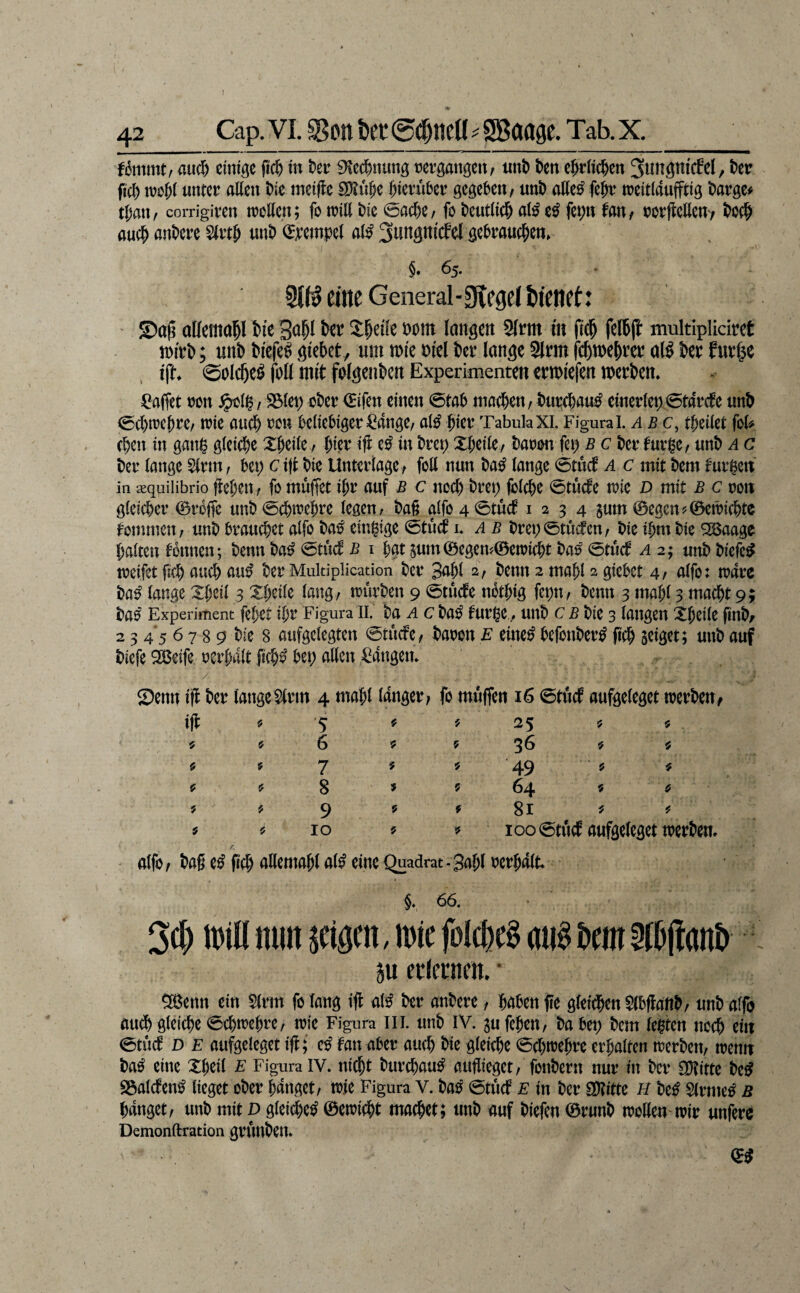 fommt/ aud) eint^c fic^ in tJer ^fcc^iiung tjetgattgeit/ unt) t)m ^ungniifel, t>er fic^ tvo^l iintet: allen mcifle SKn^e hierüber gegeben, nnb alle^ fe&r weitlauffttg bärge# tl;an, corrigiren trollen; fo trill bte 0a(be, fo beutllcb al^e^ fet;n fan, rorflellen> bo(|) auc^ anbere S(rt& nnb (J^:einpel al^ ^ungttfcfel gebraue^ien, §. 65. eilte General-gtege(t)tenet: S)a^ ollema^l Ut fccr X^eile bom langen 9(rm in ftd^ felbft multipliciret intrb; unb bi'efe^ giebet, um tm'e blol ber lange 5lrm al^ ber furf^e i'ft* @ol($e^ foll mit felgenbcn Experimenten crnn'efen merben. Raffet ron ^li^, S3let; ober (Elfen einen 0tab machen, bupebau^ clnerlep 0tarde nnb 0cl)trebre/ trle ancb beliebiger ^ange, al^ Tabula XI. Figura I. abc, tbßllet fol# eben ln gang glclebß XbcHe, blßi^ in bret; Xbelle, baron feg b c ber fnrge, nnb a c ber lange ^vm, bet; clfl ble Unterlage, foll nun ba^ lange <btM a c mit bem furgen in ^quiiibrio fleljett, fo muffct Ibr auf B € ttocb bret; fblebe 0tucfe trlc d mit .ß c oon gleicher ©rbffe unb0cbn?ebrc legen, ba§ alfo 4 0tücf 1234 gum 0egen#0etrl(bte fotnmen, unb brauchet alfo ba^ etnglge ©tnd u ab bret;0tuden, ble Ihm ble $Jßaage halten Tonnen; benn ba^ 0tucf b i hat gum0egenf0etrlcbt ba^ 0tucb a 2; unb blefe^ trelfet fleh auch au^ ber Multiplication ber 3aht 2, benn 2 mahl 2 glebet 4, alfo: trarc ba^ lange Xhell 3 Xhelle lang, trurben 9 0tucfc nothlg fegn, benn 3 mahl 3 macht 9; ba^ Experiment fehet Igr Figura II. ba A c ba^ furgc, unb c £ ble 3 langen Xhelle finb/ 2 3 4 5 6 7 8 9 ble 8 aufgelegten @tncfe, baron E timß befonber^ fleh jelget; unb auf blefe SBelfe rerhalt ftcbr bet; allen A^attgen» 2)enn Ifl ber lange$(rtn 4 mahl langer, fo muffen 16 0tncf aufgeleget trerbeu/ 25 36 49 64 « 81 ^ ^ ioo0tncf aufgeleget trerbem alfo, bag e^ fldh aHemahl al^ eine Quadrat-3ahl rerhdlt. §♦ 66. Sch irlll nun sclgen, irtc folchc^ an^ bem ib (taub 5u etlctnen. * ^enn ein $(rtn fo lang Ifl al^ ber anbere, haben ffc glelthen Slbffattb, unb alfo öu^gleiche©ebtrehre, trle Figura ili. unb IV. gufehen, habet; bem legten noch eltt 0tücf D E aufgeleget Ift; e^ fanaber auch ble gleiche 0(htrehre erhalten trerben, trentt ba^ eine Xhell e Figura IV. nicht burchau^ auflleget, fonbern nur ln ber SOtltte be^ SSalcfen^ lieget ober hanget, tote Figura V. ba^ 0tucf e ln ber 9!)?ltte H be^ Slrtne^ b hanget, unb mit p gleichet 0etrl(ht machet; unb auf blefcn 0runb troHen trlr unfere Demonftration gruttbett. 0^