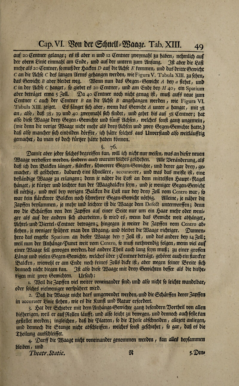 auf 2o€cntnci! gctange; tfl aUv n unt> 12 Zentner ju ^ahtn, auf t)ct öberu ^inie eiuma^J am (Ettt)C/ uni) auf betr untent jum SJufau^. 3ff aber bic mebr a(^ 20 Zentner/ fo mug ber ^aef cn d auf bie Siebfe e f ommen, unb ba^ brirte ©etriebt c an bie 5(cbfe c bc^ fangen gegangen werben, wie Figura V. Tabula xm. ju feiern ba^ ©ewiebt b aber bleibet weg* 2ßenn nun ba^ ©egen?©ewiebt a bet) a flebet, unb c in ber S(d&fe c banget, fo giebet e^ 20 Zentner, unb am ©nbe bet; i/40, ein Spatium aber betraget etwa 5 3oK* ®a 40 Zentner noch nicht genug iff, mug auf^ neue aum Zentner c auch ber Zentner b an bie 5(cbfe b angebangen werben, wie Figura VL Tabula XIII. aciget. fdnget geb aber, wenn ba^ ©ewiebt a unter a banget, mit 3g an, aifo, bag 38,39tmb4o an?ei)mabf geb gnbet, unb gebet hinauf 58€entner; bat aifo biefe QGBaage brep ©egen?©ewi(bte unb fünff Sfebfen, wefebe^ fong gatip ungemein/ (wie benn bie rorige 9!Baage nicht mehr af^ bret;S(cbfen unb awep ©cgen?©ewicbte batte,) bag aifo mancher geh einbilben bbrffte, ich batte folcbe^ au^ Unoerganb aifo weitlaufftig gemacbet, ba man e^ boeb batte haben tonnen. §* 76. Samit aber jeber folcbc^begreiffen tan, will ich nicht nur weifen, wa^ an biefer neuen 9GBaage oerbeffert worben, fonbevn auch warum folcbe^ gefebeben* 5(lle 23eranberung, a(^ bag ich ben S3alcfen langer, garefer, febwerere ©egcn?©ewicbte, unb berer gar brep, ge# machet, iggefebeben, babureb eine fcbnellere , accuratere, unb wa^ ba^ meige ig, eine beganbige 935aage au erlangen; benn je ndber bie ^ag an bem mitteigen .^aupt?^agel banget, je turper unb leichter tan ber ^aagbalcfen fepn, unb je weniger ©egen?©ewicbt ig nbtbig/ unb weil bep vorigen 23alcfen bie =l^ag nur bep brep 3og rom Centro war, fo war tein garcterer 23alcten noch g^webrer ©egen?©ewicbt nbtbig* Sllleine, je naher bic 3apffen bepfammen, je mehr imb leichter ig bie 935aage bem Defea unterworfen; bemt wo bic (öcbdrffen oon ben 3apfFtn auf einer 0eite nur um ein .^aar mehr ober weni# ger al^ auf ber anbern geh abarbeiten, fo wirb e^, wenn ba^ ©ewiebt weit abbanget/ Siebtel?unb 23iertel?©entner betragen; hingegen je weiter bie 3apffen rom Centro ab# geben, je weniger fpübret man ben Slbgang, unb bleibet bieSöaage richtiger* Sannen# bero bae engege Spatium an biefer SIßaage bep 7 ig/ nnb ba^anbere bep i43oß; weil nun ber ^nbdnge?^unct weit rom Centro, fo mu§ notbwenbig folgen, wenn oiel auf einer 5S5aage foll gewogen werben, ba^ anbere Xbcil auch lang fepn mug; au einer groffett ^dnge unb nielen©egen?©ewi^te, welche^ über 3 ©entner betragt, gehöret auch ein garcter S3alcten, wiewohl er am ©nbe noch teine^ 3oß^ biete ig, aber wegen feiner SSreite geh bennoeb nicht biegen tan. 3g aifo biefe 9ßBaage mit brep ©ewiebten beffer al^ bie biobe# rigen mit an)cp ©ewiebten. Urfacb: 1. ^eil bieSapffen rief weiter ooneinanber gnb, unb aifo nicht fo leichte wanbelbar/ ober folcbc^ oielweniger nerfpübret wirb. 2. Sag bie ^aage nicht barf umgewenbet werben, unb bie0cbdrffen berer Sapffeti in accurater ^inie geben, wie e^ bie ^ung unb Statur erforbert. 3. .^at ber Schieber mit bcmSlnbdnge?©ewicbte ganp befonbernSortbeil non aßett btß'berigen, weil er auf^loUen Imifft, unb aifo leicht au bewegen, unb bennoeb auch fege tan gegellet werben; ingletcben, bag bie glatten, fo bie Xbeife abfebneiben, aKeaeit anliegen, unb bennoeb bie 0tange nicht abfcbleiffen, welche^ fong gefebiebet/ fo gar, bdg e^ bic Xbeilung auöfcbleiffet. 4* Sarff bie SJßaage nicht ooneinanber genommen werben / tan aße^ bepfammen bleiben, unb Theatr.Static. 91 5-Sen#