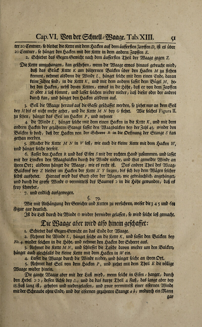 Cap.VI. Sßonbet Tab.XIIL UV 20 drnmv, fo Wetbct t)ie Mu mit t)em ^acfcn auf km auflerflcn Bapffcn D, ifl cö ükc 20 ß:cntnet / fo fanget kn ^aefen mit kr ^ettc in km ankrn Sapffen E. 2. 0(^ickt ©egen;0cn)ic|)t nac^ t)em aufferflen tcr Sßaage gegen z ©ie^ette um5uk«öen/ kn gefij&ekn^ trenn t)ie ^aage etira^ ^inau^ gebrac&t trir^/ k§ 0tucf ^ettc k am ^oigernen SSaiefen über kn ^aefen m ju jlekn fommt, ne{)met ai^knn bie ^inbe i, banget foicbe mit bem einen (5nbe, baran feine S^btte finb/ in bie .^ette k, unb mit bem anbern faffet bem SÖügel m, be^ bet ben ^aefen/ nebfl benen betten, etn^a^ in bie^bbe/ ba§ er ron bem S^Pffett D ober ^(ob kmmt^ unb (affet fo(cben trieber nieber/ baß biefer ober ber ankre bureb kn/ unb banget ben^aefen af^benn auf* 3* (5ott bie 533aage beraub auf bie0afTe gefebaffet irerbeU/ fo Riebet nur an bem6ei( bet; Hbi^ e^ nicht mehr gebet/ unb bie ^ette M n hzx) o ffebet* 2Öie folcbe^ Figura IL 5u febett/ b^ttget ba^ 0ei( im^aefen P, unb nehmet 4- bie ^tnbe i, b^titget foicbe mit bem einen ^aefen in bie ^erte K, unb mit bem anbern ^aefen ber gebahnten 0tange faffet ben ^aagbafefen bep ber3ab(45/ trinbet ben S3alcfen fo becb/ ba§ t)tv ^aefen ron ber Sebcere r it% bie Deffnung ber 0tange s kn getban n^erben. 5* ^Jtacbet bie ^ette M n in v (of / trie auch bie Heine ^ette mit bem jpaefen W, unb banget foicbe bepfeit. 6. gaffet ben^aefen R unb ba^ 0ifen i*mit ber rechten ^anb'jufammert/ unb (affet mit ber ^inefen ben QBaagbaicfen bureb bie ^inbe nieber/ unb tbut gemc(bte 2Binbe an ihren Ort; ai^benn bnnget bie ^aage/ trie e^ recht ifi Sa^ anbere Xbei( be^ 3Baag# ^a(cfen^ bep 2 b(eibet im ^aefen ber ^ette x y (iegett/ bi^ fleh bep bem ^agen fo(cber fe(bff au^ebet. hierauf trirb ba^ ©utb ober ber Jagern wie gebrauebfieb/ angebanget/ unb bureb bie groffe 2Binbe © rermitteifi be0 S3aume^ 2) in bie <g)bbe gewunbeu/ ba§ e^ frep febwebet/ 7. unb enbiieb <tit^gewogen* §* 79» ^ie mit $(nbangung ber ©ewiebte unb betten ju rerfabreit/ weifet bie 3 4 5 unb 6u Sigur gar beutiieb» 3(1 bie-^aff bureb bie S05inbe © wieber berniebergeiaffeit/ fo wirb fo(cbe (og gemacht. £>ie SBaage oC'ci: tt)ü‘i» aifo g^affet; i* 0cbiebet ba^ ©egen'.©ewicbt an ba^ (^nbe ber ®aage* 2, 9Zebmet bie sasinbe l , banget fo(cbe an bie^ette /c, unb faffet ben 95a(cfen bep ^ö.4. winbet foicben in bie Jpbbe/ unb nehmet ben ^aefen ber 0cbeere au^* 3» ^^ebmet bie Äette M n, unb febüeffet bie Xafebe baoon wieber um kn ^afefett/ banget auch gleicbfnfi^ bie Heine ^ette mit km ^act’eti in w ein. 4» Raffet bie SBaage bureb bie SBinbe nieber/ unb banget fofebe an ihren Ort 5. 0tebntet ba^ 0ei( non bem ^aefen P, unb siebet mit bem Xbeif E bie r^Kige SBaage wieber biuein. Sie gange ^aage aber mit ber ^afl wirb/ wenn fofebe in ©ifen / bunget/ bureb ben ^cbe( 2) 2) / kffen $(cbfe bep A/ unb ba ba^ furge XbH( 4 5u§/ ba^ (ange aber bep i8Su§ (ang ift/ gehoben unb nieberge(affen/ unb jwar rermitteifl einer eifernen 9a^inbe mitber0cbraube obne©nbe/ unb ber eifernen gesahnten0tange ah; wobureb einSKanrt