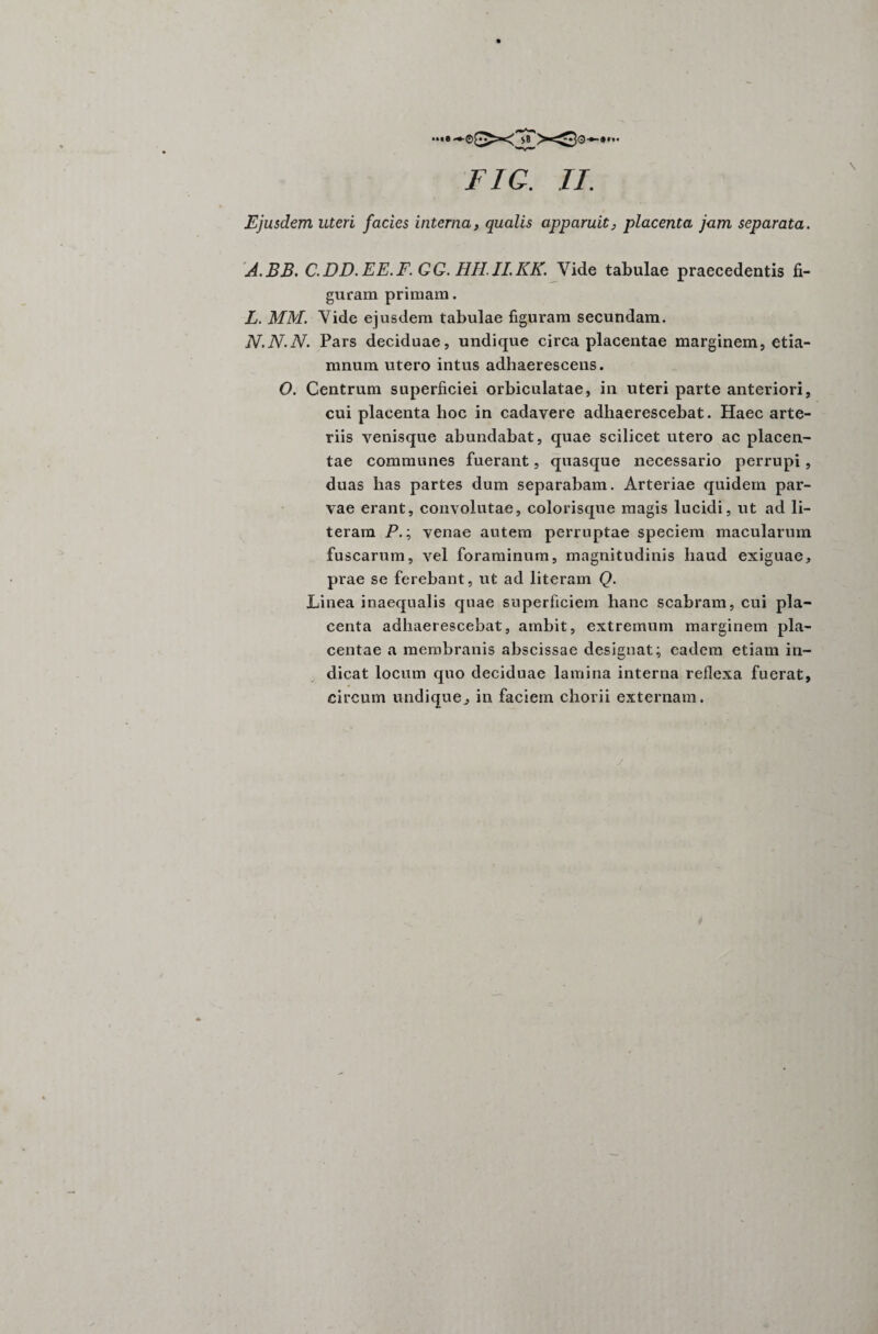 FIG. II. Ejusdem uteri facies interna, qualis apparuit, placenta jam separata. A.BB. C.DD. EE.F. GG. HH.II.KK. Vide tabulae praecedentis fi¬ guram primam. L. MM. Vide ejusdem tabulae figuram secundam. N.N.N. Pars deciduae, undique circa placentae marginem, etia- mnum utero intus adhaerescens. O. Centrum superficiei orbiculatae, in uteri parte anteriori, cui placenta hoc in cadavere adhaerescebat. Haec arte¬ riis venisque abundabat, quae scilicet utero ac placen¬ tae communes fuerant, quasque necessario perrupi, duas has partes dum separabam. Arteriae quidem par¬ vae erant, convolutae, colorisque magis lucidi, ut ad li- teram P.; venae autem perruptae speciem macularum fuscarum, vel foraminum, magnitudinis haud exiguae, prae se ferebant, ut ad literam Q. Linea inaequalis quae superficiem hanc scabram, cui pla¬ centa adhaerescebat, ambit, extremum marginem pla¬ centae a membranis abscissae designat; eadem etiam in¬ dicat locum quo deciduae lamina interna reflexa fuerat, circum undique, in faciem chorii externam.