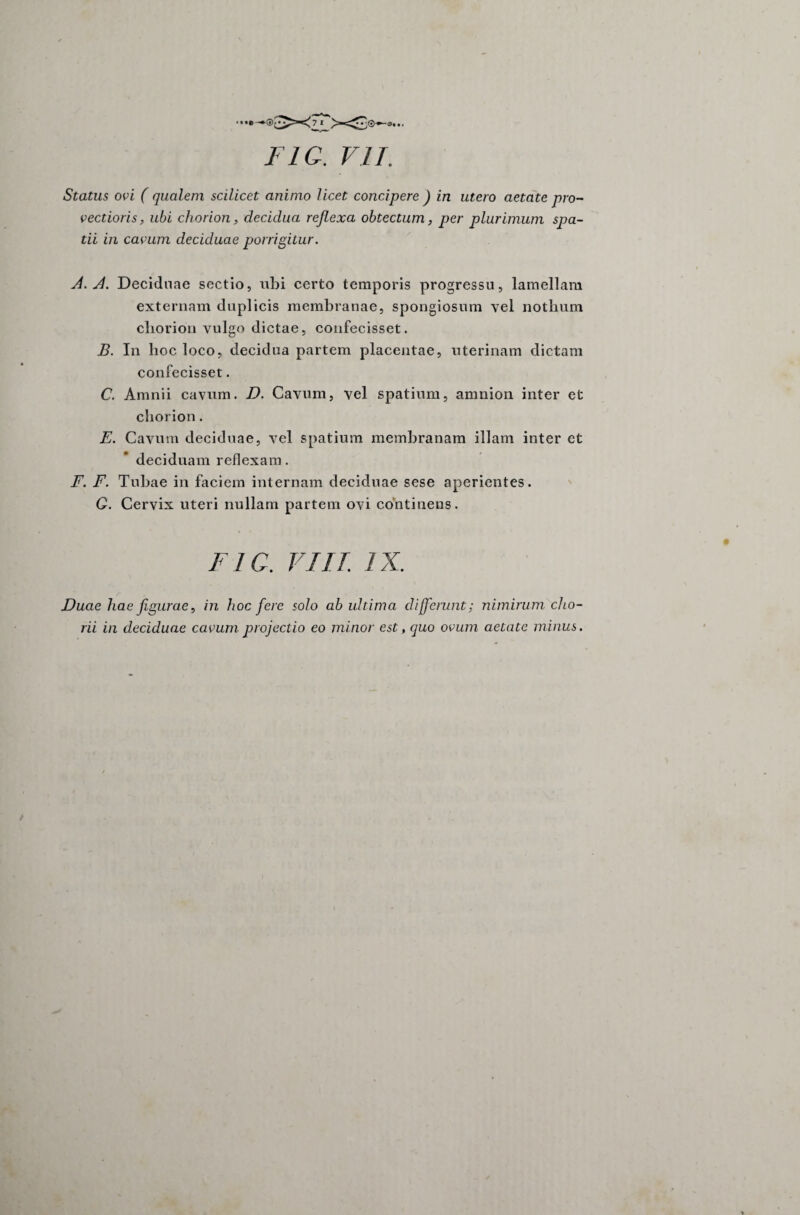 Status ovi ( qualem scilicet animo licet concipere j in utero aetate pro¬ vectioris, ubi cliorion, decidua reflexa obtectum, per plurimum spa¬ tii in cavum deciduae porrigitur. A. A. Deciduae sectio, ubi certo temporis progressu, lamellam externam duplicis membranae, spongiosum vel nothum cliorion vulgo dictae, confecisset. B. In hoc loco, decidua partem placentae, uterinam dictam confecisset. C. Amnii cavum. D. Cavum, vel spatium, amnion inter et cliorion. E. Cavum deciduae, vel spatium membranam illam inter et deciduam reflexam. F. F. Tubae in faciem internam deciduae sese aperientes. Q. Cervix uteri nullam partem ovi continens. 1 I C. VIII. IX. Duae hae figurae, in hoc fere solo ab ultima differunt; nimirum cho¬ rii in deciduae cavum projectio eo minor est, cjuo ovum aetate minus.