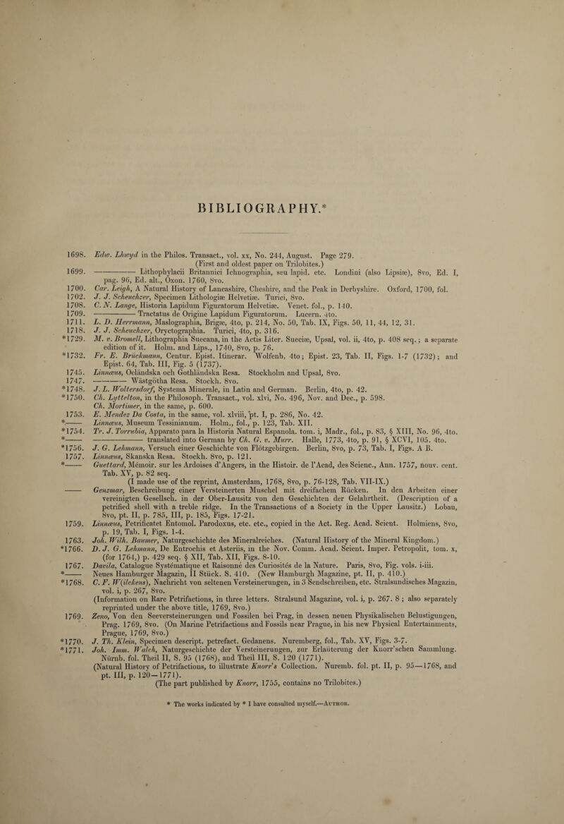 BIBLIOGRAPHY.* 1698. Edw. Lhwyd in the Pliilos. Transact., vol. xx, No. 244, August. Page 279. (First and oldest paper on Trilobites.) 1699. -Lithophylacii Britannici Ichnographia, seu lapid. etc. Londini (also Lipsiee), 8vo, Ed. I, pag. 96, Ed. alt., Oxon. 1/60, 8vo. 1700. Car. Leigh, A Natural History of Lancashire, Cheshire, and the Peak in Derbyshire. Oxford, 1700, fol. 1702. J. J. Scheuchzer, Specimen Lithologiae Helvetia. Turici, 8vo. 1708. C.N. Lange, Historia Lapidum Figuratorum Helvetia. Venet. fol., p. 140. 1709. -Tractatus de Origine Lapidum Figuratorum. Lucern. 4to. 1711. L. I). Herrmann, Maslographia, Brigse, 4to, p. 214, No. 50, Tab. IX, Figs. 50, 11, 44, 12, 31. 1718. J. J. Scheuchzer, Oryctographia. Turici, 4to, p. 316. *1729. M. v. Bromell, Lithographia Suecana, in the Actis Liter. Suecise, Upsal, vol. ii, 4to, p. 408 seq.; a separate edition of it. Holm, and Lips., 1740, 8vo, p. 76. *1732. Fr. E. Brixchnann, Centur. Epist. Itinerar. Wolfenb. 4to; Epist. 23, Tab. II, Figs. 1-7 (1732); and Epist. 64, Tab. Ill, Fig. 5 (1737). 1745. Linnaeus, Oeländska och Gothländska Resa. Stockholm and Upsal, 8vo. 1747- --Wästgötha Resa. Stockh. 8vo. *1748. J.L. Woltersdorf, Systema Minerale, in Latin and German. Berlin, 4to, p. 42. *1750. Ch. Lyttelton, in the Philosoph. Transact., vol. xlvi, No. 496, Nov. and Dec., p. 598. Ch. Mortimer, in the same, p. 600. 1753. E. Mendez Da Costa, in the same, vol. xlviii, pt. I, p. 286, No. 42. *,- Linnceus, Museum Tessinianum. Holm., fol., p. 123, Tab. XII. *1754. Tr. J. Torrubia, Apparatopara la Historia Natural Espanola. tom. i, Madr., fol., p. 83, § XIII, No. 96, 4to. * -——-translated into German by Ch. G. v. Murr. Halle, 1773, 4to, p. 91, § XCVI, 105. 4to. *1756. J. G. Lehmann, Versuch einer Geschichte von Flötzgebirgen. Berlin, 8vo, p. 73, Tab. I, Figs. A B. 1757. Linnceus, Skanska Resa. Stockh. 8vo, p. 121. * -Guettard, Memoir, sur les Ardoises d’Angers, in the Histoir. de l’Acad, des Scienc., Ann. 1757, nouv. cent. Tab. XV, p. 82 seq. (I made use of the reprint, Amsterdam, 1768, 8vo, p. 76-128, Tab. VII-IX.) •- Genzmar, Beschreibung einer Versteinerten Muschel mit dreifachem Rücken. In den Arbeiten einer vereinigten Gesellsch. in der Ober-Lausitz von den Geschichten der Gelahrtheit. (Description of a petrified shell with a treble ridge. In the Transactions of a Society in the Upper Lausitz.) Lobau, 8vo, pt. II, p. 785, III, p. 185, Figs. 17-21. 1759. Linnceus, Petrificatet Entomol. Parodoxus, etc. etc., copied in the Act. Reg. Acad. Scient. Holmiens, 8vo, p. 19, Tab. I, Figs. 1-4. 1763. Joh. With. Baumer, Naturgeschichte des Mineralreiches. (Natural History of the Mineral Kingdom.) *1766. D.J. G. Lehmann, De Entrochis et Asteriis, in the Nov. Comm. Acad. Scient. Imper. Petropolit, tom. x, (for 1764,) p. 429 seq. § XII, Tab. XII, Figs. 8-10. 1767. Davila, Catalogue Systematique et Raisonne des Curiosites de la Nature. Paris, 8vo, Fig. vols. i-iii. * - Neues Hamburger Magazin, II Stück. S. 410. (New Hamburgh Magazine, pt. II, p. 410.) *1768. C.F. W(ilckens), Nachricht von seltenen Versteinerungen, in 3 Sendschreiben, etc. Stralsundisches Magazin, vol. i, p. 267, 8vo. (Information on Rare Petrifactions, in three letters. Stralsund Magazine, vol. i, p. 267- 8 ; also separately reprinted under the above title, 1769, 8vo.) 1769. Zeno, Yon den Seeversteinerungen und Fossilen bei Prag, in dessen neuen Physikalischen Belustigungen, Prag. 1769, 8vo. (On Marine Petrifactions and Fossils near Prague, in his new Physical Entertainments, Prague, 1769, 8vo.) *1770. J. Th. Klein, Specimen descript, petrefact. Gedanens. Nuremberg, fol.. Tab. XV, Figs. 3-7- *1771. Joh. Imm. Walch, Naturgeschichte der Versteinerungen, zur Erläuterung der Knorr’schen Sammlung. Nürnb. fol. Theil II, S. 95 (1768), and Theil III, S. 120 (1771). (Natural History of Petrifactions, to illustrate Knorr's Collection. Nuremb. fol. pt. II, p. 95—1768, and pt. Ill, p. 120-1771). (The part published by Knorr, 1755, contains no Trilobites.) * The works indicated by * I have consulted uiyself.—Author.