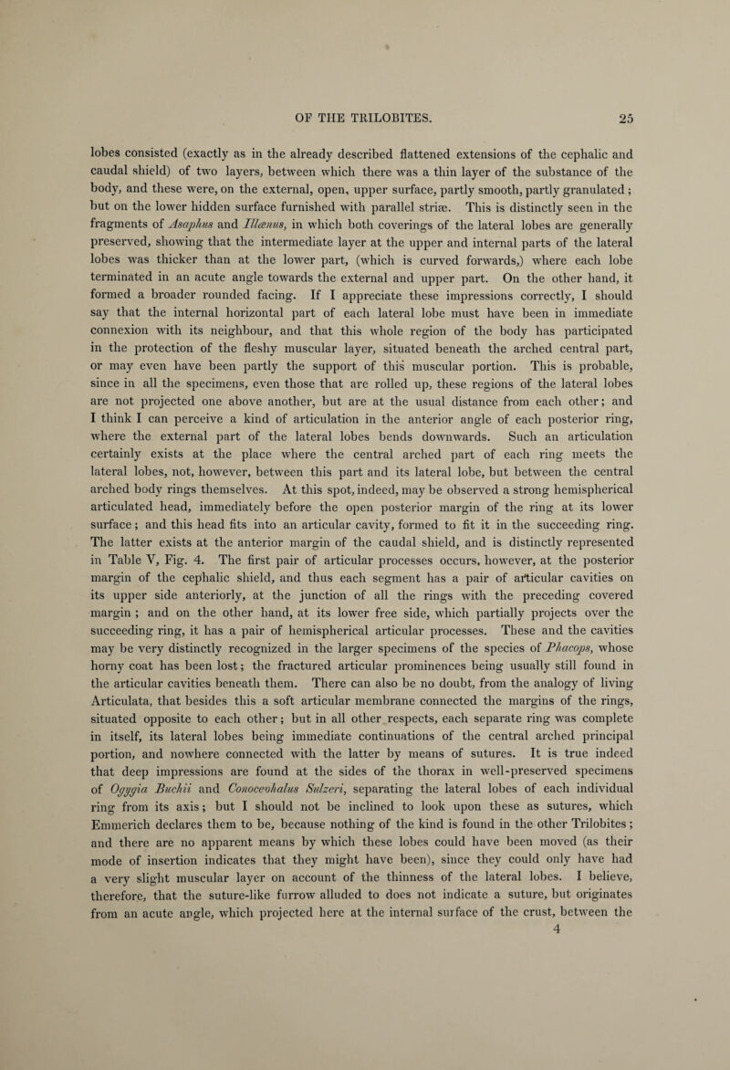 lobes consisted (exactly as in the already described flattened extensions of the cephalic and caudal shield) of two layers, between which there was a thin layer of the substance of the body, and these were, on the external, open, upper surface, partly smooth, partly granulated ; but on the lower hidden surface furnished with parallel striae. This is distinctly seen in the fragments of Asaphus and Illanus, in which both coverings of the lateral lobes are generally preserved, showing that the intermediate layer at the upper and internal parts of the lateral lobes was thicker than at the lower part, (which is curved forwards,) wdiere each lobe terminated in an acute angle towards the external and upper part. On the other hand, it formed a broader rounded facing. If I appreciate these impressions correctly, I should say that the internal horizontal part of each lateral lobe must have been in immediate connexion with its neighbour, and that this whole region of the body has participated in the protection of the fleshy muscular layer, situated beneath the arched central part, or may even have been partly the support of this muscular portion. This is probable, since in all the specimens, even those that are rolled up, these regions of the lateral lobes are not projected one above another, but are at the usual distance from each other; and I think I can perceive a kind of articulation in the anterior angle of each posterior ring, where the external part of the lateral lobes bends downwards. Such an articulation certainly exists at the place where the central arched part of each ring meets the lateral lobes, not, however, between this part and its lateral lobe, but between the central arched body rings themselves. At this spot, indeed, may be observed a strong hemispherical articulated head, immediately before the open posterior margin of the ring at its lower surface; and this head fits into an articular cavity, formed to fit it in the succeeding ring. The latter exists at the anterior margin of the caudal shield, and is distinctly represented in Table V, Fig. 4. The first pair of articular processes occurs, however, at the posterior margin of the cephalic shield, and thus each segment has a pair of articular cavities on its upper side anteriorly, at the junction of all the rings with the preceding covered margin ; and on the other hand, at its lower free side, which partially projects over the succeeding ring, it has a pair of hemispherical articular processes. These and the cavities may be very distinctly recognized in the larger specimens of the species of Phacops, whose horny coat has been lost; the fractured articular prominences being usually still found in the articular cavities beneath them. There can also be no doubt, from the analogy of living Articulata, that besides this a soft articular membrane connected the margins of the rings, situated opposite to each other; but in all other respects, each separate ring wras complete in itself, its lateral lobes being immediate continuations of the central arched principal portion, and nowhere connected with the latter by means of sutures. It is true indeed that deep impressions are found at the sides of the thorax in well-preserved specimens of Ogygia Buchii and Conocevhalus Sulzeri, separating the lateral lobes of each individual ring from its axis; but I should not be inclined to look upon these as sutures, which Emmerich declares them to be, because nothing of the kind is found in the other Trilobites; and there are no apparent means by which these lobes could have been moved (as their mode of insertion indicates that they might have been), since they could only have had a very slight muscular layer on account of the thinness of the lateral lobes. I believe, therefore, that the suture-like furrow alluded to does not indicate a suture, but originates from an acute angle, which projected here at the internal surface of the crust, between the 4