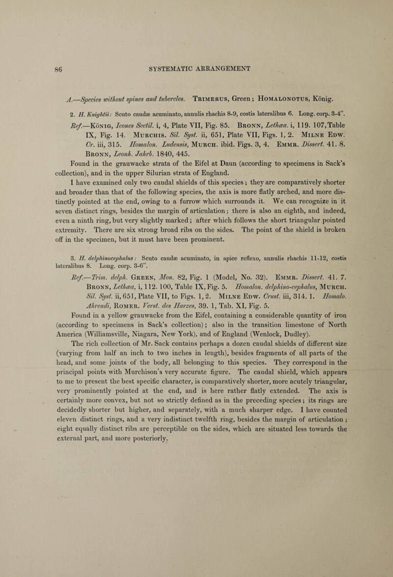 A.—Species without spines and tubercles. Trimerus, Green; Homalonotus, König. 2. H. Kniffhtii: Scuto caudae acuminato, annulis rliacliis 8-9, costis lateralibus 6. Long. corp. 3-4. Ref.—König, leones Sectil. i, 4, Plate VII, Fig. 85. Bronn, Lethcea. i, 119. 107,Table IX, Fig. 14. Murchis. Sil. Syst. ii, 651, Plate VII, Figs. 1, 2. Milne Edw. Cr. iii, 315. Homalon. ludensis, Murch. ibid. Figs. 3, 4. Emmr. Dissert. 41. 8. Bronn, Leonh. Jalirb. 1840, 445. Found in the grauwacke strata of the Eifel at Daun (according to specimens in Sack’s collection), and in the upper Silurian strata of England. I have examined only two caudal shields of this species ; they are comparatively shorter and broader than that of the following species, the axis is more flatly arched, and more dis¬ tinctly pointed at the end, owing to a furrow which surrounds it. We can recognize in it seven distinct rings, besides the margin of articulation; there is also an eighth, and indeed, even a ninth ring, but very slightly marked; after which follows the short triangular pointed extremity. There are six strong broad ribs on the sides. The point of the shield is broken off in the specimen, but it must have been prominent. 3. H. delphinocephalus: Scuto caudae acuminato, in apice reflexo, annulis rliacliis 11-12, costis lateralibus 8. Long. corp. 3-6. Ref.—Trim, delpli. Green, Mon. 82, Fig. 1 (Model, No. 32). Emmr. Dissert. 41. 7. Bronn, Letlicea, i, 112. 100, Table IX, Fig. 5. ITomalon. delphino-ceplialus, Murch. Sil. Syst. ii, 651, Plate VII, to Figs. 1,2. Milne Edw. Crust, iii, 314. 1. Homalo. Ahrendi, Römer. Verst, des Harzes, 39. 1, Tab. XI, Fig. 5. Found in a yellow grauwacke from the Eifel, containing a considerable quantity of iron (according to specimens in Sack’s collection); also in the transition limestone of North America (Williamsville, Niagara, New York), and of England (Wenlock, Dudley). The rich collection of Mr. Sack contains perhaps a dozen caudal shields of different size (varying from half an inch to two inches in length), besides fragments of all parts of the head, and some joints of the body, all belonging to this species. They correspond in the principal points with Murchison’s very accurate figure. The caudal shield, which appears to me to present the best specific character, is comparatively shorter, more acutely triangular, very prominently pointed at the end, and is here rather flatly extended. The axis is certainly more convex, but not so strictly defined as in the preceding species; its rings are decidedly shorter but higher, and separately, with a much sharper edge. I have counted eleven distinct rings, and a very indistinct twelfth ring, besides the margin of articulation ; eight equally distinct ribs are perceptible on the sides, which are situated less towards the external part, and more posteriorly.