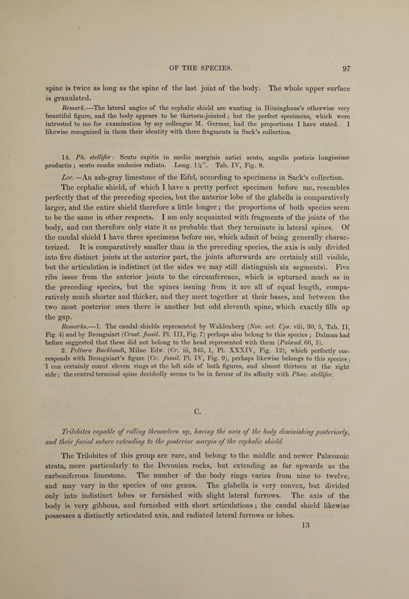 spine is twice as long as the spine of the last joint of the body. The whole upper surface is granulated. Remark.—The lateral angles of the cephalic shield are wanting in Höninghaus’s otherwise very beautiful figure, and the body appears to be thirteen-jointed ; but the perfect specimens, which were intrusted to me for examination by my colleague M. Germar, had the proportions I have stated. I likewise recognized in them their identity with three fragments in Sack’s collection. 14. PA. stellifer: Scuto capitis in medio marginis antici acuto, angulis posticis longissime productis; scuto caudae undecies radiato. Long. \)i. Tab. IY, Fig. 8. Loc. —An ash-gray limestone of the Eifel, according to specimens in Sack’s collection. The cephalic shield, of which I have a pretty perfect specimen before me, resembles perfectly that of the preceding species, but the anterior lobe of the glabella is comparatively larger, and the entire shield therefore a little longer ; the proportions of both species seem to be the same in other respects. I am only acquainted with fragments of the joints of the body, and can therefore only state it as probable that they terminate in lateral spines. Of the caudal shield I have three specimens before me, which admit of being generally charac¬ terized. It is comparatively smaller than in the preceding species, the axis is only divided into five distinct joints at the anterior part, the joints afterwards are certainly still visible, but the articulation is indistinct (at the sides we may still distinguish six segments). Five ribs issue from the anterior joints to the circumference, which is upturned much as in the preceding species, but the spines issuing from it are all of equal length, compa¬ ratively much shorter and thicker, and they meet together at their bases, and between the two most posterior ones there is another but odd eleventh spine, which exactly fills up the gap. Remarks.—1. The caudal shields represented by Wahlenberg (Nov. act. Ups. viii, 30, 5, Tab. II, Fig. 4) and by Brongniart (Crust, fossil. PI. Ill, Fig. 7) perhaps also belong to this species ; Dalman had before suggested that these did not belong to the head represented with them (P alee ad. 66, 5). 2. Peltura Bucklandi, Milne Edw. (Cr. iii, 345, 1, PI. XXXIV, Fig. 12), which perfectly cor¬ responds with Brongniart’s figure (Cr. fossil. PI. IY, Fig. 9), perhaps likewise belongs to this species; I can certainly count eleven rings at the left side of both figures, and almost thirteen at the right side; the central terminal spine decidedly seems to be in favour of its affinity with Phac. stellifer. c. Trilobites capable of rolling themselves up, having the axis of the body diminishing posteriorig, and their facial suture extending to the posterior margin of the cephalic shield. The Trilobites of this group are rare, and belong to the middle and newer Palmozoic strata, more particularly to the Devonian rocks, but extending as far upwards as the carboniferous limestone. The number of the body rings varies from nine to twelve, and may vary in the species of one genus. The glabella is very convex, but divided only into indistinct lobes or furnished with slight lateral furrows. The axis of the body is very gibbous, and furnished with short articulations ; the caudal shield likewise possesses a distinctly articulated axis, and radiated lateral furrows or lobes. 13